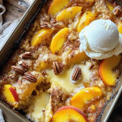 - 2 cans (15 oz each) sliced peaches in syrup - 1 box yellow cake mix - 1/2 cup unsalted butter, melted - 1 tsp cinnamon - 1/2 tsp nutmeg - 1 cup pecans, roughly chopped (optional) - Vanilla ice cream (for serving) These ingredients come together to create a tasty dessert that everyone loves. The peaches bring sweetness, while the cake mix adds a fluffy texture. You can use the pecans for a crunchy twist, but they are optional. I often serve this cake warm with a scoop of vanilla ice cream. The ice cream melts into the warm cake, which makes each bite even better. - Prep Time: 10 minutes - Cook Time: 45-50 minutes - Servings: 8-10 Getting this Peach Cobbler Dump Cake ready takes just 10 minutes. You will then bake it for about 45 to 50 minutes. It serves 8 to 10 people, so it is perfect for gatherings. With its simple steps, you can impress your friends and family with this delightful dessert. You can find the full recipe for more detailed guidance. - Preheat oven to 350°F (175°C). - Spread drained peaches in a 9x13 inch baking dish. Start by draining one can of peaches. You will keep the syrup from the other can. This adds extra flavor and moisture. Make sure the peaches are spread evenly on the bottom of the dish. - Pour syrup and sprinkle cake mix. - Drizzle melted butter and optional pecans. Next, pour the syrup from the second can over the peaches. Now, take your yellow cake mix and sprinkle it evenly on top. I like to combine cinnamon and nutmeg with the cake mix for added flavor. After that, drizzle the melted butter on top of the cake mix. This step is key for a nice, even bake. If you want, you can add chopped pecans for crunch. - Bake until golden brown and bubbly. - Cool and prepare for serving. Place the dish in the oven and bake for about 45-50 minutes. Keep an eye on it. You want the top to turn golden brown and the edges to be bubbly. Once it’s done, take it out and let it cool for a few minutes. This helps set the layers and makes it easier to serve. Enjoy your Peachy Dreams Dump Cake warm, ideally with a scoop of vanilla ice cream on top! For the Full Recipe, refer back to the ingredients and steps provided. To get a great Peach Cobbler Dump Cake, an even bake is key. First, make sure your oven is fully preheated to 350°F (175°C). This helps your cake rise evenly. Use a 9x13 inch baking dish. Spread the drained peaches evenly on the bottom. This step helps keep the cake moist. If you want easy cleanup, line your baking dish with parchment paper. This step is not necessary, but it makes serving easier. Just make sure to leave some paper hanging over the edges. This way, you can lift the cake out easily when it's done. I love to serve this cake warm. It pairs perfectly with a scoop of vanilla ice cream. The cold ice cream melts slightly, making a delicious blend with the warm cake. For a fun touch, sprinkle some cinnamon on top before serving. You can also add fresh mint leaves for a pop of color. This not only looks nice but adds a fresh flavor. Serve your Peach Cobbler Dump Cake in bowls for a cozy feel. Enjoy your delightful creation! {{image_2}} You can switch up the fruit in this cake. Try cherries for a tart twist. Blueberries add a nice pop of color and flavor. Apples give a classic taste that many love. You can also mix these fruits together. A blend of peaches and berries creates a fun flavor. Each fruit brings its own charm to the dish. If you want a gluten-free option, look for a gluten-free cake mix at the store. There are many great brands available now. You can also make your own cake mix. Use flour, sugar, baking powder, and salt to create a custom mix. This way, you control the taste and texture. Making your own adds a personal touch to your Peach Cobbler Dump Cake. To keep your Peach Cobbler Dump Cake fresh, store it in an airtight container. This helps prevent it from drying out. You can also cover it tightly with plastic wrap. Keep the dessert in the fridge for up to four days. If you want to store it longer, freezing is a great option. Cut the cake into smaller pieces. Wrap each piece in foil and place them in a freezer-safe bag. This way, you can enjoy your dessert later! When you want to eat your leftover dump cake, reheating is key. The best way to reheat it is in the oven. Preheat your oven to 350°F (175°C). Place the cake in an oven-safe dish and cover it with foil. Heat it for about 15-20 minutes. This method helps keep it warm without making it soggy. You can also use a microwave. Heat individual servings for 30 seconds to 1 minute. Just be careful not to overheat, or it may lose its nice texture. Enjoy your warm, delicious dessert! Can I make this recipe in advance? Yes, you can! Prepare the Peach Cobbler Dump Cake ahead of time. Just store it in the fridge after baking. You can reheat it before serving. This dessert tastes great warm with ice cream. How do I make it less sweet? To reduce sweetness, use fresh peaches instead of canned ones. You can also cut back on the syrup or use a sugar-free cake mix. These changes keep the flavor while making it less sugary. Is it possible to use fresh peaches instead of canned? Absolutely! Fresh peaches can give your dump cake a great taste. Just peel and slice them. Use about 4-5 medium peaches for this recipe. You may need to add a bit of sugar to balance the tartness. One serving of Peach Cobbler Dump Cake has about 300 calories. The exact count can vary based on the brand of cake mix and the amount of butter used. Dietary considerations: - Gluten-free: You can use a gluten-free cake mix. - Vegetarian: This recipe is vegetarian-friendly as it contains no meat or animal products. Make sure to check labels if you have dietary needs. Enjoy this tasty treat while being mindful of what you eat! This blog post covered a simple and tasty Peach Cobbler Dump Cake recipe. You learned about the easy ingredients, quick prep time, and step-by-step baking process. I shared tips for serving and variations to make the dish your own. Proper storage and reheating methods were also discussed. Remember, this dessert shines when served warm with ice cream. Try different fruits or cake mixes for new flavors. Enjoy making this delightful treat that is sure to impress friends and family!