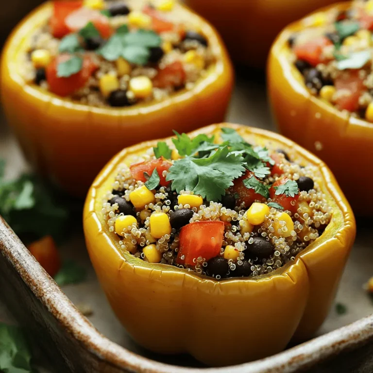 - 4 large bell peppers (any color) - 1 cup quinoa, rinsed - 2 cups vegetable broth - 1 can black beans, drained and rinsed - 1 cup corn kernels (fresh or frozen) - 1 small red onion, diced - 2 cloves garlic, minced - 1 tablespoon olive oil - 1 teaspoon cumin - 1 teaspoon smoked paprika - Salt and pepper to taste - 1 cup diced tomatoes (canned or fresh) - Fresh cilantro or parsley for garnish Stuffed bell peppers are a great choice for a tasty meal. You can use any color of bell peppers. Green, red, yellow, or orange—each adds a unique flavor. I love using quinoa in this dish. Quinoa is a superfood packed with protein and fiber. It also helps fill you up. Using vegetable broth instead of water gives the quinoa more flavor. The black beans add protein and texture. Corn brings a sweet crunch, while diced tomatoes keep everything juicy. The red onion and garlic create a base of flavor that you can’t skip. Olive oil adds richness and helps to sauté the onion and garlic. Spices like cumin and smoked paprika give the filling warmth and depth. Don’t forget salt and pepper to enhance all the flavors. Finally, fresh herbs like cilantro or parsley make the dish look beautiful. They also add a fresh taste. You can find the full recipe details above for all the steps to make these delicious stuffed bell peppers. 1. Boil two cups of vegetable broth in a medium saucepan. 2. Add one cup of rinsed quinoa to the boiling broth. 3. Lower the heat and cover. Simmer for about 15 minutes. The quinoa will be fluffy when done. 1. Heat one tablespoon of olive oil in a skillet over medium heat. 2. Add one diced red onion and sauté for 3–4 minutes until soft. 3. Mix in two minced garlic cloves and sauté for another minute. 4. In a large bowl, combine the cooked quinoa, sautéed onion, black beans, corn, diced tomatoes, cumin, smoked paprika, salt, and pepper. Stir well to mix all the flavors together. 1. Cut the tops off four large bell peppers and remove the seeds. 2. Place the peppers cut side up in a baking dish. 3. Generously fill each pepper with the quinoa mixture, pressing lightly to pack it in. 1. Cover the baking dish with foil and bake in a preheated oven at 375°F (190°C) for 25 minutes. 2. After 25 minutes, take off the foil. Bake for an extra 10 minutes for browning. 3. Once done, let cool for a few minutes before serving. 4. For the full recipe, refer to the earlier sections. To cook quinoa well, you should use broth instead of water. This gives the quinoa a richer flavor. Always rinse quinoa thoroughly before cooking. Rinsing removes bitterness, making it taste better. Sauté your spices in olive oil for better taste. This simple step brings out their full flavor. Feel free to adjust seasoning to match your taste. You might want more salt or pepper, depending on your preference. Choose colorful bell peppers for a nice look on your plate. Bright colors make your meal more inviting. When you cut the peppers, do it evenly. This helps them cook at the same rate, ensuring each bite is perfect. Check out the Full Recipe for a detailed guide on making stuffed bell peppers with quinoa! {{image_2}} You can change the protein in your stuffed peppers. Ground turkey or chicken works great. They add a nice flavor and texture. If you prefer a vegetarian option, try tofu or tempeh. Both add protein and soak up the spices well. Feel free to add more veggies to your mixture. Spinach or kale boosts the nutrition. They add vitamins and color. For a nice texture, use zucchini or mushrooms. These vegetables blend well with the quinoa and give extra taste. Adjusting spice can change the whole dish. If you like heat, add chili powder. It gives a nice kick. For a fresh taste, use fresh herbs like cilantro or parsley. They brighten the flavors and add a pop of color. After you enjoy your stuffed bell peppers, store any leftovers in airtight containers. This keeps them fresh and tasty. You can keep them in the fridge for up to 3-4 days. Just make sure they cool down before sealing them. When you're ready to eat, just reheat them in the oven or microwave. You can also freeze stuffed peppers before baking them. This way, you can enjoy a warm meal later. Just wrap each pepper tightly in plastic wrap or foil. When you're ready to enjoy them, thaw the peppers in the fridge overnight. After they thaw, bake them according to your recipe. It’s a great way to save time and still have a delicious meal on hand! Yes, you can prepare and refrigerate or freeze them. This saves time for busy days. Just make sure to store them in airtight containers. When you’re ready to eat, you can bake them straight from the fridge or thaw them first if frozen. This makes meal prep easy and fun! Rice or couscous can be used as substitutes. Both options work well and add their own flavors. Brown rice can give a nutty taste, while couscous cooks quickly and absorbs sauces nicely. Feel free to experiment with these grains based on your taste or what you have on hand! Packed with veggies and protein, they're a nutritious meal option. The bell peppers provide vitamins A and C. Quinoa offers protein and fiber. Black beans add more protein and minerals. Each bite is not only tasty but also good for your body! Enjoy guilt-free indulgence with every stuffed pepper. For the full recipe, check out the Full Recipe section! Stuffed peppers are an easy, healthy meal. You learned how to prepare the filling, stuff the peppers, and bake them perfectly. Remember to adjust seasonings to match your taste. You can add meats or veggies for extra flavor and nutrition. Store leftovers for later or freeze them for future meals. I hope you enjoy making these tasty dishes as much as I do!