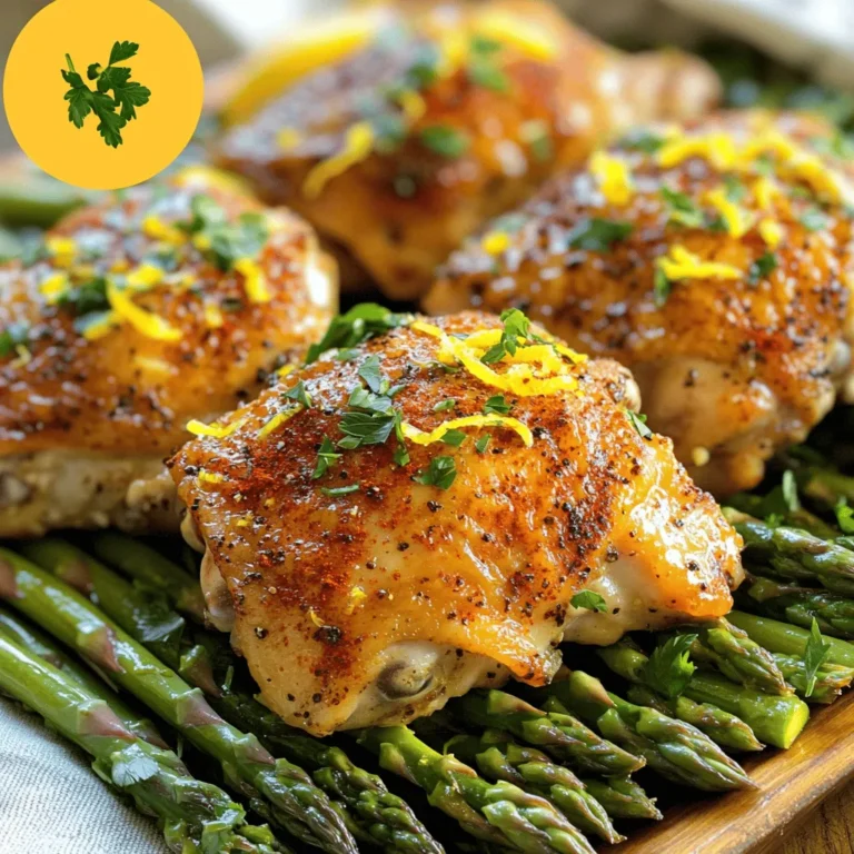- 4 boneless, skinless chicken thighs - 1 bunch asparagus, trimmed - 4 cloves garlic, minced - 1 lemon, zested and juiced - 2 tablespoons olive oil - 1 teaspoon dried oregano - 1 teaspoon paprika - Salt and pepper to taste - Fresh parsley, chopped (for garnish) The ingredients in this dish create a balance of flavors. The chicken thighs give a rich taste, while the asparagus adds a fresh crunch. Garlic brings a lovely aroma, and lemon offers a bright zest. - Calories per serving: Approximately 300 calories - Macronutrient breakdown: - Protein: 25g - Fats: 15g - Carbs: 10g This meal remains nutritious and simple. It packs in protein and fiber, making it great for a balanced diet. The healthy fats from olive oil support heart health. You can find the full recipe above for more details on preparing this delightful dish! - Preheat the oven to 400°F (200°C). - Prepare the marinade for the chicken. Start by preheating your oven. This step is key to getting that perfect cook. While the oven warms up, you can whip up a simple marinade. In a large bowl, mix together olive oil, minced garlic, lemon zest, lemon juice, oregano, paprika, salt, and pepper. This mix brings bright flavor to the chicken. - Marinate the chicken. - Arrange asparagus in the pan. - Combine chicken and asparagus and bake. After mixing the marinade, add the chicken thighs. Make sure each piece is well-coated. Let them sit for about 15 minutes. While the chicken absorbs the flavors, prepare the asparagus. Place it in an oven-safe pan and drizzle with olive oil, salt, and pepper. Toss to coat. This step ensures the asparagus cooks evenly. Once the chicken is ready, nestle it right on top of the asparagus. Now, place the pan into your preheated oven. Bake for 25-30 minutes. The chicken should reach an internal temp of 165°F (75°C) when done. Keep an eye on it to ensure it cooks perfectly. - Broiling for a golden crust. - Garnishing before serving. For a lovely finish, broil the dish for 2-3 minutes. This gives the chicken a delightful golden crust. After broiling, take it out of the oven and let it rest for a few minutes. This resting time helps keep the juices inside the chicken. Finally, garnish with fresh parsley for a pop of color and flavor. And there you have it, a beautiful One-Pan Lemon Garlic Chicken and Asparagus delight! For more details, make sure to check the Full Recipe. To make sure your chicken is cooked through, use a meat thermometer. The chicken should reach an internal temperature of 165°F (75°C). This ensures it’s juicy and safe to eat. If you don’t have a thermometer, cut into the thickest part of the chicken. The juices should run clear, not pink. The best temperature for baking is 400°F (200°C). This temperature cooks the chicken evenly. If you want a crispy top, broil it for 2-3 minutes at the end. Keep a close eye on it to avoid burning. Pair this dish with easy sides. A light salad or roasted potatoes works well. You can also serve it with rice or quinoa for a filling meal. For plating, place the chicken on a bed of asparagus. Add a drizzle of the pan juices for extra flavor. A sprinkle of fresh parsley on top adds a nice touch. One common mistake is overcooking the chicken. This can make it dry and tough. Keep an eye on the cooking time. Use the thermometer to check if it’s done. Another mistake is under-seasoning the ingredients. The marinade adds great flavor, but don’t be shy with salt and pepper. Taste the marinade before using it. Adjust it to your liking for the best results. For the full recipe, check out the details above. Enjoy your cooking! {{image_2}} You can switch up the chicken thighs for chicken breasts or even tofu. These swaps keep the dish fresh and exciting. If you want new veggies, try using green beans or bell peppers. They add color and crunch. Both options work well with the lemon and garlic flavors. Adding herbs can boost flavor. Try thyme or rosemary for a fragrant twist. You can also mix in spices like cumin or chili powder. These spices add depth to the dish. Play around with what you have in your spice rack. For gluten-free options, this recipe is already safe. Just make sure your spices are gluten-free. If you want low-carb choices, skip the chicken and use only asparagus. You can also serve it with a salad for a light meal. Each variation keeps the dish healthy and tasty. To keep your One-Pan Lemon Garlic Chicken and Asparagus fresh, follow these steps: - Refrigerating: Place leftovers in an airtight container. Store in the fridge for up to three days. This keeps the chicken juicy and the asparagus crisp. - Freezing: For longer storage, freeze the dish. Use a freezer-safe container or heavy-duty freezer bag. Squeeze out as much air as you can before sealing. When you want to enjoy your leftovers, try these methods: - Microwave: Place your portion on a microwave-safe plate. Cover it with a damp paper towel. Heat for 1-2 minutes, checking in between. Make sure it's heated all the way through. - Oven: Preheat the oven to 350°F (175°C). Place the dish in an oven-safe dish. Cover with foil and heat for about 15-20 minutes. This method keeps the chicken moist. Here’s how long your dish lasts: - In the fridge: 3 days - In the freezer: Up to 3 months This makes it easy to plan meals ahead of time while reducing food waste. For the full recipe, check the complete ingredients and steps above. Cook the chicken and asparagus for about 25 to 30 minutes. The chicken should reach 165°F (75°C) to be safe to eat. To check if it’s done, use a meat thermometer in the thickest part of the chicken. If you want a golden crust, broil it for an extra 2-3 minutes. This adds flavor and a nice texture. Yes, you can swap in other veggies! Green beans or bell peppers work well. You can even use zucchini or broccoli. Just make sure to cut them to similar sizes for even cooking. Add them to the pan in the same way as asparagus. This dish looks great on a white plate. Place the chicken on top of the asparagus. Drizzle with some extra lemon juice for brightness. You can also sprinkle fresh parsley on top for color. Serve with some crusty bread or a side salad to complete the meal. You can prep this meal in advance! Marinate the chicken and store it in the fridge for up to 24 hours. Just remember to keep the asparagus separate until you cook it. This keeps them fresh and crisp. When you're ready to cook, arrange everything in the pan and bake. Yes, this recipe is quite healthy! Chicken thighs provide protein, while asparagus is full of vitamins. Olive oil offers healthy fats. This dish is lower in carbs and high in flavor. Plus, it's packed with fresh ingredients. Eating this can help you feel good and satisfied! For the full recipe, check the earlier section. This blog post shared a simple and tasty recipe for One-Pan Lemon Garlic Chicken and Asparagus. We covered ingredients, cooking steps, and helpful tips to make your meal perfect. Remember to check your chicken’s doneness and avoid overcooking. You can also switch up the veggies or spices for more flavor. This dish is both healthy and easy to prep, making it great for any dinner. With proper storage, your leftovers can last a week. Enjoy cooking and experimenting with this delightful recipe!