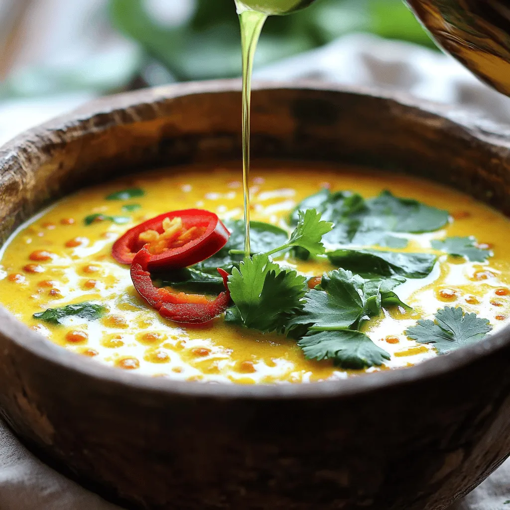To make Coconut Curry Lentil Soup, you will need: - 1 tablespoon coconut oil - 1 onion, finely chopped - 3 cloves garlic, minced - 1 tablespoon fresh ginger, grated - 1 tablespoon red curry paste - 1 cup dried red lentils, rinsed - 1 (14 oz) can coconut milk - 4 cups vegetable broth - 2 cups spinach, roughly chopped - 1 tablespoon soy sauce (or tamari for gluten-free) - Juice of 1 lime - Salt and pepper to taste - Fresh cilantro, for garnish - Sliced chili (optional, for heat) If you need to swap any ingredients, here are some ideas: - Use olive oil instead of coconut oil for sautéing. - Swap red lentils for green or brown lentils, but adjust cooking time. - You can use fresh curry paste or powder instead of red curry paste. - Replace vegetable broth with chicken broth for a non-vegetarian version. Garnishes can make your soup even better. Here are some tasty options: - Fresh herbs like cilantro or basil add a burst of flavor. - Sliced green onions can add a nice crunch. - For heat, drizzle chili oil on top or add sliced chili. - A dollop of yogurt or coconut cream can add creaminess and coolness. These small touches can elevate your Coconut Curry Lentil Soup to new heights! For the complete recipe, check out the [Full Recipe]. 1. Heat the oil: Start by heating 1 tablespoon of coconut oil in a large pot over medium heat. This oil adds flavor and helps cook the onions. 2. Sauté the onion: Add 1 finely chopped onion. Cook it for about 5 minutes until it turns soft and clear. Stir often to avoid burning. 3. Add garlic and ginger: Next, mix in 3 minced garlic cloves and 1 tablespoon of grated ginger. Stir for 2 minutes to let the flavors bloom. 4. Incorporate curry paste: Add 1 tablespoon of red curry paste to the pot. This gives the soup its rich flavor. Stir well for another minute. 5. Mix in lentils: Pour in 1 cup of rinsed red lentils. Stir them to coat with the onion and spice mix. This step helps the lentils absorb flavors. 6. Add liquids: Pour in 1 can (14 oz) of coconut milk and 4 cups of vegetable broth. Bring this mixture to a boil. 7. Simmer: Once boiling, reduce the heat to low. Let it simmer uncovered for about 20-25 minutes, or until the lentils are soft. Stir occasionally to prevent sticking. 8. Add spinach and soy sauce: Stir in 2 cups of roughly chopped spinach and 1 tablespoon of soy sauce. Cook for 5 more minutes until the spinach wilts. 9. Finish with lime juice: Remove the pot from heat. Squeeze the juice of 1 lime into the soup. Season with salt and pepper to taste. 10. Serve: Ladle the soup into bowls. Garnish with fresh cilantro and optional sliced chili for heat. These steps ensure you create a delicious Coconut Curry Lentil Soup. Each step builds flavor and texture. - Prep Time: This soup takes about 10 minutes to prep. - Total Time: The entire cooking process takes around 40 minutes. Recommended tools and equipment: - A large pot for cooking - A wooden spoon for stirring - A knife and cutting board for chopping These tools help you work efficiently and safely in the kitchen. Enjoy the process and the wonderful smells! For the full recipe, refer to the earlier sections. To make your Coconut Curry Lentil Soup great, here are some tips. First, avoid overcooking the lentils. They should be soft but not mushy. Keep an eye on them as they simmer. Second, taste as you go. You can adjust the flavors to your liking. If you want more heat, add sliced chili or more curry paste. For a fresher taste, a splash of lime juice brightens the soup. To save time, start by chopping all your ingredients first. This way, you can cook faster. You can also use canned lentils to cut cooking time significantly. If you want to meal prep, this soup freezes well. Make a big batch and store it in portions. Then, you can just reheat it when you need a quick meal. For easy reheating, use the microwave or a pot on low heat. For the full recipe, check the detailed instructions. {{image_2}} You can make Coconut Curry Lentil Soup your own. Start by swapping ingredients based on your needs. If you want a creamier soup, use full-fat coconut milk instead of light. You can also use chickpeas instead of lentils for a different taste. If you're going vegan, replace soy sauce with tamari for a gluten-free option. Want more protein? Add cooked chicken, shrimp, or tofu. If you like more veggies, toss in carrots, bell peppers, or kale. These swaps add flavor and keep things fresh. Feel free to mix and match based on what you have on hand. Curry has many styles, and you can explore them in this soup. For a Thai twist, add basil and lime leaves. If you prefer Indian flavors, use garam masala and coriander. Each spice adds a unique taste, making the soup exciting. You can also adapt the soup to the seasons. In summer, add fresh tomatoes and zucchini for a light touch. In winter, try adding root vegetables like sweet potatoes or parsnips. These changes keep the soup vibrant and flavorful all year round. For the full recipe, check out the detailed instructions above. To store your leftover Coconut Curry Lentil Soup, let it cool first. Once cool, pour it into an airtight container. This keeps the soup fresh for up to five days in the fridge. When reheating, use a pot on low heat. Stir often to keep it from sticking. You can also add a splash of broth or coconut milk to help bring back the creamy texture. If you want to freeze the soup, use a freezer-safe container. Leave some space at the top for expansion. The soup stays good for about three months in the freezer. To thaw, place it in the fridge overnight or use the microwave on low. When reheating, make sure to heat it thoroughly. Stir well to mix any separated ingredients. Enjoy your cozy soup anytime you want! Can I use other lentil types? Yes, you can use other lentil types. Green or brown lentils work well. They take longer to cook, so adjust your time. Red lentils break down and thicken the soup nicely. Is this recipe suitable for meal prep? Absolutely! This soup stores well in the fridge. You can make it in advance and enjoy it later. Just cool it completely before storing. It lasts for up to five days. How to adjust for spice level? To control the spice, add less red curry paste at first. You can always add more later. For extra heat, include sliced chili when serving. Taste as you go to find your perfect level. This Coconut Curry Lentil Soup is both tasty and healthy. One serving has about 300 calories. It packs in protein from the lentils and healthy fats from the coconut milk. Health benefits of the ingredients used: - Lentils: High in protein and fiber. They help keep you full and support digestion. - Coconut milk: Contains healthy fats that boost energy. It also aids in nutrient absorption. - Spinach: Full of vitamins A and C, along with iron. It supports your immune system. - Garlic and ginger: Both are natural anti-inflammatories. They can help with digestion and boost immunity. Together, these ingredients create a comforting meal that nourishes your body and warms your soul. For the full recipe, check out the details above! Coconut Curry Lentil Soup is an easy recipe with rich flavors. We covered essential ingredients and substitutes. I shared tips to make cooking simple and quick. You can customize the soup to fit your taste and diet. Proper storage will keep leftovers tasty. With the FAQs answered, you have all the info needed to enjoy this dish. Now, get cooking and savor every bite of this delicious meal!