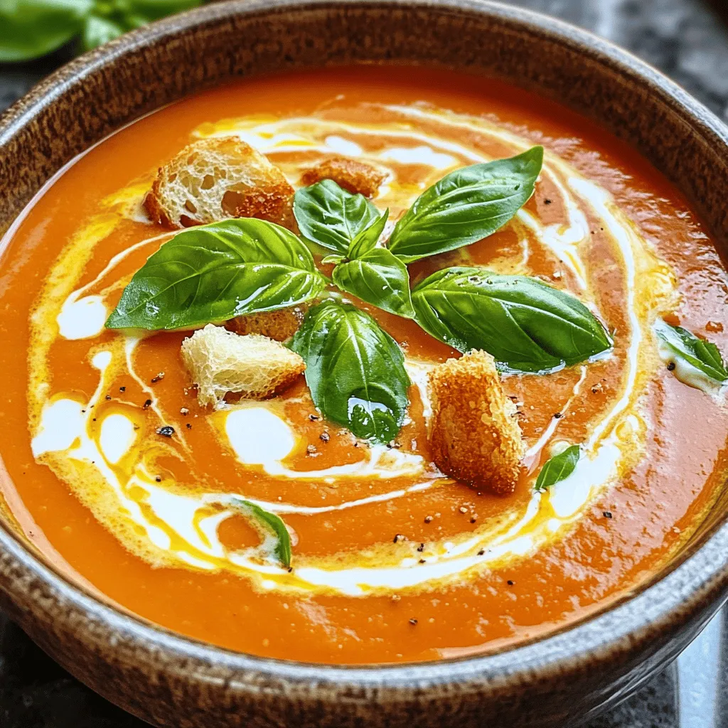 To make a rich and tasty creamy tomato basil soup, you will need these ingredients: - 2 tablespoons olive oil - 1 medium onion, diced - 3 garlic cloves, minced - 28 ounces canned whole tomatoes, with their juice - 2 cups vegetable broth - 1 teaspoon sugar - 1 teaspoon dried oregano - Salt and pepper to taste - 1 cup heavy cream or coconut cream for a dairy-free option - Fresh basil leaves, chopped (about 1/4 cup) - Optional: Croutons for garnish When measuring your ingredients, use the right tools. A dry measuring cup works best for solids like diced onion. For liquids, use a liquid measuring cup to get it just right. If you want to be even more precise, use a kitchen scale. This helps when you need exact amounts, especially for canned tomatoes or cream. You can easily swap some ingredients to fit your needs. If you want a vegan option, use coconut cream instead of heavy cream. You can also use low-sodium vegetable broth for a lighter soup. If you’re allergic to tomatoes, try using roasted red peppers as a base. For a gluten-free meal, check your broth labels to avoid any hidden gluten. This creamy tomato basil soup is easy to make and even easier to enjoy. You can find the full recipe above to get started! To make creamy tomato basil soup, start by heating 2 tablespoons of olive oil in a large pot over medium heat. Add 1 medium diced onion and sauté it for about 5 minutes. You want the onion to be soft and clear. Then, stir in 3 minced garlic cloves and cook for 1 more minute. Be careful not to let the garlic burn; it can ruin the flavor. Next, add 28 ounces of canned whole tomatoes, including their juice, and 2 cups of vegetable broth. Mix in 1 teaspoon of sugar and 1 teaspoon of dried oregano. This combination brings out the best taste in tomatoes. Bring the soup to a gentle simmer. Let it cook for 15 to 20 minutes. Stir it occasionally; this helps everything blend together well. After simmering, it’s time to blend the soup. I use an immersion blender for this, as it is easier and safer. If you don’t have one, pour the soup into a regular blender in batches. Just remember to let it cool a bit first to avoid any splashes. Once blended, put the soup back in the pot and stir in 1 cup of heavy cream or coconut cream for a dairy-free option. Warm it gently but do not boil. Season with salt and pepper to your taste. Right before serving, stir in about 1/4 cup of freshly chopped basil. For a smooth soup, blending is key. If using an immersion blender, keep it submerged and move it around. This ensures all parts get blended evenly. If using a regular blender, fill it only halfway. Hot soup can expand and cause spills. Always cover the lid with a kitchen towel to catch any splatters while blending. Cook time can vary. If you want deeper flavors, let the soup simmer longer. Just make sure to stir it to prevent sticking. You can also adjust the cook time based on how thick you want the soup. For a thicker soup, simmer longer without a lid. If you prefer it thinner, add more vegetable broth. Experiment to find your perfect balance! This creamy tomato basil soup is simple and comforting, perfect for any meal. For a detailed recipe, check out the Full Recipe. To boost the flavor of your creamy tomato basil soup, start with fresh herbs. Fresh basil adds a bright taste that dried herbs can't match. When you chop basil, do it just before adding it to the soup. This keeps its oils fresh and fragrant. Also, try roasting your tomatoes before adding them. It brings out their sweetness and depth. One common mistake is overcooking the garlic. It can turn bitter if you cook it too long. Add it after the onions are soft. Another mistake is not blending enough. A smooth texture makes the soup creamy and rich. If you don't blend well, you may miss out on that perfect mouthfeel. You can easily change this soup to fit your taste. Want a spicier kick? Add red pepper flakes when you sauté the onions. For a smoky flavor, toss in some smoked paprika. If you like a bit of tang, squeeze in some lemon juice before serving. You can also swap regular cream for coconut cream for a dairy-free option. For a heartier meal, stir in cooked pasta or quinoa. For more ideas, check out the Full Recipe! {{image_2}} To make a vegan creamy tomato basil soup, swap heavy cream with coconut cream. Coconut cream adds a rich taste without dairy. The rest of the recipe stays the same. You can still enjoy that creamy texture with plant-based goodness. Use fresh herbs for the best flavor. If you need a gluten-free soup, no worries. The main ingredients are naturally gluten-free. Just ensure your broth is gluten-free. You can use vegetable broth from a trusted brand. This way, you can enjoy this hearty soup without any gluten issues. This soup works well for many occasions. For a cozy night, pair it with crusty bread. It also shines at gatherings with a fresh salad. For a fun twist, serve it with grilled cheese sandwiches. You can have a classic combo that everyone loves. You can find the full recipe to explore more ideas. To store leftover creamy tomato basil soup, let it cool first. Then, pour it into an airtight container. Make sure to seal the lid tightly. This keeps the soup fresh and prevents any odors from mixing in. Store it in the fridge for up to three days. If you want to enjoy it later, freezing is a great option. If you wish to freeze your soup, use freezer-safe containers. Leave some space at the top, as the soup may expand when frozen. You can also use freezer bags for easy storage. Just remember to label them with the date. The soup can stay fresh for up to three months. Thaw it overnight in the fridge before reheating. When it's time to enjoy your soup, reheat it gently. You can use a pot on the stove over low heat. Stir it often to prevent sticking. If you prefer, you can microwave it in a bowl. Heat in short intervals, stirring in between to ensure even warmth. Adjust the texture by adding a splash of broth or cream if needed, making it just as creamy as before. Creamy tomato basil soup lasts about 3 to 5 days in the fridge. Store it in an airtight container. This keeps it fresh and tasty. Always check for any off-smell or change in color before eating. If you notice anything strange, it’s best to toss it out. Yes, you can make this soup ahead of time. It actually tastes better the next day. Prepare the soup and let it cool. Then, store it in the fridge. When you’re ready to eat, just reheat it gently on the stove. Stir in the fresh basil right before serving for the best flavor. You can serve many things with creamy tomato basil soup. Here are some great ideas: - Grilled cheese sandwiches - Crusty bread or baguette - Salad with fresh greens - Garlic bread for a tasty side - Croutons for extra crunch These sides make the meal more filling and fun. Try different combinations to find your favorite pairing! For the full recipe, check the [Full Recipe]. Creamy tomato basil soup is simple and delicious. We covered the right ingredients, cooking steps, and tips for best flavor. Remember to adjust for your tastes and special diets. You saw ways to store leftovers and enjoy this soup anytime. By following the steps, you can create a warming dish that everyone will love. Enjoy your cooking and share this delight with others!