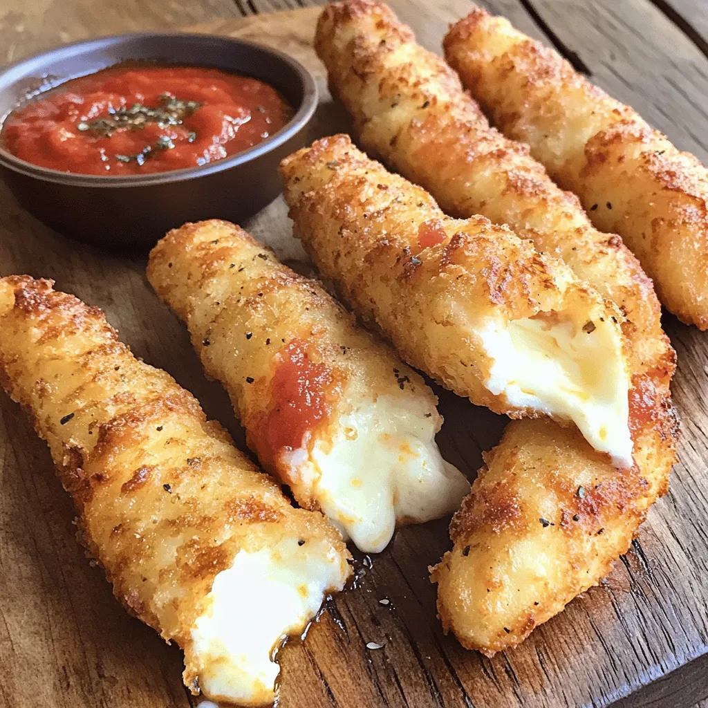 - 12 string cheese sticks - 1 cup all-purpose flour - 2 large eggs, beaten - 1 cup breadcrumbs (seasoned or panko) - 1 teaspoon garlic powder - 1 teaspoon onion powder - 1 teaspoon dried oregano - 1/2 teaspoon paprika - Salt and pepper to taste - Oil for frying - Marinara sauce for dipping Gathering the right ingredients is key for your mozzarella sticks. I love using string cheese for its melty goodness. The flour will help the egg stick, while the breadcrumbs give that perfect crunch. I often use panko for an extra crispy layer. Seasonings like garlic powder, onion powder, and oregano add depth to the flavor. Don't forget the salt and pepper; they enhance everything! You’ll want some good oil for frying. Vegetable or canola oil works best since they have a high smoke point. Finally, have marinara sauce ready for dipping. It adds a nice tang and balances the richness of the cheese. This combination of ingredients creates a crunchy and cheesy delight that everyone loves. For the full recipe, check out the detailed instructions! How to freeze cheese sticks Start by cutting each string cheese stick in half. You will have 24 shorter sticks. Place them on a baking sheet lined with parchment paper. Freeze the cheese sticks for about 30 minutes. This helps them hold their shape when frying. Setting up the breading station While the cheese sticks freeze, set up your breading station. Use three bowls: - In the first bowl, add 1 cup of all-purpose flour. - In the second bowl, beat 2 large eggs. - In the third bowl, mix 1 cup of breadcrumbs with 1 teaspoon of garlic powder, 1 teaspoon of onion powder, 1 teaspoon of dried oregano, 1/2 teaspoon of paprika, and salt and pepper to taste. Step-by-step coating process Once the cheese sticks are firm, take them out of the freezer. Dip each frozen stick into the flour first. Make sure to coat it evenly. Next, dip it into the beaten eggs. Finally, roll it in the breadcrumb mix, pressing gently to stick. Double-dipping technique for extra crunch For an extra crunchy layer, use the double-dipping technique. After the first breadcrumb coating, dip the cheese stick back into the egg. Then, roll it in the breadcrumbs again. This gives you a thicker, crunchier coating. Correct oil temperature Heat oil in a deep skillet over medium heat. Aim for about 350°F (175°C). This is the right temperature for frying. Too hot, and the outside burns before the cheese melts. Frying in batches Fry the mozzarella sticks in batches to avoid overcrowding. Place a few cheese sticks into the hot oil at a time. Cook each side for about 1-2 minutes until they turn golden brown. Use a slotted spoon to remove them and drain on a paper towel. Now you're ready to serve warm mozzarella sticks with marinara sauce for dipping! If you want the full recipe, check out the [Full Recipe]. To get that crunchy outside, freezing is key. Freeze your cheese sticks for about 30 minutes before frying. This step helps them hold shape and stay gooey inside. Using the right breadcrumbs makes a big difference. I love using panko breadcrumbs. They give a great crunch. You can also use seasoned breadcrumbs for extra flavor. One mistake is overcrowding the pan. Fry in small batches to keep the heat even. If you add too many sticks, they won’t fry well. Another mistake is timing. You want them golden brown, not burnt. Fry each side for about 1-2 minutes. Keep an eye on them to avoid undercooking or overcooking. For the best taste, pair your sticks with marinara sauce. The rich sauce complements the cheese perfectly. You can get creative with dips too! Try ranch, garlic aioli, or spicy mustard for something different. These add fun flavors to your snack. For the full recipe, check out the detailed steps above! {{image_2}} Fried mozzarella sticks are crispy and golden. The hot oil gives them a crunchy bite. You cook them in oil at about 350°F. This method makes the cheese melt fast, creating a gooey center. Baked mozzarella sticks are healthier but need a few tweaks. You can brush them with oil before baking. This helps them brown nicely in the oven at 400°F. Baking takes longer, about 10-15 minutes, but they still taste great. You can spice things up with jalapeños. Chop them finely and mix them into the breadcrumb mix. This adds a kick that pairs well with the creamy cheese. Herb-seasoned breadcrumbs are another fun twist. Add dried herbs like basil or thyme to your breadcrumbs. This gives a fresh flavor that elevates each bite. Not a fan of mozzarella? Try other cheeses! String cheese is great, but cheddar adds a sharp taste. Pepper jack brings a spicy kick. For a twist, use gouda for a creamy, smoky flavor. Experimenting with cheese keeps it exciting. Each cheese brings its own magic to your mozzarella sticks. You can find your favorite flavor by mixing and matching. To keep your mozzarella sticks fresh, store them in the fridge. Place them in an airtight container. This method helps maintain their taste and texture. They should stay good for about 3-4 days. If you want to keep them longer, freezing is a great option. To freeze mozzarella sticks, first, let them cool completely after frying. Once cool, arrange them in a single layer on a baking sheet. This step prevents them from sticking together. Freeze them for about 1-2 hours. After they freeze, transfer the sticks to a freezer bag. Remove as much air as possible before sealing. They can last up to 3 months in the freezer. When it's time to enjoy your leftovers, reheating is key. The best way to reheat mozzarella sticks is in the oven. Preheat your oven to 400°F (200°C). Place the sticks on a baking sheet. Bake for about 10-12 minutes until they are hot and crispy again. If you’re short on time, you can also use a microwave. However, the microwave may make them a bit soggy. Heat them in 30-second bursts. Check them often to avoid overcooking. For a quick fix, you can reheat them in a skillet over medium heat. This method helps to restore some crispiness while warming them through. Enjoy your warm, cheesy delight! You can bake or air-fry mozzarella sticks instead of frying them. For baking, preheat your oven to 400°F (200°C). Place the breaded sticks on a baking sheet lined with parchment paper. Spray them lightly with cooking oil. Bake for about 10-12 minutes or until they turn golden brown and the cheese is melty. If using an air fryer, set it to 375°F (190°C) and cook for 6-8 minutes. Both methods give you a crunchy outer layer and gooey cheese inside. Yes, you can use low-fat cheese. However, it might change the taste and texture. Low-fat cheese often lacks the rich creaminess of regular mozzarella. The sticks may not melt as well, resulting in a less gooey center. If you prefer a healthier option, consider mixing low-fat cheese with a bit of regular mozzarella for better flavor. Marinara sauce is a classic choice. Its tangy flavor pairs well with the cheesy sticks. Other popular choices include ranch dressing, garlic aioli, or even spicy marinara. You can also try mixing some hot sauce into your marinara for a kick. Experiment with flavors to find your favorite! You can prepare the mozzarella sticks in advance. After breading, place them in a single layer on a baking sheet. Freeze them for about 30 minutes until they are firm. Once frozen, transfer the sticks to a freezer bag. They can last up to three months. When ready, fry or bake straight from the freezer. This makes serving fresh mozzarella sticks easy and quick! For the full recipe, refer to the first section of this article. In this article, we explored how to make the perfect mozzarella sticks. We covered the key ingredients and detailed each step, from preparation to frying. I shared tips for a crispy coating and common mistakes to avoid. We also discussed variations, storage, and answers to your FAQs. Enjoy making this tasty snack. With practice, you will master the art of mozzarella sticks. Get ready to impress your friends and family with your delicious creations!