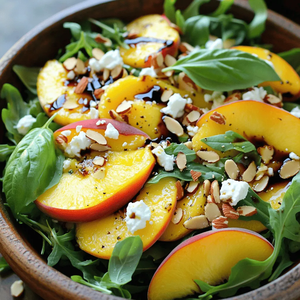 - 3 ripe peaches, sliced - 2 cups fresh arugula - 1 cup fresh basil leaves, torn - 1/2 cup crumbled feta cheese - 1/4 cup sliced almonds, toasted - 2 tablespoons balsamic glaze - 1 tablespoon extra virgin olive oil - Salt and pepper to taste For this salad, you need just the right amounts. Use three ripe peaches. Slice them thin for a sweet bite. Fresh arugula adds a peppery taste. You will want two cups of it. For a fresh herb boost, use one cup of torn basil leaves. Crumbled feta cheese gives a creamy texture. A half cup works well here. For crunch, add a quarter cup of sliced almonds. Toast them in a dry skillet until golden. This takes about three to four minutes. You will need two tablespoons of balsamic glaze for sweetness. One tablespoon of extra virgin olive oil adds richness. Finish with salt and pepper to taste. These simple steps will bring all the flavors together beautifully. For the full recipe, refer to the details above. 1. Wash and slice the peaches: Start by rinsing the peaches under cool water. Cut them in half and remove the pit. Slice each half into thin wedges. Fresh peaches add a sweet and juicy touch to the salad. 2. Tear the basil leaves: Next, take your fresh basil leaves. Gently tear them into smaller pieces. This helps release their lovely aroma and flavor. 3. Toasting the almonds: Heat a dry skillet over medium heat. Add the sliced almonds and toast them for about 3-4 minutes. Stir them often until they turn golden brown. This step enhances their crunch and flavor. 1. Combining arugula and basil: In a large salad bowl, add 2 cups of fresh arugula. Toss in the torn basil leaves. These greens form the base of your salad and bring a bright taste. 2. Adding peaches and feta: Now, gently fold in the sliced peaches. Crumble 1/2 cup of feta cheese over the top. The salty feta complements the sweet peaches perfectly. 3. Drizzling oils and seasonings: Drizzle 1 tablespoon of extra virgin olive oil and 2 tablespoons of balsamic glaze over the salad. Add salt and pepper to taste. These flavors enhance the salad's overall taste. 1. Gently tossing the salad: Carefully toss the salad to mix all the ingredients. Be gentle to avoid bruising the peaches. This step combines all the flavors beautifully. 2. Serving suggestions and presentation tips: Serve the salad in a large bowl or individual plates. Garnish with a few whole basil leaves and an extra drizzle of balsamic glaze. This makes your dish look as good as it tastes. Enjoy this Peach and Basil Salad as a fresh, flavorful delight! For the full recipe, check out the details above. When you pick peaches for your salad, focus on fresh, ripe fruits. The best types of peaches for this dish are yellow peaches and white peaches. Yellow peaches have a sweet, tart flavor. White peaches are sweeter and less tangy. To check ripeness, gently press the peach. It should feel slightly soft but not mushy. A ripe peach has a sweet aroma. Avoid peaches with bruises or dark spots. These may taste bad in your salad. To keep your salad fresh, store each ingredient separately. Place peaches in a cool, dry spot. Avoid putting them in the fridge until they are ripe. Store basil in a glass of water, like a bouquet. Cover it with a plastic bag to keep it fresh. If you have leftover salad, store it in an airtight container. Keep it in the fridge for up to two days. Note that the dressing can make the salad soggy. Store the dressing separately for best results. To make your Peach and Basil Salad even better, think about adding toppings. Sliced strawberries or blueberries can add a sweet touch. Another great option is to add goat cheese instead of feta. It gives a tangy flavor that pairs nicely with peaches. Consider nuts for a crunchy bite. Walnuts or pistachios work well here. They add extra texture and taste. Don't hesitate to mix and match toppings to suit your taste. For the full recipe, you can find what you need to make this delightful salad. {{image_2}} You can make the Peach and Basil Salad even better by adding seasonal fruits. Try ripe strawberries or juicy plums for a burst of flavor. You can also mix in colorful bell peppers for a sweet crunch. For extra texture, consider adding nuts or seeds. Toasted pecans or pumpkin seeds will give a nice crunch and boost nutrients. The mix of flavors will surprise you and your guests. If you want a vegan option, skip the feta cheese and use avocado. It adds creaminess without dairy. You can also sprinkle nutritional yeast for a cheesy flavor that fits vegan diets. If you need a gluten-free option, this salad already works great! Just ensure that any nuts or dressings you use are gluten-free. This way, everyone can enjoy the salad. While balsamic glaze is tasty, you can switch it up. Try a honey mustard dressing for a sweet and tangy twist. Mix olive oil, lemon juice, and a dash of mustard for a fresh flavor. You can also make a homemade yogurt dressing. Just mix plain yogurt with herbs and a pinch of salt. This adds a creamy element without overpowering the salad. For the full recipe, check out the details above and create your own tasty version! To store your salad for the next day, place it in an airtight container. This keeps it fresh and safe. To avoid soggy ingredients, add the dressing just before serving. If you mix it in too soon, the arugula and peaches can get mushy. Keep the almonds separate until you're ready to eat. They stay crunchy this way. You can prepare ingredients in advance. Slice peaches and store them in lemon juice to keep them bright and tasty. Tear the basil leaves and keep them in a damp paper towel. This helps them stay fresh. Store arugula in a sealed bag in the fridge. For longer shelf life, keep all components separate until you're ready to mix them. This way, your salad stays crisp and delicious. You can freeze some salad ingredients, but not the whole salad. Freezing peaches is fine, but they may get soft when thawed. Best practice is to slice them, lay them flat on a tray, and freeze until solid. Then, transfer them to a freezer bag. Feta cheese also freezes well. Crumble it first, then store it in a tight container. When you're ready to use them, thaw them in the fridge overnight. This keeps flavors intact for your Peach Basil Bliss Salad. For the full recipe, check back to make your salad shine! A Peach and Basil Salad is a bright, fresh dish that combines sweet peaches and fragrant basil. The main ingredients include: - 3 ripe peaches, sliced - 2 cups fresh arugula - 1 cup fresh basil leaves, torn - 1/2 cup crumbled feta cheese - 1/4 cup sliced almonds, toasted - 2 tablespoons balsamic glaze - 1 tablespoon extra virgin olive oil - Salt and pepper to taste This salad is light and refreshing, perfect for summer meals or as a side dish. You can use canned peaches, but fresh peaches taste best. Fresh peaches bring a juicy sweetness and a nice crunch. Canned peaches often have added sugar and can be softer. If you use canned peaches, drain them well and pat them dry to avoid extra liquid in the salad. The salad lasts about one day in the fridge. Store it in an airtight container. After one day, the peaches and arugula may get soggy. If you want it to last longer, keep the dressing separate until just before serving. This salad pairs well with grilled chicken or fish. You can also serve it with crusty bread for a light meal. It works great as a side dish for barbecues or picnics. You might also enjoy it alongside a cheese platter or charcuterie board. Yes, this salad is healthy! Peaches are low in calories and high in vitamins A and C. Basil adds flavor and has anti-inflammatory properties. Arugula is packed with nutrients and fiber. Feta cheese provides protein and calcium. Overall, this salad is a nutritious choice. For the full recipe, check out the Peach Basil Bliss Salad. Making a Peach and Basil Salad is easy with the right ingredients and steps. You learned about fresh produce, extra toppings, and how to prepare everything. I shared tips on choosing peaches and storing ingredients. You can even adapt the salad for different diets. My final thought is to have fun with the recipe. Experiment with flavors that you love. Remember, the best salads come from your creativity! Enjoy your tasty and healthy salad.