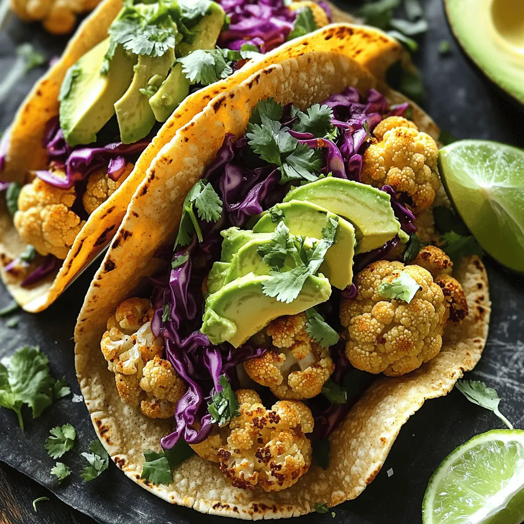 - 1 medium head of cauliflower, cut into florets - 2 tablespoons olive oil - 1 teaspoon smoked paprika - 1 teaspoon cumin - 1 teaspoon garlic powder - Salt and pepper to taste - 8-10 small corn tortillas - 1 cup red cabbage, finely shredded - 1 avocado, sliced - 1/2 cup fresh cilantro, chopped - 1 lime, cut into wedges - Optional: Salsa or hot sauce for serving Cauliflower is the star of this dish. It’s healthy and fills you up. The smoked paprika gives it a nice, smoky taste. Cumin adds warmth, while garlic powder brings out the flavor. These ingredients are not just tasty; they are also good for you. Cauliflower is low in calories and high in fiber. It packs vitamins C and K, which help keep you healthy. When you combine these flavors, you create an exciting meal. You can use this list to gather what you need. For the full recipe, check out the [Full Recipe]. - Preheat your oven to 425°F (220°C). - Toss cauliflower florets with olive oil, smoked paprika, cumin, garlic powder, salt, and pepper until well coated. This step adds great flavor to the cauliflower. - Spread the seasoned cauliflower on a baking sheet in a single layer. - Roast in the oven for about 25 minutes. You'll want them golden brown and tender. Toss the florets halfway through to ensure even cooking. - Warm corn tortillas in a skillet over medium heat. - Add roasted cauliflower to the center of each tortilla. Top with shredded red cabbage, avocado slices, and fresh cilantro. Serve with lime wedges. You can add salsa or hot sauce if you like more heat. Check out the Full Recipe for more details! To make your tacos truly shine, ensure you roast the cauliflower evenly. Spread the florets out on the baking sheet. Give them space to breathe and brown. This helps them become crispy and tasty. You can also customize the spice levels. If you like it hot, add chili powder or cayenne pepper. For a milder taste, stick with just smoked paprika and cumin. Adjust according to your preference for a taco that suits you. Pair your cauliflower tacos with tasty side dishes. A fresh salad or a bowl of black beans works well. You can also serve them with rice or quinoa for a filling meal. Don't forget about toppings! Consider using fresh salsa, guacamole, or a drizzle of lime juice. Adding pickled onions or jalapeños can give your tacos an extra kick. Enjoy the variety and make it your own! {{image_2}} You can easily change the taste of your vegan cauliflower tacos. Try adding different spices like chili powder or onion powder. These spices add warmth and depth. You can also mix in roasted vegetables like bell peppers or zucchini. This not only boosts flavor but adds more nutrition. If you need gluten-free options, use lettuce wraps instead of tortillas. This keeps your meal light and fresh. You can also top your tacos with vegan cheese or sour cream. These toppings add a creamy texture that pairs well with the roasted cauliflower. For a twist, try different toppings like avocado or salsa. They can bring zest to your dish. To keep your vegan cauliflower tacos fresh, store any leftovers in an airtight container. They will last in the fridge for up to 3 days. If you want to store the cauliflower for longer, freeze it separately. This way, you can enjoy those tasty tacos again without losing flavor. When you're ready to eat your leftovers, the oven is the best choice for reheating. It keeps the texture nice and crispy. Just place the cauliflower on a baking sheet and heat at 350°F (175°C) for about 10 minutes. If you're in a hurry, you can use the microwave. However, keep in mind the cauliflower may become a bit soft. Add jalapeño or cayenne pepper to the mix. You can chop fresh jalapeños and mix them in with the cauliflower. If you prefer a powder, sprinkle cayenne pepper over the seasoned cauliflower before roasting. Start with a little, then taste and adjust. This way, you can control the heat level to your liking. Yes, parsley or basil can be a great substitute. If you don’t like cilantro, try using fresh parsley for a milder taste. Basil adds a nice twist, bringing a sweet aroma. Both options will still give your tacos a fresh flavor. Yes, if using corn tortillas or lettuce wraps. Corn tortillas are naturally gluten-free, making them a perfect choice for this recipe. If you want a low-carb option, swap the tortillas for large lettuce leaves. Both ways, you’ll still enjoy a delicious taco experience. For the full recipe, check out the detailed instructions above! In this article, we explored making delicious vegan cauliflower tacos. We covered the easy steps: prepping the ingredients, roasting the cauliflower, and assembling the tacos. Cauliflower offers many health benefits, like being low in calories and high in fiber. Remember to customize spices and try different toppings. Store leftovers properly to enjoy later. These tacos are not just tasty; they are fun and healthy. Give them a try for a tasty meal that fits many diets. You won’t be disappointed!