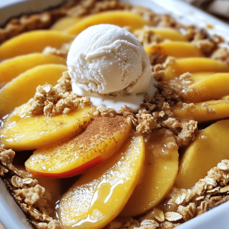 To make a delicious peach crisp, you need a few key items: - 4 cups fresh peaches, peeled and sliced - 1 tablespoon lemon juice - ½ cup granulated sugar - 1 teaspoon vanilla extract - 1 teaspoon ground cinnamon - 1 cup rolled oats - ½ cup all-purpose flour - ½ cup brown sugar, packed - ½ cup unsalted butter, melted - ½ teaspoon salt These ingredients create a sweet and fruity base topped with a crunchy oat layer. You can add some fun flavors to your peach crisp: - ½ cup chopped nuts like almonds or walnuts - ½ cup shredded coconut - 1 teaspoon nutmeg for extra spice - Fresh herbs like mint for a fresh twist Feel free to mix and match these to suit your taste! If you lack a few items, don't worry. Here are some easy swaps: - Use honey or maple syrup instead of granulated sugar. - Substitute coconut oil for unsalted butter for a dairy-free option. - For a gluten-free version, replace all-purpose flour with almond flour or oat flour. These swaps can still give you that delightful peach crisp flavor. Check out the Full Recipe for more details! First, gather your fresh peaches. You need about 4 cups. Peel the peaches and slice them into thin pieces. Toss these slices in a large bowl with 1 tablespoon of lemon juice. This juice helps keep the peaches fresh and bright. Next, add ½ cup of granulated sugar, 1 teaspoon of vanilla extract, and 1 teaspoon of ground cinnamon. Stir everything together until the peaches are well coated. Once mixed, transfer this peach mixture into a greased 9x13-inch baking dish. This will be the base of your crisp. Now, let’s make the oat topping. In a separate bowl, combine 1 cup of rolled oats, ½ cup of all-purpose flour, and ½ cup of brown sugar. Pour in ½ cup of melted unsalted butter and add ½ teaspoon of salt. Mix everything together until it becomes crumbly. The butter helps bind the oats and sugar, creating a delicious topping. Make sure there are no large lumps. With the peach mixture in the dish and the oat topping ready, it’s time to bake. Spread the oat topping evenly over the peaches. This creates a nice crust on top. Preheat your oven to 350°F (175°C). Place your baking dish in the oven and bake for 30 to 35 minutes. You want the oat topping to turn golden brown and the peaches to bubble. Once done, remove it from the oven and let it cool for a bit. Serve your peach crisp warm, maybe with ice cream on top. Enjoy! When picking peaches, look for ripe, juicy fruit. Choose peaches that feel soft but not mushy. The skin should have a nice color, often a mix of yellow and red. Avoid peaches with blemishes or dark spots. If you can, smell the peach. A sweet scent means it is ripe and ready. Fresh peaches make your peach crisp taste amazing. To get the best oat topping, use rolled oats. They create a nice texture. Mix your oats with flour, brown sugar, and melted butter. This blend gives you that crunchy layer. Make sure to spread the topping evenly over the peaches. Bake until golden brown, around 30 to 35 minutes. Keep an eye on it to avoid burning. A crispy topping contrasts well with soft peaches. Serve your peach crisp warm for the best taste. A scoop of vanilla ice cream on top adds creaminess. You can also drizzle some caramel sauce for extra sweetness. If you like, sprinkle cinnamon on top for added flavor. You can even serve it with whipped cream for a classic touch. Each bite should feel like a warm hug! For the complete details, check out the Full Recipe. {{image_2}} To make a gluten-free peach crisp, use gluten-free oats and flour. These swaps keep the texture while making it safe for those with gluten issues. You can find gluten-free oats at most stores now. Just make sure to check the labels. This way, everyone can enjoy this tasty dessert. Adding nuts or seeds gives your peach crisp a nice crunch. I love almonds or walnuts for a rich flavor. Just chop them up and mix them into the oat topping. You can also try sunflower seeds or pumpkin seeds for a twist. This extra step makes the dish even more filling and fun. Peach crisp is not just for peaches! You can mix in other fruits too. Try berries, apples, or pears for a burst of flavor. You can even use canned fruit if fresh is not in season. Mixing fruits can change the taste and make it more exciting. Just remember to adjust the sugar based on how sweet your fruit is. For the full recipe, check out the Peach Paradise Crisp section earlier! To keep your peach crisp fresh, store it in an airtight container. If you use a glass dish, cover it tightly with plastic wrap or foil. This helps keep moisture out and keeps the topping crisp. Always cool the peach crisp to room temperature before storing. If you want to save space, slice the crisp and store it in individual portions. When stored properly, peach crisp lasts about 3 to 5 days in the fridge. If you want to keep it longer, you can freeze it. In the freezer, peach crisp will stay good for up to 3 months. Just remember to wrap it tightly to prevent freezer burn. Label the container with the date, so you know when you made it. To reheat the peach crisp, preheat your oven to 350°F (175°C). Place the crisp in an oven-safe dish. Cover it with foil to keep it from drying out. Heat for about 15 to 20 minutes. If you want to warm individual portions, microwave them for 30 seconds to 1 minute. Enjoy your warm dessert! For the full recipe, check out the Peach Paradise Crisp. Yes, you can use frozen peaches. Just thaw them first. Drain any excess juice. This keeps the crisp from being too soggy. The flavor will still be great. Frozen peaches work well in a pinch. To make the topping healthier, try these tips: - Use whole wheat flour instead of all-purpose flour. - Swap granulated sugar for maple syrup or honey. - Add nuts or seeds for extra protein and crunch. - You can even reduce the butter by using applesauce. These changes will keep it tasty while adding nutrients. There are many tasty toppings you can try: - Vanilla ice cream adds creaminess. - Whipped cream gives a light touch. - A sprinkle of cinnamon enhances flavor. - Fresh mint leaves add a pop of color and taste. These toppings make your peach crisp even more delightful. For the full recipe, check the earlier section! Peach crisp is easy and fun to make. We covered the key ingredients, preparation steps, and tips to ensure success. You can customize the recipe to fit your taste. This dessert shines with fresh peaches but works with different fruits too. Proper storage keeps it fresh, so enjoy every bite over a few days. Embrace your creativity and share this treat with friends and family. Your peach crisp will impress everyone!