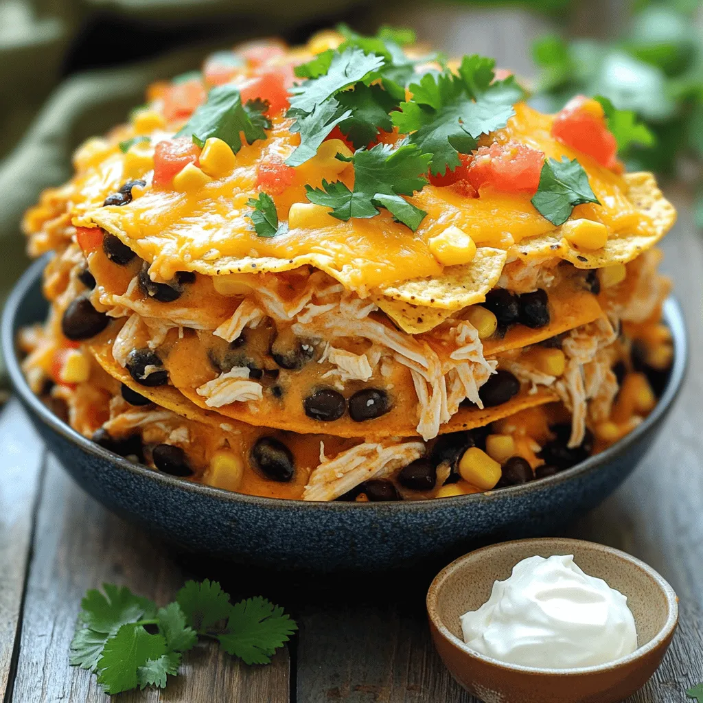 - 2 cups cooked shredded chicken - 1 can (15 oz) black beans, drained and rinsed - 1 cup corn kernels - 1 cup diced tomatoes - 1 cup salsa For the Chicken Taco Casserole, you need simple, tasty ingredients. I love using cooked shredded chicken. It makes the dish easy and quick. You can use rotisserie chicken for even less work. Black beans add protein and fiber. Corn brings sweetness, and diced tomatoes add freshness. Salsa ties everything together with its bold flavor. - 1 teaspoon chili powder - 1 teaspoon cumin - ½ teaspoon garlic powder - ½ teaspoon onion powder - 1 cup shredded cheddar cheese - 1 cup crushed tortilla chips - Fresh cilantro, chopped - Sour cream, optional The seasonings are key to a flavorful casserole. Chili powder and cumin give warmth and depth. Garlic and onion powders add savory notes. For toppings, shredded cheddar cheese melts perfectly and adds richness. Crushed tortilla chips offer a nice crunch on top. Fresh cilantro brightens the dish, and sour cream adds creaminess. You can find the full recipe in the article. Enjoy! - Preheat the oven to 350°F (175°C). - Grease a 9x13-inch baking dish. Start by getting your oven ready. This helps the casserole cook evenly. Greasing the dish prevents sticking. You want a good, non-stick surface for easy serving. - Mix chicken, beans, corn, tomatoes, salsa, and spices. - Layer ingredients in the baking dish. In a large bowl, mix cooked shredded chicken, black beans, corn, diced tomatoes, and salsa. Add chili powder, cumin, garlic powder, and onion powder. Stir until everything is well combined. This mix gives your casserole great flavor. Next, spread half of this mixture evenly across the bottom of your greased dish. Sprinkle half of the shredded cheddar cheese on top. Then, add a layer of crushed tortilla chips. They add crunch and texture. Top it all off by spooning the rest of the chicken mixture over the chips. Finish with the remaining shredded cheese. - Bake covered for 20 minutes. - Bake uncovered for an additional 10 minutes. Cover the dish with aluminum foil and place it in the oven. Bake for 20 minutes. This keeps the moisture in. After that, remove the foil and bake for another 10 minutes. You want the cheese to be bubbly and slightly golden. Once baked, let it cool for a few minutes. This helps it hold together when you slice it. You can find the full recipe for easy reference. - Use rotisserie chicken for quicker preparation. - Avoid overcooking chicken for optimal texture. When shredding chicken, I find rotisserie chicken is a big help. It saves time and adds great flavor. You can find it at most grocery stores, ready to go. Just peel off the skin and shred the meat with two forks. This method keeps the chicken tender. Overcooking chicken can make it dry. Cook it just until it’s done and no longer pink. This way, you keep that juicy goodness. - Add jalapeños or bell peppers for extra heat and color. - Use different cheese varieties for richer taste. To make your casserole pop, consider adding jalapeños or bell peppers. These peppers bring a nice heat and bright color to your dish. If you want a richer taste, try mixing different cheeses. Cheddar is great, but Monterey Jack or pepper jack can add a fun twist. Mixing cheeses can also create a creamier texture. - Garnish with cilantro right before serving. - Serve with lime wedges for an added zing. Presentation matters in cooking. I like to garnish with fresh cilantro right before serving. It adds a lovely green touch and a fresh taste. Lime wedges are another great addition. Just a squeeze of lime can brighten the flavors in the casserole. These simple steps can make your Chicken Taco Casserole look and taste gourmet. For the full recipe, check your cooking notes! {{image_2}} You can easily make a vegetarian version of this dish. Just swap the chicken for sautéed mushrooms or tofu. Both choices offer great texture and flavor. I love using a vegetable broth-based salsa to keep the taste fresh and vibrant. This swap allows anyone to enjoy the casserole without meat. If you need a gluten-free option, check the tortilla chips. Make sure they are clearly labeled gluten-free. You can also use rice instead of chips for a healthier twist. This change keeps the dish tasty and satisfying for those avoiding gluten. For a spicy kick, use spicy salsa and add more chili powder. You can also add serrano or habanero peppers to heat things up. This version is perfect for those who love bold flavors. It transforms a simple casserole into a fiery delight. Store leftovers in an airtight container for up to 3 days. This keeps the flavors fresh. When ready to eat, check if it smells good. If it does, you're all set! To freeze your Chicken Taco Casserole, let it cool first. Then, wrap it tightly in plastic wrap and foil. This helps prevent freezer burn. You can freeze it for up to 3 months. When you are ready to eat it, take it out of the freezer. Place it in the fridge overnight to thaw. This method keeps the taste and texture nice. To reheat, I recommend using the oven. Set it to 350°F (175°C). Place the casserole in a dish and cover it with foil. Heat for about 20 minutes. This keeps the cheese melted and delicious. You can also use a microwave for quicker reheating. Just cover it and heat in short bursts. Stir in between to warm it evenly. Alternatively, you can use a stovetop. Place in a pan and heat over low. Stir gently to avoid burning. For the full recipe, visit the Chicken Taco Casserole section. Yes, you can use fresh chicken. Start by cooking the chicken first. I suggest boiling or baking it until it reaches 165°F (75°C). Once cooked, shred the chicken and use it in your casserole. This keeps the dish juicy and packed with flavor. To check if your casserole is done, look for bubbling cheese. You want a nice golden color on top. This usually takes about 30 minutes in the oven. If the cheese looks melted and bubbly, it's ready to serve. You can prep this casserole in advance! Just follow these steps: - Mix all the ingredients as stated in the recipe. - Layer them in your baking dish, but do not bake yet. - Cover the dish with plastic wrap and store it in the fridge for up to 24 hours. When ready, just pop it in the oven and bake as instructed. When serving Chicken Taco Casserole, consider these sides: - Fresh guacamole for a creamy touch. - A simple green salad for crunch. - Mexican rice for a hearty addition. - Refried beans to complement the flavors. These sides enhance the meal and offer variety. This Chicken Taco Casserole is tasty and simple to make. You mix cooked chicken, beans, corn, and spices, then bake. With tips for shredding chicken and flavor tricks, it's easy to customize. You can make it vegetarian or gluten-free too. Don't forget to store leftovers right! Enjoying good food shouldn't be hard, and this dish proves that. Try it out today and see how fun cooking can be!