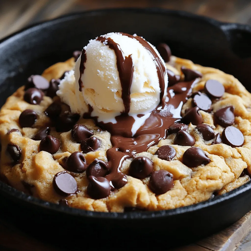 To make the perfect chocolate chip cookie skillet, gather these items: - 1 cup unsalted butter, softened - 1 cup brown sugar, packed - 1/2 cup granulated sugar - 2 large eggs - 2 teaspoons vanilla extract - 3 cups all-purpose flour - 1 teaspoon baking soda - 1/2 teaspoon salt - 2 cups semi-sweet chocolate chips - 1/2 cup chopped nuts (optional) These ingredients create a rich and chewy cookie that you will love. Using high-quality ingredients makes a big difference. Fresh butter adds a creamy taste. Choose a good brand of chocolate chips for rich flavor. Organic eggs can enhance the quality, too. Always check the freshness of your flour and baking soda. This ensures the best rise and texture in your cookie. If you have food allergies, don't worry! You can easily swap some ingredients: - Use coconut oil instead of butter for a dairy-free option. - Replace eggs with flaxseed meal or applesauce for a vegan choice. - Use gluten-free flour to make this cookie skillet gluten-free. - Choose dairy-free chocolate chips to avoid dairy. These simple swaps let everyone enjoy this tasty treat! For the full recipe, refer back to the earlier section. To make your chocolate chip cookie skillet, start by gathering all your ingredients. You will need: - 1 cup unsalted butter, softened - 1 cup brown sugar, packed - 1/2 cup granulated sugar - 2 large eggs - 2 teaspoons vanilla extract - 3 cups all-purpose flour - 1 teaspoon baking soda - 1/2 teaspoon salt - 2 cups semi-sweet chocolate chips - 1/2 cup chopped nuts (optional) First, preheat your oven to 350°F (175°C). In a large bowl, cream the softened butter with both sugars. This should be light and fluffy, taking about 2-3 minutes. Next, add the eggs one at a time, mixing well after each addition. Stir in the vanilla extract. In another bowl, whisk the flour, baking soda, and salt together. Gradually mix this dry mix into the wet ingredients. Do this on low speed to avoid a flour cloud. When combined, gently fold in the chocolate chips and nuts with a spatula. Now it’s time to prepare your skillet. Grease a large cast-iron skillet with a bit of butter or cooking spray. Spread the cookie dough evenly in the skillet. Press it down slightly with your fingers to help it bake evenly. Place the skillet in the preheated oven. Bake for 25-30 minutes. You want the edges to be golden brown and the center to be set but still a bit doughy. Remember, it will continue to firm up as it cools. Once done, remove it from the oven and let it cool for about 10 minutes before serving. To get the best cookie texture, do not overmix the dough. Mix just until you see no dry flour. This keeps your cookies soft and chewy. When baking, keep an eye on the time. Every oven varies, so check for that golden edge. If you want a crispier cookie, bake it a bit longer. Serve warm from the skillet for the best experience. You can top it with a scoop of vanilla ice cream and a drizzle of chocolate sauce. Adding a sprinkle of sea salt enhances the flavor and adds a nice touch. For the complete guide, check out the Full Recipe. To get the perfect cookie texture, you must mix well. Cream the butter and sugars until fluffy. This adds air, making your cookie soft. When mixing, avoid overworking the dough. This keeps it tender. The dough should feel slightly sticky, which helps it bake just right. If it’s too dry, add a touch of milk. I love serving this cookie warm. Right from the skillet, it looks great and smells amazing. Top it with a scoop of vanilla ice cream. The warm cookie melts the ice cream just enough. Drizzle with chocolate sauce for more sweetness. A sprinkle of sea salt adds a nice touch. You can also serve it with fresh fruit for a fun twist. Use a cast-iron skillet for best results. It heats evenly and holds warmth well. Make sure to grease it lightly to prevent sticking. Avoid using metal utensils to protect the skillet’s surface. When baking, keep an eye on the edges. They should turn golden while the center stays slightly soft. This ensures a chewy texture. Once baked, let it cool for a few minutes before serving. This makes slicing easier. For the full recipe, check the earlier sections. {{image_2}} You can mix up the classic chocolate chip cookie skillet easily. Try adding different chips like white chocolate or dark chocolate. You can even use peanut butter chips for a nutty twist. Another fun option is to add dried fruit, like cranberries or cherries. These add a sweet and tart flavor that brightens up the dish. If you need to cater to dietary needs, swaps are simple. For gluten-free, use a gluten-free flour blend. If you want a vegan version, replace the eggs with flaxseed meal or applesauce and use vegan butter. You can also use dairy-free chocolate chips to keep it all dairy-free. These options ensure everyone can enjoy this tasty treat. Toppings can take your skillet cookie to the next level. A scoop of vanilla ice cream on top makes it feel extra special. You can also drizzle some caramel or chocolate sauce for more sweetness. For a salty touch, sprinkle some sea salt on top before serving. You can add nuts like walnuts or pecans into the batter for crunch. Each mix-in and topping can create a new flavor experience. For the full recipe, check out the Chocolate Chip Cookie Skillet section. To keep your chocolate chip cookie skillet fresh, let it cool first. Once it is cool, cover it with plastic wrap or foil. You can also place it in an airtight container. This helps keep it soft and tasty for longer. To reheat, preheat your oven to 350°F (175°C). Place the skillet in the oven for about 10-15 minutes. This warms it up and brings back that fresh-baked taste. You can also use a microwave for quicker results. Heat a slice for about 20-30 seconds. Just be careful not to overheat it, or it may become tough. If you have extra cookie skillet, you can freeze it. Cut it into slices and wrap each slice in plastic wrap. Place the slices in a freezer bag or container. It can last up to three months in the freezer. When you’re ready to eat, just thaw it in the fridge overnight. Then, reheat it in the oven or microwave for a warm treat. You can tell the cookie skillet is done when the edges turn golden brown. The center should look set but still a bit soft. If you press lightly, it should spring back. I like to check around the 25-minute mark. Yes, you can make this cookie skillet ahead of time. Prepare the dough and store it in the fridge for up to 24 hours. When you are ready, just spread the dough in the skillet and bake it. If you don’t have a skillet, use an oven-safe baking dish. A 9x13 inch pan works well. Just adjust the baking time. Check the cookies a bit earlier since a wider dish may bake faster. The full recipe includes: - 1 cup unsalted butter, softened - 1 cup brown sugar, packed - 1/2 cup granulated sugar - 2 large eggs - 2 teaspoons vanilla extract - 3 cups all-purpose flour - 1 teaspoon baking soda - 1/2 teaspoon salt - 2 cups semi-sweet chocolate chips - 1/2 cup chopped nuts (optional) For detailed steps, refer to the [Full Recipe]. You learned how to make a delicious cookie skillet step-by-step. We covered key ingredients, tips for a perfect bake, and made sure you can handle common allergens. Feel free to adapt flavors and toppings to suit your taste. Proper storage keeps your cookies fresh, and reheating tips ensure they stay tasty. You can enjoy this recipe now or save it for later. Happy baking!