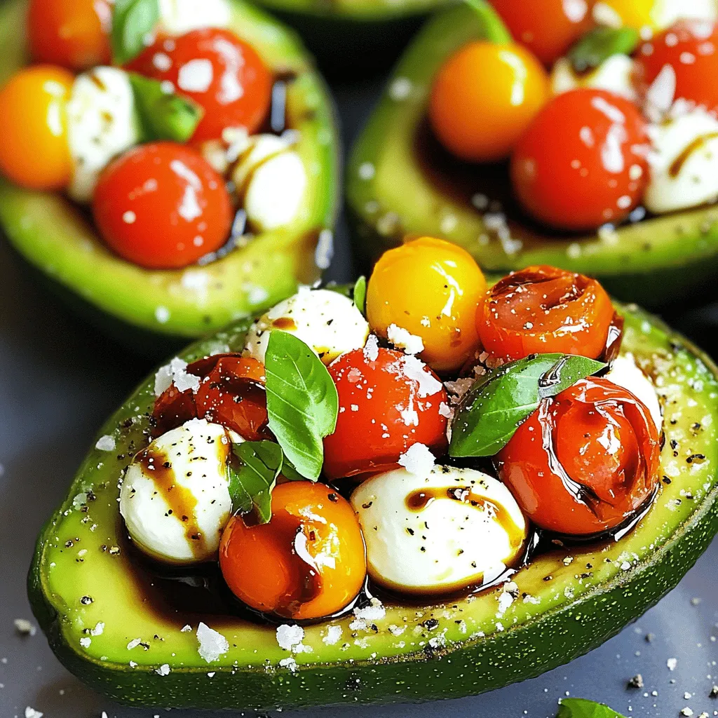 For the Caprese Stuffed Avocados, you will need the following ingredients: - 2 ripe avocados, halved and pitted - 1 cup cherry tomatoes, quartered - 1 cup fresh mozzarella balls, halved - 1/4 cup fresh basil leaves, chopped - 2 tablespoons balsamic glaze - 1 tablespoon olive oil - 1 teaspoon salt - 1/2 teaspoon black pepper - 1/2 teaspoon garlic powder (optional) These ingredients blend together to create a tasty and fresh dish. Each one plays a key role in the overall flavor. 1. Avocado: Packed with healthy fats, avocados help keep your heart healthy. They also provide fiber, which aids digestion. 2. Cherry tomatoes: These small fruits are full of vitamins A and C. They also have antioxidants that help fight inflammation. 3. Mozzarella: This cheese is lower in fat than many other cheeses. It gives you protein and calcium for strong bones. 4. Basil: Basil adds a fresh flavor and has anti-inflammatory properties. It also contains vitamins K and A. 5. Balsamic glaze: This adds a sweet tang. It also has antioxidants, which are good for your health. 6. Olive oil: A source of healthy fats, olive oil can help reduce the risk of heart disease. It also has anti-inflammatory effects. 7. Salt: Salt enhances flavors, but use it in moderation for heart health. 8. Black pepper: This spice adds a kick and can help with digestion. 9. Garlic powder: Optional, but it offers immune support and adds depth to the flavor. If you don't have some ingredients, here are easy swaps: - Avocados: Use cucumbers for a lighter dish, but the texture will change. - Cherry tomatoes: Any tomato works, but they should be diced. - Mozzarella: Feta or goat cheese can add a tangy flavor. - Basil: Use parsley or cilantro for a different herb taste. - Balsamic glaze: Try apple cider vinegar mixed with a bit of honey. - Olive oil: Any light oil, like avocado oil, can work. - Salt and pepper: You can use seasoning blends if you like. Feel free to mix and match these ingredients based on what you have at home. This Caprese stuffed avocado recipe is flexible and can cater to your taste. For the full recipe, check the details above. To start, take two ripe avocados. Cut them in half and carefully remove the pit. Use a spoon to scoop out a little bit of the flesh from the center of each half. This makes more room for the filling. Set aside the scooped avocado. You can mash it later or mix it into the filling. Next, grab a mixing bowl. Add one cup of quartered cherry tomatoes and one cup of halved mozzarella balls. Then, toss in a quarter cup of chopped fresh basil leaves. Drizzle two tablespoons of olive oil and two tablespoons of balsamic glaze over the top. Season with one teaspoon of salt, half a teaspoon of black pepper, and garlic powder if you want. Mix everything gently. You want to combine it without crushing the cheese or tomatoes. Now, it’s time to fill those avocado halves! Add the reserved avocado flesh to the bowl and mix it in carefully. This keeps the avocado pieces chunky. Spoon the Caprese filling into each avocado half. Fill them generously and evenly. Serve them right away for a fresh taste. You can find the full recipe above to guide you step by step. To find the best avocados, look for ones that feel slightly soft. Press gently; they should yield a bit. A dark green color often means they are ripe. Avoid any avocados with large dents or dark spots, as these may be overripe. To make your Caprese stuffed avocados even better, consider adding a pinch of red pepper flakes. This will give your dish a slight kick. You can also mix in some chopped olives for a briny taste. Fresh herbs like oregano or thyme can add depth, too. To serve these avocados beautifully, place them on a colorful plate. Drizzle extra balsamic glaze around the plate for a fancy touch. Garnish with whole basil leaves on top for a pop of color. This small step makes your dish look gourmet and inviting. If you want more ideas, check out the Full Recipe for inspiration. {{image_2}} If you want to add more veggies, try using roasted red peppers or artichokes. These give extra flavor and texture. You can also mix in some baby spinach for a fresh crunch. Another great option is to swap mozzarella with feta cheese. Feta adds a nice salty touch. To make this dish vegan, use dairy-free cheese. There are many great brands that taste just like regular cheese. You can also skip the cheese altogether and add more tomatoes and avocado. This keeps the dish creamy and full of flavor. Try using a splash of lemon juice for a zesty kick. Want to make your Caprese stuffed avocados even tastier? Add some sliced olives or capers for a briny flavor. Fresh herbs like parsley or oregano can brighten the dish too. For a spicy kick, sprinkle in some red pepper flakes. You can also drizzle extra balsamic glaze on top for sweetness. These variations let you play with flavors. Feel free to mix and match based on what you love. Check out the Full Recipe for inspiration and enjoy your tasty creation! To keep your Caprese stuffed avocados fresh, store them in an airtight container. You can place them in the fridge. This helps maintain their taste and texture. Use them within one day for the best flavor. If you have extra Caprese filling, store that too, but in a separate container. This way, you can keep the avocados from browning. I do not recommend freezing stuffed avocados. The texture of avocados changes when frozen. They may become mushy and lose their creamy flavor. If you want to save the filling, you can freeze it. Just place it in a freezer-safe container. Use it within three months for the best taste. If you have leftover filling, you can reheat it. Use a microwave for quick warming. Heat in short bursts of 20 seconds. Stir between each burst for even warming. Avoid reheating the avocados, as their texture will change. Enjoy the filling in a new dish or on toast for a tasty meal! To make Caprese stuffed avocados, first cut ripe avocados in half. Remove the pit and scoop out a bit of the flesh. In a bowl, mix quartered cherry tomatoes, halved mozzarella balls, and chopped fresh basil. Add olive oil, balsamic glaze, salt, black pepper, and optional garlic powder. Gently combine all the ingredients. Finally, fold in the reserved avocado flesh. Spoon the mixture into the avocado halves and serve. You can find the full recipe above for more details. Caprese stuffed avocados pair well with many dishes. You can serve them with whole-grain bread or crisp crackers. A light salad with mixed greens and a simple vinaigrette complements them nicely. Grilled chicken or fish also makes a tasty addition, adding protein to your meal. For a complete spread, add a selection of olives or marinated veggies. You can prepare some parts in advance, but I recommend making them fresh. The avocado can brown quickly, which affects the look and taste. You can mix the filling a few hours ahead and store it in the fridge. Just wait to stuff the avocados until right before serving. This way, you’ll keep them fresh and tasty. This blog covers how to make Caprese stuffed avocados from start to finish. We looked at the key ingredients and their health benefits. You now know how to prepare avocados and mix the filling. I shared tips on choosing ripe avocados and enhancing flavors. There are also fun variations and storage tips. Remember, you can enjoy this dish in many ways. Now, it's time to grab some avocados and create a tasty meal. Enjoy your cooking!