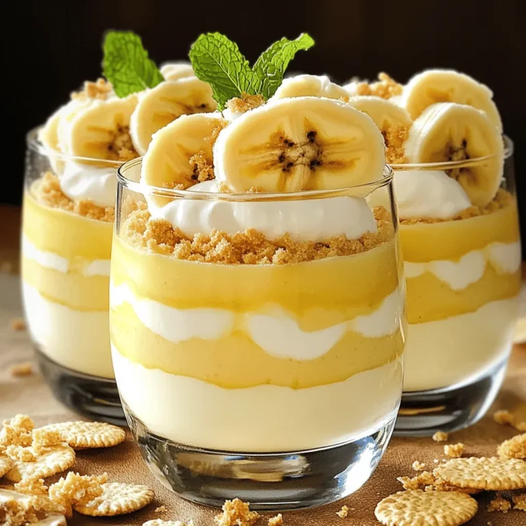 To make this creamy banana dessert, you need a few key ingredients. These are simple yet essential for great taste and texture. - 3 ripe bananas, mashed - 1 cup heavy cream - 1/2 cup cream cheese, softened - 1/2 cup powdered sugar - 1 teaspoon vanilla extract - 1/4 teaspoon cinnamon - 1/2 cup crushed graham crackers These ingredients work together to create a rich and smooth dessert. The ripe bananas add natural sweetness, while the cream cheese gives it a nice creaminess. The heavy cream brings a fluffy texture that makes it perfect for layering. You can also add a few optional ingredients for extra flavor. This can elevate your dessert even more. - 1/4 cup chopped walnuts or pecans - Fresh banana slices and mint leaves for garnish Chopped nuts add a delightful crunch. They also introduce a nutty flavor that complements the sweetness. Fresh banana slices and mint leaves not only look pretty but also add freshness to each bite. This creamy banana dessert is not only delicious but also has some nutritional benefits. Here’s a quick look at what you get per serving: - Calories: Approximately 350 - Protein: 3g - Fat: 24g - Carbohydrates: 30g - Fiber: 2g This dessert does have sugar and fat, mainly from the cream and cream cheese. However, you get some fiber from the bananas and nuts, making it a tasty treat in moderation. Enjoy this creamy banana delight as an occasional dessert! For the full recipe, check out the details above. Start by taking three ripe bananas. Mash them well in a mixing bowl. Add in half a cup of softened cream cheese. Next, sprinkle in half a cup of powdered sugar and one teaspoon of vanilla extract. Use an electric mixer to beat this mixture until it is smooth and creamy. This banana base will be the heart of your dessert. In a separate bowl, pour in one cup of heavy cream. Use a hand mixer or a whisk to whip the cream. Keep mixing until you see stiff peaks form. This means the cream can hold its shape well. Be careful not to over-whip; it can turn into butter! Gently fold the whipped cream into your banana mixture. This step adds air and lightness. Now, grab some serving glasses or bowls. Start by adding a spoonful of your creamy banana mix at the bottom. Follow this with a layer of crushed graham crackers. Repeat these layers until you use all the ingredients. Make sure to end with a layer of the banana cream. Chill the desserts in the fridge for at least one hour. This waiting time lets the flavors blend beautifully. Before serving, add some fresh banana slices and mint leaves on top. These will make your dessert look stunning and fresh. For the full recipe, check out the main section! Use ripe bananas for a sweeter flavor. The best bananas have brown spots. They are soft and easy to mash. Fresh cream cheese makes your dessert rich. Always check the date on your cream and cheese. This ensures they are fresh and safe to eat. High-quality heavy cream whips better and adds a nice texture. Your dessert will taste great with top-notch ingredients. Serve this dessert in clear glasses. This lets everyone see the lovely layers. You can also add a sprinkle of crushed graham crackers on top. Fresh banana slices and mint leaves make it look fancy. Try serving it with a scoop of vanilla ice cream for extra fun. It balances the flavors well and adds creaminess. Mix the banana base until smooth. You want no lumps for a creamy texture. Whip the heavy cream until it has stiff peaks. This gives your dessert a light and airy feel. When you fold the whipped cream into the banana mix, do it gently. This keeps the air in and maintains the fluffiness. If the mix is too thick, add a splash of milk to help it blend. {{image_2}} You can swap bananas for other fruits. Try ripe strawberries, peaches, or mangoes. Each fruit adds its unique taste. Strawberries bring a sweet and tangy note. Peaches add a juicy freshness. Mangoes offer a tropical vibe. You can mix and match to find your favorite fruit. If you want a lighter version, use Greek yogurt instead of cream cheese. It gives a creamy texture with less fat. You can also use honey or maple syrup in place of powdered sugar. These natural sweeteners boost flavor without the guilt. Using almond milk instead of heavy cream cuts calories too. To make this dessert vegan, replace heavy cream with coconut cream. It whips up nicely and adds a tropical twist. Use a plant-based cream cheese for a creamy base. For sweetness, agave syrup works well as a substitute. This way, everyone can enjoy this delicious treat. For the complete recipe and more details, check the Full Recipe. Store your leftover creamy banana dessert in an airtight container. This keeps air out and helps avoid spoilage. Make sure to put it in the fridge right after serving. The dessert will stay good for about three days. If you notice any signs of browning, it’s best to toss it. To keep your dessert fresh, avoid exposing it to air. It can lead to a dry texture. If you want to enjoy it later, add fresh banana slices just before serving. This keeps the flavor bright and the look appealing. Also, try using plastic wrap directly on the dessert's surface. This step helps lock in moisture and prevents browning. If you want to save your dessert for a longer time, freezing is a smart option. First, scoop the dessert into individual portions. This makes it easy to thaw only what you need. Use freezer-safe containers or bags to prevent freezer burn. When you’re ready to eat, let it thaw in the fridge overnight. Enjoy the creamy goodness from your freezer stash! For the full recipe, check the instructions above. Yes, you can use frozen bananas. Just thaw them first. Frozen bananas work well because they become very soft when thawed. This makes them easy to mash. However, they can be a bit watery. Drain excess liquid before adding them to your mix. This will keep your dessert from becoming too runny. If you need a substitute for heavy cream, try coconut cream. It whips up nicely and adds a light coconut flavor. You can also use full-fat Greek yogurt for a healthier option. It won’t whip, but it will add creaminess. If you prefer a dairy-free choice, almond milk mixed with a bit of cornstarch can work too. You can store the Creamy Banana Dessert in the fridge for up to three days. Cover it well with plastic wrap or a lid to keep it fresh. The bananas may brown slightly, but it will still taste great. If you want to save it longer, try freezing it. Just remember to let it thaw in the fridge before serving. In this blog post, I covered how to make a creamy banana dessert. I shared key ingredients, tips, and step-by-step instructions. You learned about variations, storage, and answered common questions. Now, you can create this tasty treat with confidence. Enjoy experimenting with flavors and ingredients. Remember to have fun and share it with others. Happy dessert making!