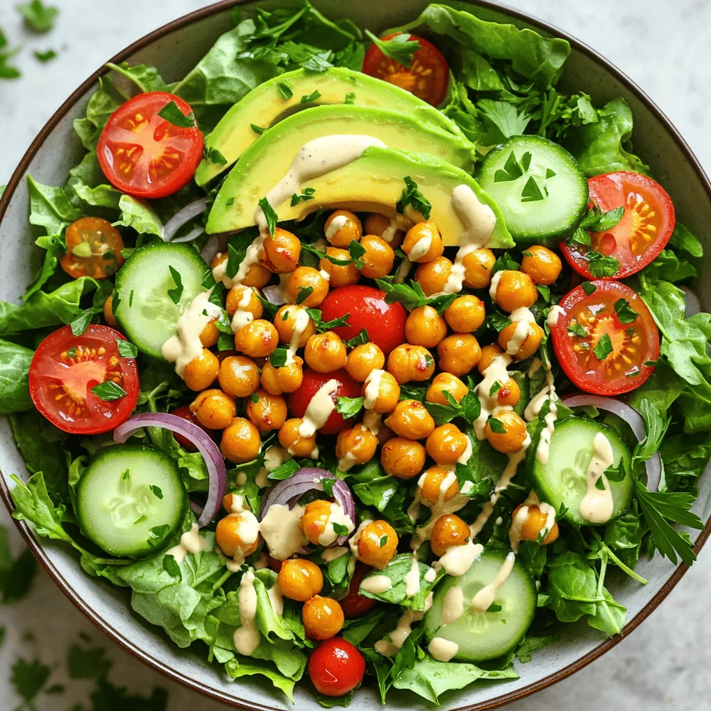 - 1 can (15 oz) chickpeas, drained and rinsed - 2 tablespoons olive oil - 1 teaspoon smoked paprika - 1/2 teaspoon garlic powder - 1/4 teaspoon cayenne pepper (optional for heat) - Salt and pepper to taste - 4 cups mixed greens (spinach, arugula, or lettuce) - 1 cup cherry tomatoes, halved - 1/2 cucumber, diced - 1/4 red onion, thinly sliced - 1 avocado, sliced - 2 tablespoons tahini - 2 tablespoons lemon juice - Fresh parsley for garnish (optional) Chickpeas are the star of this salad. They are rich in protein and fiber. Rinsing them helps remove extra sodium from the can. Olive oil adds healthy fats and helps with flavor. Smoked paprika gives a nice depth. Garlic powder adds a savory touch. Cayenne pepper can add just the right kick. Fresh vegetables bring color and crispness. Mixed greens form a great base. Cherry tomatoes are juicy and sweet. Cucumbers add crunch. Red onion gives a sharp bite, while avocado adds creaminess. The tahini and lemon juice dressing ties everything together. - 1 teaspoon cumin (for warmth) - 1/2 teaspoon onion powder - Crumbled feta cheese - Sliced olives - Chopped nuts (like almonds or walnuts) You can add spices to boost flavor. Cumin gives earthiness, while onion powder adds more depth. Crumbled feta provides a salty finish. Sliced olives add a briny touch. Nuts bring crunch and healthy fats, making the salad even more filling. Feel free to mix and match these ingredients for your favorite flavors. For the full recipe, check the section on Step-by-Step Instructions. - Preheat the Oven Start by preheating your oven to 400°F (200°C). This step is key for crispy chickpeas. - Season the Chickpeas In a bowl, combine 1 can of chickpeas, 2 tablespoons of olive oil, 1 teaspoon of smoked paprika, 1/2 teaspoon of garlic powder, and 1/4 teaspoon of cayenne pepper. Add salt and pepper to taste. Toss well to coat the chickpeas evenly. - Roasting Chickpeas Spread the seasoned chickpeas on a baking sheet in a single layer. Roast in the oven for 25-30 minutes. Stir halfway through for even cooking. They should turn golden and crispy. - Preparing the Salad Base While the chickpeas roast, prepare your salad. In a large bowl, layer 4 cups of mixed greens, 1 cup of halved cherry tomatoes, 1/2 diced cucumber, and 1/4 thinly sliced red onion. - Adding Ingredients Together Once the chickpeas are done, let them cool slightly. Add them to the salad bowl. Top with sliced avocado. - Drizzling with Dressing In a small bowl, whisk 2 tablespoons of tahini with 2 tablespoons of lemon juice. Add a little water if needed for a drizzling consistency. Pour the dressing over the salad and toss gently. Garnish with fresh parsley if you like. This method creates a delicious and colorful crispy chickpea salad that you will love! For the full recipe, be sure to check the complete guide. - Oven Temperature Tips Set your oven to 400°F (200°C). This hot temperature helps the chickpeas get crispy. Make sure to preheat your oven fully before roasting. If it's not hot enough, they can turn soft. - How to Avoid Sogginess To avoid soggy chickpeas, dry them well before seasoning. You can use a towel to pat them dry after rinsing. Spread them out on the baking sheet in a single layer. This helps air circulate and keeps them from steaming. - Meal Prep Suggestions You can make crispy chickpeas ahead of time. Store them in an airtight container after they cool. This way, you can add them to salads or snacks later. The flavors will still be great! - Storing Leftovers If you have leftover salad, keep it in the fridge. Store the chickpeas separately to keep them crispy. Mix them in just before you eat. This keeps your salad fresh and crunchy. For the full recipe, check out the instructions above. {{image_2}} You can change the salad by using different vegetables. For a crunch, try bell peppers or radishes. Carrots add sweetness, while zucchini brings a fresh taste. You can use any greens you like. Kale or romaine work great too. You can also add flavorful additions. Nuts like almonds or walnuts give a nice crunch. Dried fruits, such as cranberries or raisins, add a sweet twist. Feta cheese or goat cheese can make the salad richer. Switching up the dressing can make a big difference. You can try different sauces like balsamic vinaigrette or honey mustard. A simple olive oil and vinegar mix also works well. Using yogurt or avocado is another tasty option. Greek yogurt adds creaminess and protein. It also makes the salad more filling. If you use avocado, mash it with lemon juice for a smooth dressing. This will add healthy fats and a rich flavor to your salad. Feel free to explore these variations to make the Crispy Chickpea Salad your own! For the full recipe, check out the earlier section. To keep your crispy chickpea salad fresh, store it properly. First, let the salad cool down before putting it in the fridge. Use an airtight container. This keeps the salad fresh and prevents it from drying out. - Refrigeration Tips: Store the salad in the fridge for up to three days. Keep the dressing separate if you want the salad to stay crispy. Add the dressing just before serving. - Freezing Chickpeas: If you have leftover roasted chickpeas, you can freeze them. Spread them on a baking sheet to freeze individually. Once frozen, transfer them to a freezer bag. Use within three months for the best taste. Knowing how long your salad lasts is important. It helps avoid waste and ensures great flavor. - How Long It Lasts: The salad stays fresh in the fridge for about three days. The chickpeas may lose their crunch if stored too long. - Signs of Spoilage: Look for changes in color or smell. If the salad looks mushy or smells off, it’s time to toss it. Always trust your senses. Enjoy your crispy chickpea salad from the [Full Recipe] while it's fresh! Can I use dried chickpeas? Yes, you can use dried chickpeas. First, soak them overnight. Then, cook them until tender. This takes time, but it makes them fresh and tasty. Just remember to drain and rinse them before seasoning. Is the salad gluten-free? Yes, this salad is gluten-free. All the ingredients, like chickpeas, veggies, and tahini, are safe for those who avoid gluten. Enjoy this salad knowing it fits your diet. Health Benefits of Ingredients Crispy chickpea salad is packed with nutrients. Chickpeas provide protein and fiber. Mixed greens are full of vitamins and minerals. Tomatoes add antioxidants. Avocado gives healthy fats. Each ingredient helps keep you strong and healthy. Caloric Breakdown per Serving One serving of this salad has about 350 calories. It has protein, healthy fats, and carbs from the veggies. This makes it a balanced meal for lunch or dinner. Best Pairings This salad pairs well with grilled chicken or fish. It also goes great with a side of quinoa. If you want a light meal, serve it with bread or pita chips. Ideal Occasion for Serving Serve this salad on warm days or at picnics. It’s perfect for lunch or dinner when you want something fresh. You can also bring it to gatherings for a healthy dish everyone will love. For the full recipe, check the earlier section. This blog post covered how to make a tasty crispy chickpea salad. We talked about essential ingredients like chickpeas and fresh veggies. The steps showed you how to prepare, cook, and combine everything nicely. I shared tips to keep your chickpeas crispy and ideas for meal prep. Finally, we explored variations and storage tips to help you enjoy your salad longer. Now, it's time to enjoy this healthy dish in many ways. Happy cooking!