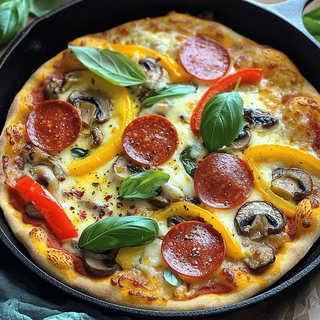 When making pizza at home, a good skillet is key. A cast iron skillet works great for this. It heats up evenly and keeps the heat well. This creates a crispy crust that you will love. Some skillets stand out for making pizza. Here are a few top choices: - Lodge 12-Inch Cast Iron Skillet: This one is affordable and durable. It heats evenly and is great for beginners. - Camp Chef Cast Iron Skillet: It has a long handle for easy lifting. This makes it safer when moving hot pizza. - Cuisinart 10-Inch Cast Iron Skillet: A bit smaller but perfect for personal pizzas. It is lightweight and easy to handle. Look for these features when picking a skillet: - Size: Choose a size that fits your oven and your pizza needs. A 10 to 12-inch skillet works well for most. - Weight: Heavier skillets hold heat better. This helps create that crispy crust. - Handle: A sturdy handle makes it easy to lift and move the skillet safely. Using cast iron for pizza has many perks: - Crispy Crust: The skillet gets hot and keeps heat well. This helps form a nice crust. - Flavor: Cast iron adds a unique taste to the pizza. It helps develop flavors. - Versatility: You can use the skillet for many dishes, not just pizza. It’s a great tool for any kitchen. Using the right cast iron skillet will make your homemade pizza shine. Enjoy the crispy perfection of your creation with the best cast iron pizza recipe! For more details, check the Full Recipe. To make the best cast iron pizza, you need a few key ingredients for the dough: - 2 cups all-purpose flour - 1 teaspoon instant yeast - 1 teaspoon salt - 3/4 cup warm water (about 110°F) - 1 tablespoon olive oil (plus more for greasing) These ingredients work together to create a soft and chewy crust. The yeast helps it rise, while the warm water activates it. The olive oil adds flavor and moisture. You can customize your pizza with many delicious toppings. Here are my favorites: - 1 cup pizza sauce (store-bought or homemade) - 2 cups shredded mozzarella cheese - Pepperoni - Bell peppers - Onions - Mushrooms Feel free to mix and match these toppings. The key is to balance flavors and textures. To elevate your pizza, consider these add-ins and seasonings: - Fresh basil leaves for garnish - Pinch of red pepper flakes (optional) These extras add fresh flavors and a little heat. You can also try other herbs like oregano or thyme for more depth. By using these ingredients, you can create a tasty cast iron pizza that is sure to impress! For a full recipe, make sure to check out the Best Cast Iron Pizza section. To make the dough, start by mixing the flour, instant yeast, and salt in a large bowl. Stir them together until you see no dry spots. Next, slowly pour in the warm water and olive oil. Use a wooden spoon or your hands to mix until a shaggy dough forms. This part is fun! Now, place the dough on a floured surface. Knead the dough for about five minutes. You want it smooth and elastic. After that, put it in a greased bowl and cover it. Let it rise for about one hour, or until it doubles in size. This is where the magic happens! While the dough rises, it's time to prepare your cast iron skillet. Preheat your oven to 475°F (245°C). Place the skillet inside to heat up. This step is key for a crispy crust. Once your oven is hot, carefully take out the skillet. Drizzle a little olive oil inside. This will help prevent sticking and give a nice flavor to the crust. Now for the fun part! Take your risen dough and punch it down to release the air. Roll it out on a floured surface until it fits your skillet. Aim for about 12 inches in diameter. Place the rolled-out dough into the hot skillet. Press it gently against the sides to form a crust. Next, spread the pizza sauce evenly on top, leaving some space for the crust. Sprinkle the shredded mozzarella cheese over the sauce. Add your favorite toppings, like pepperoni or bell peppers. Carefully return the skillet to the oven. Bake for 12 to 15 minutes. You want the cheese to bubble and the crust to turn golden brown. Once it's ready, take it out and let it cool for a few minutes. Garnish with fresh basil leaves and a pinch of red pepper flakes if you like. Slice your pizza and serve it hot! Enjoy your crispy, homemade cast iron pizza! For the full recipe, check the above section. {{image_2}} To get that perfect crispy crust, follow these steps: - Preheat your skillet: Always heat your cast iron skillet in the oven. This step gets the skillet hot and helps to create a crunchy base. - Use enough oil: Add a good drizzle of olive oil to the hot skillet before placing the dough. This helps the crust fry and crisp up. - Don’t overload with toppings: Too many toppings can make the crust soggy. Stick to a few of your favorites. - Bake at a high temperature: Set your oven to at least 475°F (245°C). High heat cooks the crust quickly and crisply. Seasoning your cast iron skillet is key for non-stick cooking and flavor: - Wash and dry: Start by washing your skillet with hot water and mild soap. Dry it completely. - Apply oil: Rub a thin layer of vegetable oil or flaxseed oil all over the skillet. - Bake upside down: Place it upside down in a preheated oven at 375°F (190°C) for one hour. This step helps set the oil. - Cool down: Let it cool in the oven. Repeat this process a few times for a better non-stick surface. Avoid these common mistakes to ensure great pizza: - Using cold dough: Always let your dough rest at room temperature. Cold dough does not spread well. - Skipping preheating: A cold skillet leads to a soggy crust. Always preheat your skillet. - Not checking the oven: Keep an eye on your pizza while it bakes. It can go from perfect to burnt quickly. - Cutting too soon: Let the pizza cool for a few minutes before cutting. This helps the cheese set and keeps toppings in place. Following these tips will set you on the path to making the best cast iron pizza. For the full recipe, check out the Best Cast Iron Pizza section! You can make a great vegetarian pizza that bursts with flavor. Start with a base of fresh veggies. Try using bell peppers, mushrooms, and spinach. You can also add artichokes or zucchini for more texture. Don’t forget the cheese! Use mozzarella or goat cheese for creaminess. For a unique twist, sprinkle some feta on top. This adds a salty kick. You can also use pesto as your sauce. It gives the pizza a fresh taste. For meat lovers, the sky's the limit. Start with a rich tomato sauce as the base. Then, layer on your favorite meats. Classic choices include pepperoni, sausage, and ham. You can also add bacon for a smoky flavor. Another great option is ground beef or shredded chicken. These meats add protein and heartiness. Top it all off with a mix of cheeses for the perfect melt. This combo will satisfy any meat craving. If you need gluten-free options, you can still enjoy delicious pizza. Use gluten-free flour as a base. Brands like Bob's Red Mill or King Arthur make great mixes. You can also try a cauliflower crust for a low-carb option. Just bake it until crispy before adding toppings. For sauce, stick to tomato or a simple olive oil base. Top with fresh veggies and your favorite cheese. These pizzas can be just as tasty and satisfying! You can find more details in the Full Recipe. Yes, you can use non-stick spray on your cast iron skillet. It helps prevent sticking. However, I prefer using olive oil for greasing. Olive oil adds flavor and helps with crust browning. Cleaning a cast iron skillet is simple. First, avoid soap. Instead, rinse it with hot water. Use a stiff brush to scrub off any food bits. For tough stains, use coarse salt as a scrub. After cleaning, dry it immediately to prevent rust. Always apply a thin layer of oil after cleaning. This keeps the skillet seasoned and ready for next time. Bake your pizza for 12 to 15 minutes. This time gives you a crispy crust and bubbly cheese. Keep an eye on it, as ovens vary. The pizza is ready when the cheese is golden and the crust is firm. Enjoy your delicious creation! Using a cast iron skillet for pizza gives you great flavor and texture. We discussed the best skillets and why they work well. I shared tips on ingredients and essential steps to make perfect pizza. Remember to avoid common mistakes for a crispy crust. Explore different pizza styles to find what you love. With practice, you'll master cast iron pizza in no time. Enjoy your delicious creations!