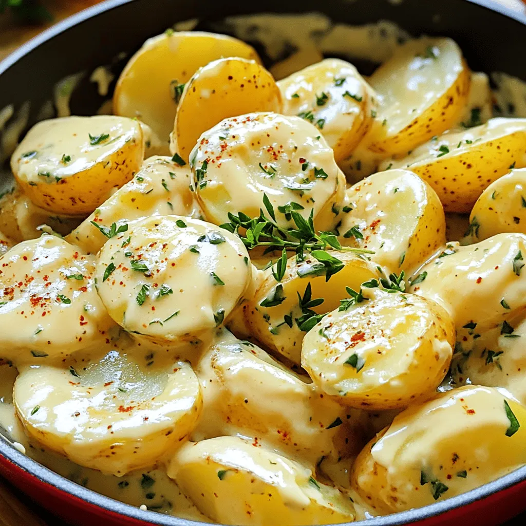 - 1.5 pounds baby potatoes - 4 cloves garlic, minced - 1 cup heavy cream - 1 tablespoon olive oil - 1 teaspoon dried thyme - 1 teaspoon garlic powder - 1/2 teaspoon paprika - Salt and pepper to taste - Fresh parsley, chopped (for garnish) Baby potatoes are not just cute; they are also super tasty. They cook fast and soak up flavors well. You can use any small, waxy potatoes if you can’t find baby potatoes. Garlic is the star of this dish. I use fresh minced garlic for a strong taste. You can add more or less garlic based on your taste. If you want a milder flavor, try roasted garlic instead. The heavy cream gives the sauce that creamy finish. It makes the sauce rich and smooth. If you want to cut down on fat, you can use half-and-half, but the sauce won't be as rich. Olive oil adds depth. It also helps to sauté the garlic without burning it. You can swap it with butter if you prefer. The seasonings are key. Dried thyme brings a nice herbal note. Garlic powder adds extra garlic flavor. Paprika gives a mild kick and a beautiful color. Don't forget to add salt and pepper to enhance all the flavors. Fresh parsley is not just a garnish. It adds a bright touch to the dish. It makes the meal look pretty and adds a fresh flavor too. For the Full Recipe, check the earlier section. It will guide you step-by-step to make this creamy delight. Washing and Boiling Start by washing the baby potatoes well. Rinse them under cold running water. Pat them dry with a clean towel. Fill a large pot with water and add a pinch of salt. Bring the water to a boil. Once boiling, add the baby potatoes. Cook them for about 15 to 20 minutes. You want them tender enough to pierce with a fork. Cooling and Cutting Them After cooking, drain the potatoes. Let them cool for a few minutes. When they are cool to touch, cut each potato in half. This helps them soak in the creamy garlic sauce later. Sautéing Garlic In a large skillet, pour in one tablespoon of olive oil. Heat it over medium heat. Once hot, add four minced garlic cloves. Sauté the garlic for about one minute. Be careful not to let it burn; burnt garlic tastes bitter. Combining and Thickening the Sauce Next, pour in one cup of heavy cream. Add one teaspoon of dried thyme, one teaspoon of garlic powder, and half a teaspoon of paprika. Season with salt and pepper to taste. Let the sauce simmer for about three to four minutes. This will help it thicken and become rich in flavor. Tossing in Potatoes Now, add the halved baby potatoes to the skillet. Gently toss them in the creamy garlic sauce. Cook for another five to seven minutes. This allows the potatoes to soak up all that delicious sauce. Garnishing for Serving Once done, remove your skillet from heat. Chop some fresh parsley and sprinkle it on top. This adds a fresh touch and color to your dish. Serve your creamy garlic sauce baby potatoes warm and enjoy. For the full recipe, you can check out the details above. To cook baby potatoes just right, choose small, uniform ones. This helps them cook evenly. Boil them in salted water for about 15-20 minutes. Test them with a fork. If it pierces easily, they are ready. Avoid overcooking, as this makes them mushy. For a creamy sauce, start with heavy cream. Heat it gently with garlic in a skillet. Let it simmer for about 3-4 minutes. This thickens the sauce nicely. If it’s too thin, cook it a bit longer. You can also add a touch of garlic powder for extra flavor. Creamy garlic sauce baby potatoes pair well with many main dishes. They work great with grilled chicken or roasted meats. You can also serve them alongside a fresh salad. The richness of the sauce balances well with lighter meals. Make your dish look special with a few simple touches. Use a large, white plate to highlight the creamy sauce. Sprinkle fresh parsley on top for color. You can also add a twist of lemon zest for brightness. This adds flair and makes the dish more appealing. For the complete recipe, check out the Full Recipe section. {{image_2}} Vegan Alternatives You can make this dish vegan easily. Replace heavy cream with coconut cream or cashew cream. These options give a rich and creamy texture. Use olive oil in place of butter for sautéing the garlic. This way, you keep all flavors strong and satisfying. Gluten-Free Adjustments Good news! This recipe is already gluten-free. Just check that any added ingredients, like seasonings, are also gluten-free. Most herbs and spices are safe, so seasoning your garlic sauce will not be an issue. Adding Other Herbs or Spices Feel free to mix in your favorite herbs. Fresh basil or dill can give a nice twist. You can also add some heat with red pepper flakes. This will spice things up and make the dish more exciting. Different Cream Substitutes If you want to change the sauce, try different creams. Almond milk or soy milk can work well with cornstarch as a thickener. Each option will change the taste slightly but can still be yummy. Experimenting lets you find your perfect flavor! You can find the Full Recipe to try these variations. The dish is flexible, so have fun with it! Refrigeration Tips Store leftover creamy garlic sauce baby potatoes in an airtight container. Keep them in the fridge for up to three days. Make sure they cool down before sealing. This helps prevent moisture build-up. Freezing Guidelines You can freeze these potatoes if you want to save them longer. Place them in a freezer-safe bag. Remove as much air as possible to avoid freezer burn. They can last up to three months in the freezer. When you’re ready to eat, let them thaw overnight in the fridge. Best Techniques for Reheating To reheat your potatoes, use a skillet over low heat. Add a splash of cream to keep them moist. Stir often to prevent sticking. If you want to use a microwave, place them in a bowl with a damp paper towel on top. Heat in short bursts to avoid drying out. Maintaining Creaminess To keep the sauce creamy, add a bit of heavy cream or milk when reheating. This helps revive the original texture. Stir gently to mix everything well. Enjoy your delicious dish just like it was fresh! How long do baby potatoes take to cook? Baby potatoes cook in about 15-20 minutes. You want them tender enough to pierce with a fork. Can I use other types of potatoes? Yes, you can use other types like red or yellow potatoes. Just cut them into smaller pieces for even cooking. What can I serve with this dish? These creamy garlic sauce potatoes go well with grilled chicken or steak. They also pair nicely with a fresh salad. How to reheat creamy garlic sauce potatoes? To reheat, place them in a pan over low heat. Add a splash of cream to keep them moist. Stir gently until warmed through. How to make the creamy garlic sauce? To make the sauce, sauté minced garlic in olive oil. Then add heavy cream, thyme, and spices. Simmer until slightly thickened. Can I prepare this dish in advance? Yes, you can cook the potatoes and make the sauce ahead of time. Store them separately and combine when ready to serve. What's the best way to make the sauce thicker? To thicken the sauce, let it simmer longer or add a bit of cornstarch mixed with water. This will help achieve a creamier texture. Full Recipe: Creamy Garlic Sauce Baby Potatoes 🥔 In this article, I shared how to make creamy garlic sauce baby potatoes. We discussed key ingredients like baby potatoes, garlic, and heavy cream, offering step-by-step instructions for perfect results. Tips on cooking and serving, plus variations for dietary needs, enhance this dish. Remember, storing leftovers properly keeps the flavor. Enjoy crafting this easy recipe, and don't hesitate to get creative with your seasonings. This creamy dish is both comforting and flexible, making it a great addition to any meal.
