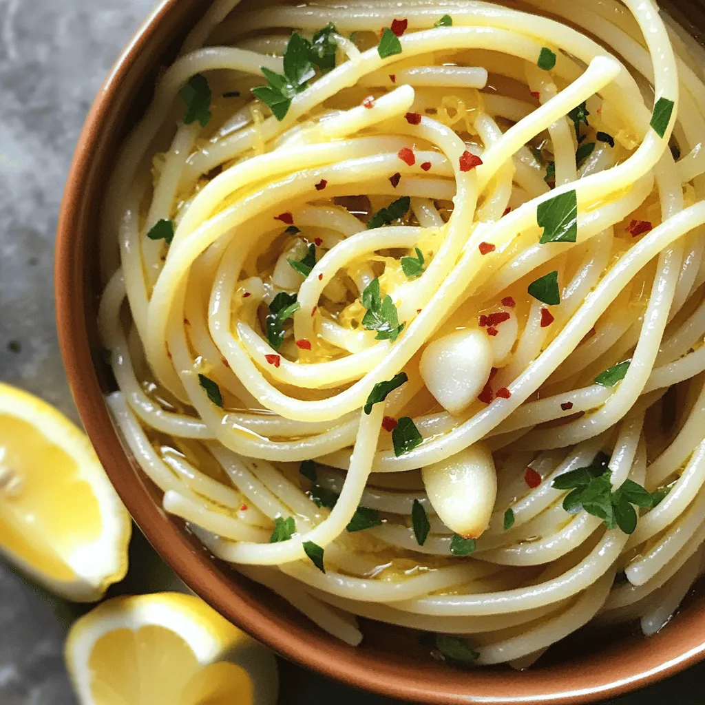 To make a great Spaghetti Aglio e Olio, you need a few key items: - 400g spaghetti - 6 cloves garlic, thinly sliced - 1/2 cup extra virgin olive oil - 1 teaspoon red pepper flakes (adjust for spice preference) - 1/4 cup fresh parsley, chopped - Zest of 1 lemon - Juice of 1/2 lemon - Salt to taste - Freshly grated Parmesan cheese (optional, for serving) These ingredients create a simple yet tasty dish that shines with flavor. You can change things up with some optional extras: - Cherry tomatoes, halved - Spinach or arugula - Fresh basil, chopped - Toasted pine nuts - Lemon zest or juice for extra brightness These ingredients add new flavors and textures to your dish. If you can't find some items, here are substitutes: - Spaghetti: Use any long pasta, like linguine or fettuccine. - Extra virgin olive oil: Any light oil, such as canola or avocado oil. - Garlic: Garlic powder can work in a pinch, but fresh is best. - Red pepper flakes: Try fresh chili or hot sauce for a different kick. - Parsley: Use fresh basil or chives for a different herb flavor. These substitutions ensure you can still enjoy this classic dish, even with limited ingredients. For the complete recipe, check out the Full Recipe. Start by filling a large pot with water. Add a good amount of salt. Bring it to a boil. Once boiling, add 400 grams of spaghetti. Cook it according to the package instructions, usually around 8 to 10 minutes. You want it al dente, which means it should be firm but not hard. When done, save one cup of the pasta water. Drain the spaghetti and set it aside. While your pasta cooks, grab a large skillet. Pour in 1/2 cup of extra virgin olive oil. Heat it over medium heat. Once hot, add 6 cloves of thinly sliced garlic. Cook for about 2 to 3 minutes. Stir it often to avoid burning. You want the garlic to turn golden and smell amazing. Then, stir in 1 teaspoon of red pepper flakes. Cook for one more minute. This step brings in heat and flavor. Now it's time to bring everything together! Add the drained spaghetti to your skillet. Toss it gently to coat the pasta with the garlic oil. If it looks dry, splash in some of that reserved pasta water. This helps the sauce stick better. Remove the skillet from heat. Mix in 1/4 cup of fresh chopped parsley, the zest of 1 lemon, and the juice of 1/2 lemon. Toss again to combine. Season with salt to taste. Serve your Spaghetti Aglio e Olio with freshly grated Parmesan cheese if you like. Enjoy this quick and flavorful dish that’s sure to impress! For the full recipe, check the link. To make great garlic oil, heat the olive oil slowly. Use a wide skillet for even heat. Add sliced garlic when the oil shimmers. Stir it often for about 2-3 minutes. You want it golden, not brown. Brown garlic can taste bitter. If you want a stronger garlic flavor, let it cook a bit longer, but watch it closely. Red pepper flakes add heat to this dish. Start with 1 teaspoon for a mild kick. If you like it spicier, add more flakes. You can also mix in fresh chili for a different heat. Just slice it thin and add it with the garlic. Always taste as you go, so you find your perfect level of spice. Presentation matters, even for simple dishes. Serve the spaghetti in shallow bowls. This makes it look fancy. Garnish with fresh parsley and red pepper flakes for color. A lemon wedge on the side adds brightness. When you plate it, let some pasta hang over the edge of the bowl. This creates a nice visual effect. For an extra touch, sprinkle some grated Parmesan cheese on top. For the full experience, check the Full Recipe for more details. {{image_2}} You can easily add protein to Spaghetti Aglio e Olio. Shrimp works great. Just sauté shrimp in the garlic oil for about 3-4 minutes. When they turn pink, they are done. Chicken is another option. Cut it into small pieces and cook it in the same oil. This adds flavor and makes the dish more filling. You will enjoy the extra taste and texture. To make a vegetarian version, skip the cheese or use a plant-based option. You can add mushrooms for a hearty feel. They soak up the garlic oil well and enhance the dish. Another great add-in is chickpeas. They give protein and fiber, making your meal more balanced. This twist keeps the dish light and vibrant. Adding seasonal veggies gives your Spaghetti Aglio e Olio a fresh touch. In spring, try asparagus or peas. In summer, bell peppers and zucchini shine. Just sauté them in the garlic oil before adding spaghetti. This adds color and nutrients to your dish. You will love how these veggies brighten up the flavors and the plate. For all these variations, just follow the Full Recipe for the base. Then, mix in your favorite additions. Enjoy experimenting with flavors! To store leftover spaghetti aglio e olio, let it cool first. Then, place it in an airtight container. Make sure to seal it well. This helps keep the flavor fresh. You can store it in the fridge for up to three days. If you want to save it longer, consider freezing it. When reheating, keep the pasta moist. Add a splash of water or olive oil. This helps prevent it from drying out. Place the spaghetti in a skillet over low heat. Stir gently to warm it through. You can also use the microwave. Heat it in short bursts, stirring in between. For freezing, divide the spaghetti into portions. Use freezer-safe bags or containers. Make sure to remove as much air as possible. This helps avoid freezer burn. Frozen spaghetti aglio e olio can last up to three months. When ready to eat, thaw it overnight in the fridge. Then reheat as mentioned above. Enjoy your tasty meal anytime! You can find the full recipe for spaghetti aglio e olio to make it again. Yes, you can make Spaghetti Aglio e Olio without garlic. If you skip the garlic, the dish will lose its classic flavor. You can replace garlic with other ingredients. Try using shallots or leeks for a different taste. You can also add herbs like basil or oregano to enhance flavor. Spaghetti Aglio e Olio pairs well with many dishes. You can serve it with a simple green salad. A fresh tomato salad adds a nice touch. Grilled vegetables also complement the meal nicely. For protein, consider adding shrimp or chicken. A side of crusty bread is perfect for scooping up sauce. Spaghetti Aglio e Olio lasts about 3 to 5 days in the fridge. Store it in an airtight container to keep it fresh. When you reheat, add a splash of olive oil. This helps restore moisture and flavor. For best taste, enjoy it within the first few days. You can find the Full Recipe for more details. In this blog post, we explored Spaghetti Aglio e Olio, from key ingredients to tips for cooking. You learned how to perfect the garlic oil and even customize the dish with proteins or veggies. Proper storage and reheating tips ensure you enjoy leftovers at their best. This simple, flavorful dish is easy to make and share. Embrace your inner chef and enjoy this classic Italian pasta meal at home!