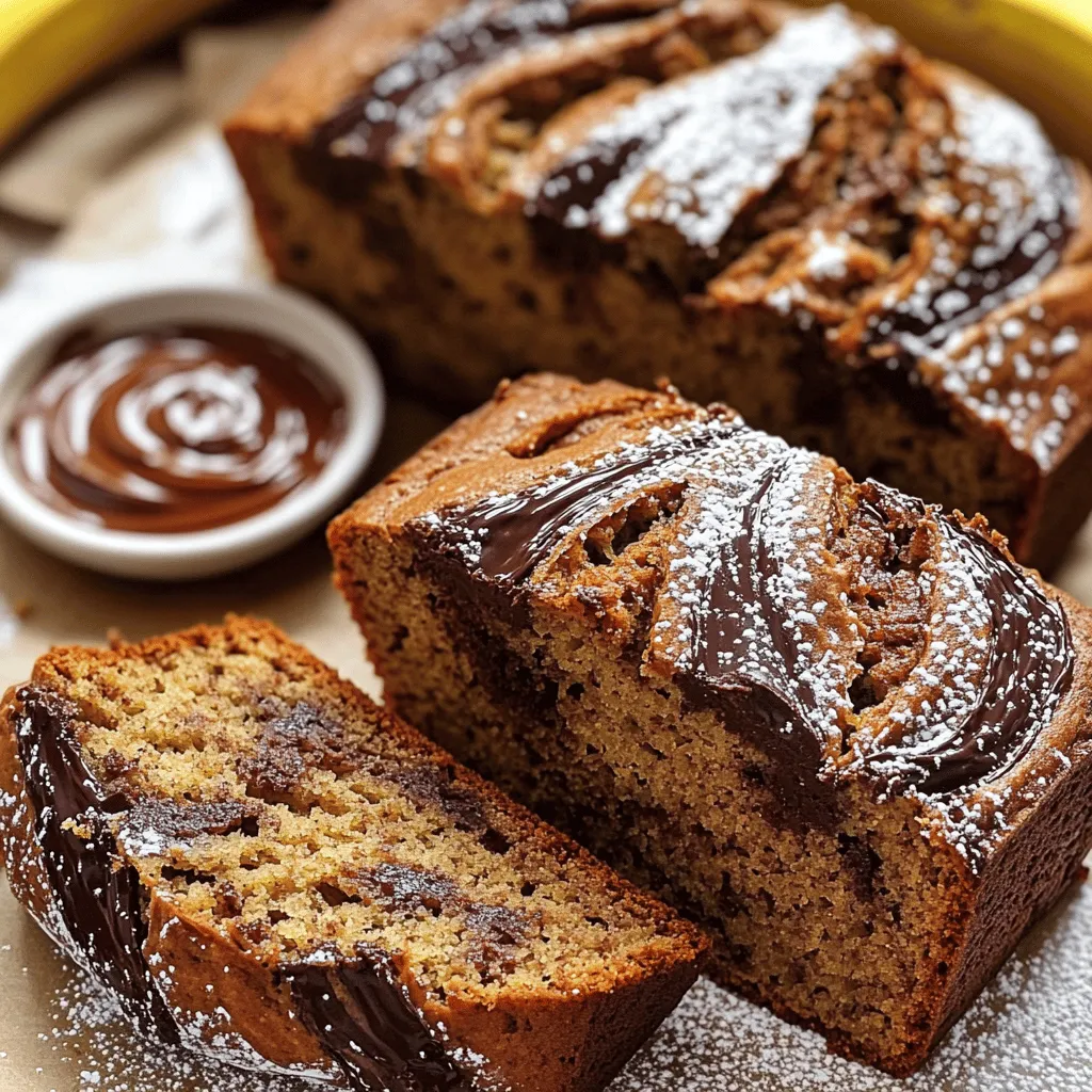 To make the Nutella banana bread, gather these simple ingredients: - 3 ripe bananas, mashed - 1/3 cup melted coconut oil - 1/2 cup brown sugar - 1 large egg, beaten - 1 teaspoon vanilla extract - 1 teaspoon baking soda - Pinch of salt - 1 1/2 cups all-purpose flour - 1/2 cup Nutella - Optional: 1/2 cup chopped walnuts or chocolate chips These ingredients create a soft, moist bread with a rich, chocolatey flavor. Ripe bananas are key; they add sweetness and moisture. The coconut oil keeps the bread light and fluffy. Brown sugar brings warmth and depth, while the egg binds everything together. You can switch things up by adding walnuts or chocolate chips for extra crunch. If you want a little twist, try different nut butters instead of Nutella. This recipe is easy to follow, and you will love how it turns out! For the full recipe, check the instructions above. - Preheat your oven to 350°F (175°C) and prepare a loaf pan. - Mix mashed bananas and melted coconut oil until smooth. This creates a nice base. - Incorporate brown sugar, beaten egg, and vanilla extract into the mixture. Stir well to combine. - Add baking soda and salt, then slowly integrate the flour. This gives the bread its rise. - Fold in optional ingredients like walnuts or chocolate chips for extra flavor. This step is fun and tasty! - Layer batter and Nutella in the pan, creating a marbled effect. This makes each slice beautiful. - Bake for 55-65 minutes and check doneness with a toothpick. It should come out clean. - Cool in the pan for about 10 minutes before transferring to a wire rack. This helps it hold its shape. You can find the full recipe [here](#). Enjoy your baking! How to achieve the perfect banana mash: Use ripe bananas for the best flavor. They should be brown and soft. Mash them with a fork or a potato masher until smooth. A few lumps are okay; they add texture! Importance of not overmixing the batter: Mix just until the flour is combined. Overmixing makes the bread tough. You want it light and fluffy. A few lumps in the batter are just fine. Best practices for swirling Nutella: Add dollops of Nutella on top of the batter. Use a butter knife to swirl it gently. Don’t mix it in too much. You want to see pretty swirls, not a solid layer of Nutella. Tips for achieving moist banana bread: Use ripe bananas and melted coconut oil. These keep the bread moist and soft. Also, avoid overbaking; check for doneness with a toothpick. Suggested toppings for serving: Serve warm slices with extra Nutella on the side. You can also add a sprinkle of powdered sugar for a sweet touch. Slices of fresh banana or a scoop of vanilla ice cream work great too! Ways to improve flavor depth with spices: Add a pinch of cinnamon or nutmeg to the batter. This gives a warm flavor that pairs well with the banana and Nutella. Start with 1/4 teaspoon and adjust to taste. Overbaking and its effects: If you bake too long, the bread can dry out. Start checking at 55 minutes. When a toothpick comes out clean, it’s done. Using unripe bananas vs. ripe ones: Unripe bananas lack the sweetness and moisture. Always choose ripe, brown bananas for the best results. They add natural sugar and flavor. Overloading with mix-ins: Stick to one or two mix-ins, like nuts or chocolate chips. Too many add-ins can weigh down the bread. Keep it simple for a balanced taste. {{image_2}} You can make this Nutella banana bread even better by swapping ingredients. - Try using different oils like canola or olive instead of coconut oil. Butter also works well and adds a rich flavor. - If you want a healthier option, use whole wheat flour. For a gluten-free version, almond or oat flour can be great substitutes. Spice up your banana bread with some fun flavors! - Adding a teaspoon of cinnamon or nutmeg can give your bread a warm taste. - If you want to change the chocolate flavor, try different spreads like peanut butter or almond butter. This gives a unique twist to each bite. Making Nutella banana bread fit your diet is easy! - For a vegan version, replace the egg with flaxseed meal mixed with water. Use plant-based milk too. - If you need a lower sugar option, try using mashed dates or unsweetened applesauce. These alternatives keep your bread tasty without adding too much sugar. Check out the Full Recipe for detailed steps and more ideas! To keep your Nutella banana bread fresh, let it cool completely. This helps prevent sogginess. Place it in an airtight container. This method keeps the bread moist and soft. If you don't have one, plastic wrap also works well. Wrap the loaf tightly to minimize air exposure. You can freeze your banana bread for later enjoyment. Slice the bread first for easy serving. Wrap each slice in plastic wrap, then place them in a freezer bag. Label the bag with the date. To thaw, take out a slice and leave it at room temperature for about an hour. For a warm treat, put it in the microwave for 15-20 seconds. Nutella banana bread stays fresh for about five days when stored properly. Keep it in a cool, dry place. If it starts to smell sour or has a dry texture, it has likely spoiled. Look out for any mold, which is a clear sign to toss it. Enjoy your delicious creation while it's at its best! Can I use frozen bananas for this recipe? Yes, you can use frozen bananas! Just thaw them first. They will mash easily when soft. This method also adds great moisture to your banana bread. How can I tell when my banana bread is done baking? To check if your banana bread is done, insert a toothpick into the center. If it comes out clean, your bread is ready. If it has wet batter on it, bake a bit longer. What if I don’t have Nutella on hand? If you lack Nutella, try other spreads like peanut butter or almond butter. You can also use chocolate chips for a sweet touch. These options still make your banana bread delicious. Can I make this as muffins instead of a loaf? Yes, you can turn this recipe into muffins! Just fill your muffin tin about two-thirds full. Bake for about 20-25 minutes, checking with a toothpick for doneness. Can I adjust the sweetness level in the recipe? You can adjust the sweetness! Use less brown sugar if you want it less sweet. You can also add a bit more sugar if you like a sweeter flavor. Taste as you go! What to serve alongside Nutella Banana Bread? Serve it with a side of fresh fruit or a dollop of whipped cream. A small plate of extra Nutella for dipping is a fun touch. It adds a nice twist to your serving. How to enjoy it warm or cold? Enjoy your banana bread warm or cold, depending on your mood. Warm slices taste amazing with a bit of butter. Cold slices can be a great snack or breakfast on the go. This recipe for Nutella Banana Bread blends ripe bananas and Nutella for rich flavor. You learned about the key ingredients, simple steps, and helpful tips to avoid mistakes. Remember to store it properly, and feel free to experiment with variations. This bread is not just a treat; it’s a chance to get creative in the kitchen. Enjoy your baking and share this tasty delight with friends and family!
