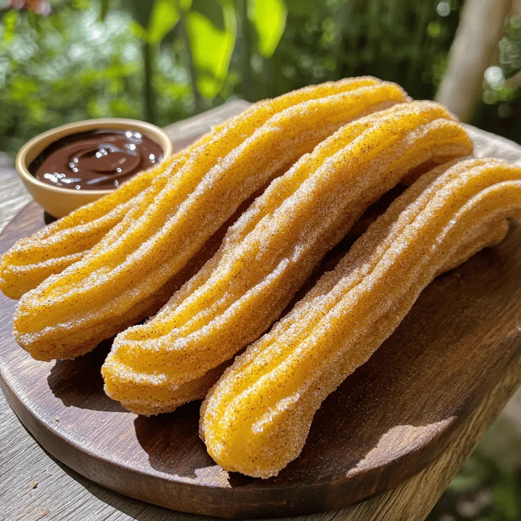 To make delicious cinnamon sugar churros, you'll need a few main ingredients. Here’s the list: - 1 cup water - 2 tablespoons vegetable oil - 1 tablespoon granulated sugar - 1 cup all-purpose flour - 1/4 teaspoon salt - 1 teaspoon baking powder - 2 large eggs - 1/2 cup granulated sugar (for coating) - 1 teaspoon ground cinnamon (for coating) - Oil for frying These ingredients come together to create a dough that fries up crispy on the outside and soft on the inside. To make the churros, you need specific tools: - Medium saucepan - Mixing bowl - Piping bag with a large star tip - Deep skillet or fryer - Candy thermometer (optional, but helpful) - Scissors or knife - Paper towels Having the right tools helps you cook safely and effectively. The piping bag is key for getting that star shape. Dipping sauces can take your churros to the next level. Here are a few tasty options: - Chocolate sauce - Dulce de leche - Caramel sauce - Whipped cream These sauces add flavor and fun. You can mix and match to find your favorite combination. Enjoy your churros warm with one of these dips for a delightful treat. For the full recipe, check out the details above! To start, grab a medium saucepan. Combine 1 cup of water, 2 tablespoons of vegetable oil, and 1 tablespoon of sugar. Heat it on medium. Bring this mix to a boil. When it’s bubbling, take it off the heat. Now, stir in 1 cup of all-purpose flour, 1/4 teaspoon of salt, and 1 teaspoon of baking powder. Keep mixing until you form a smooth dough. Let it cool for a few minutes. Then, add in 2 large eggs one by one. Mix until the dough is smooth and shiny. It’s time to fill a piping bag with the dough, using a large star tip for that classic churro shape. Next, take a deep skillet or fryer. Heat about 2 inches of oil over medium-high heat until it reaches 350°F (175°C). Once hot, carefully pipe 6-inch strips of dough into the oil. Use scissors or a knife to cut the ends. Fry them for about 2-3 minutes on each side until they turn golden brown. Keep an eye on them to prevent burning. When they are done, take the churros out and let them drain on paper towels. This helps remove extra oil, keeping them light and crisp. Now comes the fun part! In a small bowl, mix 1/2 cup of granulated sugar with 1 teaspoon of ground cinnamon. Roll the warm churros in this cinnamon sugar mix until they are fully coated. This step gives them that sweet, crunchy finish. You can serve these churros warm, perfect with chocolate sauce or dulce de leche for dipping. Enjoy this treat straight from your kitchen with the full recipe at your fingertips! To get the best churro texture, watch the dough closely. The dough should be smooth and glossy. If it feels too thick, add a bit more water. If it’s too wet, mix in a touch more flour. When frying, the oil must be hot enough, around 350°F (175°C). If the oil is too cool, churros will soak up oil and become greasy. Avoid overmixing the dough after adding the eggs. This can make your churros tough. Also, don't pipe the dough too thick. A 6-inch strip is ideal. If your churros break apart in the oil, your dough may be too soft. Lastly, don't skip the cinnamon sugar coating. It adds flavor and crunch! Churros are best eaten fresh, but you can store leftovers. Place them in an airtight container at room temperature. They will stay good for about one day. If you want to keep them longer, freeze them! Just place them in a freezer bag. When ready to eat, thaw them and reheat in an oven for a few minutes. This helps keep them crisp. For the full details, check out the Full Recipe. {{image_2}} Want to add a twist? Try chocolate-filled churros! After frying your churros, inject them with melted chocolate. You can use a piping bag with a small tip for this. The warm chocolate inside makes each bite a sweet surprise. I love using dark or milk chocolate for a rich flavor. This variation is perfect for chocolate lovers. If you need gluten-free churros, it's easy to switch the flour. Use a gluten-free flour blend instead of all-purpose flour. The rest of the steps stay the same. Your churros will still be tasty and crispy. Everyone can enjoy these treats! Want to change things up? Instead of cinnamon sugar, try powdered sugar. This gives the churros a soft, sweet finish. You can also mix spices like nutmeg for a unique twist. Another option is to drizzle chocolate or caramel sauce over them. Each choice offers a fun way to enjoy churros. For the full recipe, check out the detailed instructions above! Churros taste great on their own, but dipping sauces make them even better. I love pairing churros with warm chocolate sauce. The rich chocolate adds a deep flavor that complements the sweet churro. You can also try dulce de leche. This thick caramel sauce is creamy and delicious. For a twist, mix cream cheese with a bit of sugar and vanilla. It creates a tangy dip that pairs well with the cinnamon sugar. For drinks, I recommend a hot chocolate or a spiced chai. The warm drinks enhance the cozy feel of churros. If you prefer something cold, a sweet iced coffee works too. The coffee's bitterness balances the churro's sweetness, creating a perfect match. You might also enjoy churros with a fruity smoothie. A berry smoothie adds a fun twist and brightens up the flavors. When serving churros at a party, make them look festive. Place them in a tall glass or a mason jar. This way, guests can grab them easily. You can sprinkle extra cinnamon sugar on top for added flair. For a fun touch, drizzle chocolate sauce over the churros. Arrange some dipping sauces around the churros for variety. This not only looks great but also invites everyone to try different flavors. For the full recipe, check out the detailed steps to make your own cinnamon sugar churros. Enjoy! To make churros crispy, focus on the dough. Use the right flour; all-purpose works great. Make sure your oil is hot enough before frying. If the oil is cold, churros absorb too much oil. Fry them in small batches to keep the temperature steady. Lastly, coat them in cinnamon sugar while they are still warm. This keeps them crispy longer. Yes, you can freeze churros. Let them cool completely after frying. Place them in a single layer on a baking sheet. Once they are frozen, transfer them to an airtight container. They can stay in the freezer for up to three months. When you’re ready to eat them, reheat them in the oven for the best results. Vegetable oil is best for frying churros. It has a high smoke point and a neutral flavor. If you want, you can also use canola oil or peanut oil. These oils work well too. Make sure to heat the oil to 350°F (175°C) for perfect frying. To reheat churros, the oven is your best friend. Preheat it to 350°F (175°C). Place the churros on a baking sheet. Heat them for about 10 minutes until they are warm and crisp again. Avoid using the microwave, as it can make them soggy. Enjoy your churros like they were just made with the full recipe! Cinnamon sugar churros are easy to make and fun to enjoy. We covered key ingredients, tools, and tasty dipping sauces. I shared steps to make the dough and fry each churro perfectly. You learned tips for getting the best texture and avoiding common mistakes. Explore delicious variations and serving ideas to impress guests. Try making churros yourself for a sweet treat everyone will love. You’ll taste the difference!