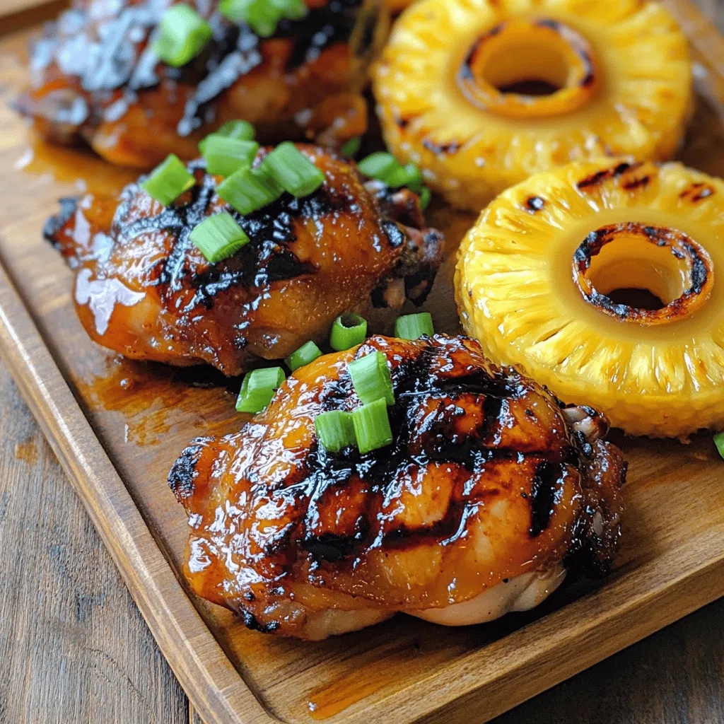 To make Huli Huli chicken, you need fresh and simple ingredients. The main star is chicken thighs. They stay juicy and tender when cooked. Here’s a quick list: - 4 chicken thighs, boneless and skinless - 1/4 cup soy sauce - 1/4 cup pineapple juice - 1/4 cup brown sugar - 2 tablespoons freshly grated ginger - 3 cloves garlic, minced - 2 tablespoons sesame oil - 1 tablespoon apple cider vinegar - 1/2 teaspoon black pepper - 1/4 teaspoon cayenne pepper (optional for heat) These ingredients provide the perfect blend of sweet and savory flavors. The marinade is the heart of this dish. It adds flavor and helps keep the chicken moist. First, combine soy sauce and pineapple juice. This mix gives a nice tang. Next, add brown sugar for sweetness. Ginger and garlic bring in a warm, spicy taste. Finally, sesame oil adds a nutty richness. Apple cider vinegar gives a bit of acidity, balancing the sweet notes. To complete your meal, consider some garnishes and sides. Green onions add a fresh crunch to the dish. Grilled pineapple rings are a must for sweetness. They caramelize on the grill and become delicious. Serve with rice or a fresh salad for a complete meal. These additions make your Huli Huli chicken even more special. For the full recipe, check the details above! To make the marinade, grab a medium bowl. Whisk together the soy sauce, pineapple juice, brown sugar, ginger, garlic, sesame oil, apple cider vinegar, black pepper, and cayenne pepper. You want a smooth mix that smells great. This marinade gives the chicken that sweet and savory flavor. Next, take your chicken thighs and place them in a resealable bag or a shallow dish. Pour the marinade over the chicken, making sure every piece is covered. Seal the bag or cover the dish tightly. Put it in the fridge for at least two hours. For the best results, let it marinate overnight. This helps the flavors soak in fully. When you're ready to grill, preheat your grill to medium-high heat. If you use charcoal, wait until the coals are white-hot. Remove the chicken from the marinade and let the extra marinade drip off. Discard the leftover marinade. Place the chicken on the grill. Cook for about 6 to 7 minutes on each side. You want the chicken to reach an internal temperature of 165°F (75°C). It should also have a nice char. While the chicken is grilling, add pineapple rings to the grill. Cook them for about 3 to 4 minutes per side until they have grill marks and are caramelized. Once everything is cooked, take the chicken and pineapple off the grill. Let the chicken rest for a few minutes before slicing it. You can serve the chicken with grilled pineapple on top, garnished with green onions for a fresh look. Enjoy your tasty Huli Huli Chicken! For more details, check out the Full Recipe. For the best flavor, marinate your chicken for at least two hours. However, I recommend marinating overnight. This allows the flavors to soak in well. Use a resealable bag or a shallow dish for marinating. Make sure the chicken is fully coated in the marinade. This ensures even flavor throughout the meat. Grill your chicken on medium-high heat for even cooking. This will give you a nice char without burning. Flip the chicken only once during grilling. This helps keep the juices inside. Aim for about 6-7 minutes per side. Use a meat thermometer to check for doneness. The internal temperature should reach 165°F (75°C). Avoid using too much marinade when grilling. Excess marinade can cause flare-ups and uneven cooking. Make sure to let excess marinade drip off before placing the chicken on the grill. Also, do not press down on the chicken while it cooks. This can squeeze out the flavorful juices. Lastly, let the chicken rest for a few minutes after grilling. This helps keep it juicy and tender. By following these tips, you will enjoy a delicious Huli Huli chicken every time. Check out the Full Recipe for more details! {{image_2}} You can switch up the main protein in Huli Huli chicken. Pork is a great choice. Use pork chops or tenderloin for a juicy bite. The marinade works well with pork, too. Tofu is a great option for vegans. Firm tofu absorbs flavors well. Slice it into thick pieces and marinate like chicken. Grill or pan-fry it until golden. Feel free to add different spices and fruits to your dish. For example, a pinch of smoked paprika gives a nice twist. You can also add fresh herbs like cilantro or mint for brightness. Fruits like mango or orange juice can replace pineapple juice. They add a sweet and tangy flavor. You can even try spicy peppers for heat. This keeps the recipe fresh and exciting. You don't have to grill all the time. You can bake Huli Huli chicken in the oven. Preheat your oven to 400°F (200°C). Place the marinated chicken on a baking sheet and bake for about 25-30 minutes. Flip it halfway for even cooking. You can also cook it on the stove. Use a skillet over medium heat. Cook each side for 6-7 minutes until fully cooked. This way, you can enjoy Huli Huli chicken no matter the cooking method. After enjoying Huli Huli Chicken, let any leftovers cool down. Store them in an airtight container. Place the container in the fridge. The chicken will stay fresh for about 3 to 4 days. If you want to keep it longer, consider freezing it. To freeze Huli Huli Chicken, wrap each piece tightly in plastic wrap. Then, place them in a freezer-safe bag. Remove as much air as possible before sealing. This helps prevent freezer burn. You can freeze the chicken for up to 3 months. When you’re ready to eat, thaw it in the fridge overnight. For the best taste, reheat Huli Huli Chicken in the oven. Preheat your oven to 350°F (175°C). Place the chicken in a baking dish and cover it with foil. Heat for about 15-20 minutes until hot. You can also use a microwave for quick reheating. Just be careful not to overheat it, as this can dry it out. Enjoy your Huli Huli Chicken again, just like the first time! Huli Huli Chicken comes from Hawaii. It started in the 1950s. A man named Ernest Morgado created it. He cooked chicken in a sweet sauce. The name "Huli" means "turn" in Hawaiian. This name reflects how you turn the chicken while grilling. Today, you can find Huli Huli Chicken at many Hawaiian BBQ events. It is popular for its sweet and savory flavor. Yes, you can make Huli Huli Chicken without a grill. You can use an oven or a stovetop. For the oven, preheat it to 400°F (200°C). Place the marinated chicken on a baking sheet. Bake for about 25-30 minutes. Flip the chicken halfway for even cooking. If you use a stovetop, heat a skillet over medium heat. Cook the chicken for about 6-7 minutes on each side. Check that the chicken reaches 165°F (75°C) inside. Huli Huli Chicken pairs well with many sides. Here are some great options: - Rice (white or brown) - Grilled vegetables (zucchini, bell peppers) - Coleslaw (for crunch) - Pineapple slices (for sweetness) - Salad (green or fruit salad) These sides balance the meal and add flavor. You can mix and match to find your favorite combinations. For the full recipe, check out the recipe section above. Huli Huli Chicken shines with its sweet and savory flavors, made easy by our guide. We covered key ingredients, marinade tips, and the best grilling practices. You learned how to store leftovers and even explore tasty variations. Remember, cooking should be fun and simple. With these tips, you can enjoy juicy chicken every time. Now, get ready to impress your family and friends with your new skills!