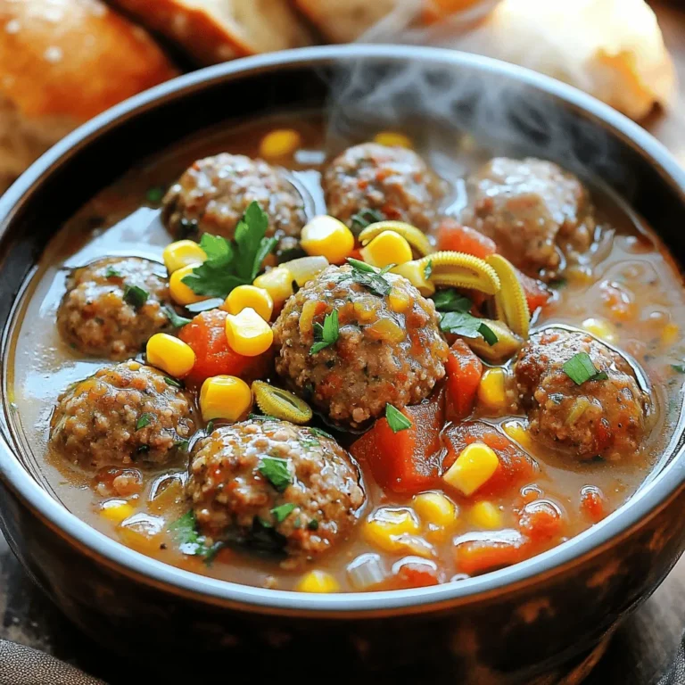 To make Cajun Meatball Stew, you need these key items: - 1 pound ground beef - 1 pound ground sausage - 1 cup breadcrumbs - 1 large egg - 1 tablespoon Cajun seasoning - 1 teaspoon garlic powder - Salt and pepper to taste - 3 tablespoons olive oil - 1 large onion, diced - 1 bell pepper (red or green), chopped - 3 cloves garlic, minced - 1 can (14.5 oz) diced tomatoes - 4 cups beef broth - 2 cups okra, sliced (fresh or frozen) - 2 cups corn (fresh or frozen) - 2 teaspoons Worcestershire sauce - Fresh parsley, chopped for garnish If you don’t have ground beef, you can use ground turkey or chicken. For the sausage, turkey sausage works well too. Breadcrumbs can be swapped for crushed crackers. You can also use egg replacer if you need a vegan option. For Cajun seasoning, try a mix of paprika, cayenne, and oregano. For a veggie boost, add zucchini or carrots instead of okra and corn. When picking fresh ingredients, look for bright colors and firm textures. For vegetables, choose ones that feel heavy for their size. Check the meat for a fresh smell and avoid any discoloration. Herbs should look vibrant and green, not wilted or brown. Fresh ingredients make a big difference in flavor. Always wash your produce before use to remove dirt and pesticides. To start, gather your ingredients for the meatballs. You need ground beef, ground sausage, breadcrumbs, an egg, Cajun seasoning, garlic powder, salt, and pepper. In a large bowl, mix these ingredients. Combine them well until you have a smooth mixture. Now, form small meatballs, about one inch wide. This size helps them cook evenly in the stew. Set the meatballs aside. Next, heat olive oil in a large pot over medium heat. Once the oil is hot, add the meatballs in batches. Brown them on all sides for about five to seven minutes. This step adds flavor and texture. After browning, remove the meatballs from the pot and set them aside on a plate. In the same pot, add the diced onion and chopped bell pepper. Sauté these for about five minutes until they soften. Then, add minced garlic and cook for one more minute. This will make your kitchen smell amazing. Now, it’s time to bring everything together. Pour in the diced tomatoes and beef broth. Stir well to mix the flavors. Return the browned meatballs to the pot. Then add sliced okra, corn, and Worcestershire sauce. Bring the stew to a gentle boil. Once boiling, reduce the heat to low. Let it simmer uncovered for about 25 to 30 minutes. Stir occasionally. This allows the meatballs to cook fully and the flavors to blend. Taste the stew, and adjust the seasoning if needed. Serve hot, garnished with fresh parsley. For the complete recipe, check out the Full Recipe. To make juicy meatballs, choose your meat wisely. I like a mix of ground beef and sausage. This combo adds flavor and moisture. Use breadcrumbs for binding. They help keep the meatballs tender. Don’t overmix the meat. Mix just until combined. Form the meatballs into small balls, around one inch wide. This size cooks evenly and stays juicy. Cajun seasoning brings heat and flavor. If you like it mild, use less seasoning. Start with half a tablespoon. You can always add more later. If you want more heat, try adding cayenne pepper or hot sauce. Taste the stew while it cooks. Adjust the spice until it suits your taste. Using the right tools makes cooking fun. A large pot is key for simmering your stew. A sturdy spatula helps with stirring. Use a baking sheet for browning meatballs. This keeps your stovetop clean. Don’t forget a sharp knife for chopping veggies. Having these tools makes the process smooth. For the full recipe, check the earlier section. {{image_2}} You can change the meats in this stew. Try using ground turkey or chicken. These options keep the dish lighter. You can also use a mix of meats. For a fun twist, use spicy Italian sausage for more heat. If you prefer, use leftover roast beef. Just chop it up and add it in. You can make a tasty vegetarian version. Replace meat with plant-based sausage or lentils. Use veggie broth instead of beef broth. This keeps the stew rich and flavorful. Add extra vegetables like mushrooms or zucchini for more texture. For a vegan option, skip the egg in the meatballs. Try using flaxseed meal mixed with water as a binder. Use seasonal veggies for freshness. In the summer, add ripe tomatoes and fresh corn. In the fall, try adding butternut squash or sweet potatoes. For winter, root vegetables like carrots and parsnips work great. These swaps keep your stew exciting all year. Always use what’s fresh and in season for the best taste. For the full recipe, check out the detailed instructions above. To store leftovers, let the stew cool first. Then, place it in an airtight container. Make sure to cover it well to keep out air. You can store the stew in the fridge for up to three days. If you want to keep it longer, use the freezer. When you reheat this stew, use a pot on the stove. Heat it over low to medium heat. Stir it often to heat it evenly. You can add a splash of broth or water if it seems too thick. This will help bring back its rich flavors. To freeze the stew, use freezer-safe containers. Leave some space at the top for the stew to expand. It can last in the freezer for up to three months. When you're ready to eat, thaw it in the fridge overnight. Then, reheat it on the stove for a warm meal. For the full recipe, check out the details above. Cajun Meatball Stew comes from Louisiana. It reflects the rich culture of the Cajun people. These folks mixed French, Spanish, and African flavors. The dish shows how they use local ingredients, like okra and spices. It's a comfort food that warms the soul. This stew is perfect for family gatherings or special occasions. Yes, you can make this recipe in a slow cooker. First, brown the meatballs in a pan. Then, add them to the slow cooker with the other ingredients. Cook on low for 6 to 8 hours or high for 3 to 4 hours. This method lets the flavors blend well. It also makes meatballs super tender. To make the stew thicker, you have a few options. You can add a slurry made from cornstarch and water. Mix 1 tablespoon of cornstarch with 2 tablespoons of water. Stir it into the stew and let it cook for a few minutes. Another way is to add more okra. Okra helps thicken the stew naturally. You can also use mashed potatoes or a bit of flour for thickness. For the full recipe, check out the details above. In this post, we explored key ingredients for Cajun Meatball Stew. We discussed how to prepare meatballs and cook veggies, plus tips for juicy results. You learned about ingredient substitutes and variations, ensuring you can adapt the recipe to your taste. Lastly, we covered storage and reheating for future meals. Remember, cooking is about creativity and fun. Don’t hesitate to experiment with new flavors. Enjoy each step, and make it your own!