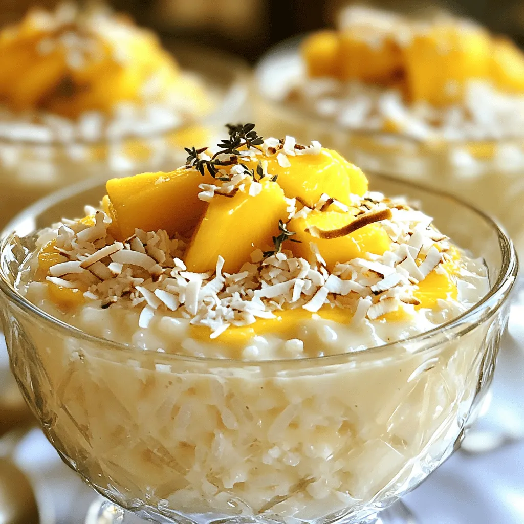 - 1 cup Arborio rice - 4 cups coconut milk (canned) - 1/2 cup sugar - 1/4 teaspoon salt - 1 teaspoon vanilla extract - 1/2 cup shredded coconut (sweetened or unsweetened) - Fresh mango slices (for serving) - Toasted coconut flakes (for garnish) The main ingredients for coconut rice pudding create a rich and creamy base. Arborio rice gives the pudding its lovely texture. Coconut milk adds a creamy flavor, making every bite a delight. Sugar sweetens the dish, and a little salt balances the flavors. Vanilla extract brings warmth, while shredded coconut adds a fun chewiness. Fresh mango slices are perfect for serving and add a bright touch. Toasted coconut flakes on top give a crunchy twist. - A pinch of cinnamon - Chopped nuts (e.g., almonds or pistachios) If you want to change things up, add a pinch of cinnamon. It brings a warm spice that pairs well with coconut. Chopped nuts like almonds or pistachios add crunch and flavor. Feel free to mix and match based on your taste! - Medium saucepan - Stirring spoon - Serving bowls You will need a medium saucepan to cook the rice pudding. A stirring spoon is key to mix everything well. Finally, use serving bowls to present your delightful treat. When you serve it in clear bowls, everyone can see its creamy goodness. Make sure to check the full recipe for all the steps to create this magical dish! To start, gather your ingredients. In a medium saucepan, combine the following: - 1 cup Arborio rice - 4 cups coconut milk (canned) - 1/2 cup sugar - 1/4 teaspoon salt Stir to mix these ingredients well. This step is key for even cooking. Next, place the saucepan over medium heat. Watch closely as you heat and stir until the mixture begins to boil. This should take just a few minutes. Once you see bubbles, it’s time to adjust the heat. Reduce it to low and cover the saucepan. This helps the rice cook evenly. Let it simmer for about 30-35 minutes. Stir occasionally. This keeps the rice from sticking to the bottom. You want the rice to become creamy and tender. After cooking, take the saucepan off the heat. Now, stir in these two ingredients: - 1 teaspoon vanilla extract - 1/2 cup shredded coconut Mix well and let the pudding cool slightly. As it cools, it will thicken just right. You can serve the pudding warm or chilled. Top each bowl with fresh mango slices and a sprinkle of toasted coconut flakes. This adds a lovely touch and makes it look great! For the complete recipe, check the Full Recipe section. To make coconut rice pudding, you must avoid sticky rice. Rinse the Arborio rice under cold water before cooking. This removes excess starch. Starch can make the rice clump together. After rinsing, cook it in coconut milk. Stir often to keep it creamy and smooth. Stirring is key to great rice pudding. It keeps the rice from sticking to the pan. Stir every few minutes while it cooks. This helps the rice absorb the coconut milk evenly. It also prevents burning. Serving coconut rice pudding can be fun. Use clear glass bowls to show off the creamy look. Add a sprig of mint on top for color. This makes the dish even more appealing. You can enhance the flavor with toppings. Fresh mango slices add sweetness. Toasted coconut flakes give a nice crunch. A sprinkle of cinnamon can add warmth. You can also try chopped nuts for extra texture. Many people overcook or undercook the rice. If you overcook it, the rice will turn mushy. If you undercook it, the rice will be hard. Make sure to follow the cooking time closely. Using the wrong type of rice can ruin your pudding. Arborio rice is best for this dish. It has the right amount of starch. This gives the pudding its creamy texture. Avoid regular long-grain rice, as it won't work well. For the full recipe, check out the Coconut Rice Pudding: Disney Copycat. {{image_2}} You can easily adjust this coconut rice pudding for different diets. If you're vegan, swap out sugar for a vegan-friendly sweetener, like maple syrup or agave. This keeps the flavor rich while catering to plant-based diets. If gluten is a concern, rest easy! This recipe is naturally gluten-free. Just focus on using certified gluten-free ingredients. Want to jazz up your pudding? Try adding fruits like pineapple or berries. These fruits bring fresh flavors and vibrant colors. You can also play with spices. A pinch of nutmeg or cardamom can add warmth and depth. Experiment with what you love! Presentation matters! Layer your coconut rice pudding with fresh fruits or a sweet sauce. This not only looks great but adds flavor too. Use dessert glasses for a fancy look. It makes your treat feel special and upscale. You’ll impress everyone at the table with just a few simple touches. Try these variations to make this delightful dish your own! For the full recipe, check out the detailed instructions above. To keep your coconut rice pudding fresh, place it in an airtight container. Make sure it is cool before sealing. This helps avoid moisture buildup. You can store it in the fridge for up to four days. When you want to enjoy leftovers, simply reheat the pudding. The best way is on the stove over low heat. Stir often and add a splash of coconut milk if it seems too thick. You can also microwave it in short bursts. Start with 30 seconds, then stir and check the temperature. If you want to save coconut rice pudding for later, freezing works well. Just spoon it into freezer-safe containers. Leave some space at the top for expansion. It can last up to three months in the freezer. To thaw, move it to the fridge for a few hours or overnight. This keeps the texture nice. If you are in a hurry, you can use the microwave, but be careful to avoid hot spots. Coconut rice pudding lasts about four days in the fridge. After that, it may lose its taste and texture. Look for signs of spoilage. If it smells sour or has a strange color, it's best to toss it. A change in texture can also mean it's time to say goodbye. Enjoy your dessert fresh for the best flavor. The secret lies in using Arborio rice. It gives the pudding a creamy texture. You need to stir often while cooking. This keeps the rice from sticking and helps it absorb flavors. Adding vanilla extract enhances the taste. Don’t forget the shredded coconut for extra flavor and texture. You can use regular rice, but the texture will change. Arborio rice is starchier and creates that creamy feel. If you use regular rice, your pudding may be less rich. Long-grain rice will not work well. Stick with short or medium-grain rice for a better result. You can serve it either way. Warm pudding feels cozy and comforting. Chilled pudding is refreshing, especially on a hot day. It thickens as it cools, making it even creamier. Try both ways to see which you prefer! To replicate that smooth texture, stir frequently while cooking. Use the right amount of coconut milk. Let it simmer long enough for the rice to soften. Adding shredded coconut at the end also helps. You want a creamy, dreamy pudding that melts in your mouth. You can top it with fresh mango slices for sweetness. Toasted coconut flakes add crunch and flavor. Chopped nuts like almonds or pistachios add a nice touch too. A drizzle of honey or a sprinkle of cinnamon can also elevate your dish. Enjoy mixing and matching your favorite toppings! You have all the steps to make delicious coconut rice pudding. We covered the key ingredients, easy cooking instructions, and tips for perfecting your dish. You learned about variations and how to store leftovers properly. With these insights, you can create a tasty treat for any occasion. Enjoy your cooking, and don't be afraid to try new flavors or toppings. Happy pudding making!
