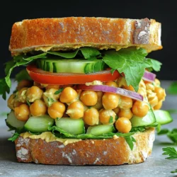 - 1 can chickpeas (15 oz), rinsed and drained - 2 tablespoons tahini - 1 tablespoon Dijon mustard - 1 tablespoon lemon juice - 1 small red onion, finely chopped - 1 celery stalk, finely chopped - 1 small cucumber, diced - 1/4 cup fresh parsley, chopped - 4 slices whole grain or gluten-free bread - Lettuce leaves for serving - Sliced tomato for serving When I make a Vegan Chickpea Salad Sandwich, I focus on fresh, simple ingredients. Chickpeas are the star here. They are packed with protein and fiber. You can use canned chickpeas for convenience. Just rinse and drain them well. Next, I add tahini, Dijon mustard, and lemon juice to give the salad a creamy texture. These ingredients mix well with the chickpeas for a rich flavor. For crunch, I chop a small red onion, a celery stalk, and a cucumber. The parsley adds a nice herbal note. I love the way these fresh veggies brighten the salad. Now, let’s talk about bread. I prefer whole grain or gluten-free bread for a hearty bite. Toasting the bread gives it extra crunch. You can also serve the sandwich with crisp lettuce and juicy tomato slices. This simple recipe is a great way to enjoy a filling meal. For the full recipe, see the details above. Start by mashing the chickpeas. You want to leave some chunks for texture. Use a fork or potato masher. Then, mix in tahini, Dijon mustard, and lemon juice. This blend adds a creamy, zesty flavor. Next, chop your vegetables. Finely chop the red onion and celery. Dice the cucumber and chop the parsley. Add these to the chickpea mixture. Stir it all together. Season with salt and pepper to taste. Taste it to ensure balanced flavors. If you like, toast the bread until golden brown. This step adds a nice crunch. Take two slices and spread a generous amount of the chickpea mixture on them. Now, add fresh lettuce leaves and sliced tomatoes on top. Cap each sandwich with the remaining slices. If you want, slice them in half for easier eating. You can serve the sandwich right away for the best taste. If you want to make them ahead, store the chickpea mixture in the fridge. This way, you can prepare your lunch or snack later. You’ll enjoy a tasty meal anytime! For the full recipe, check out the Chickpea Delight Sandwich 🥪. To get the right texture, use canned chickpeas. Rinse them well and drain. Mash them lightly with a fork or potato masher. Leave some chunks for a nice bite. If you prefer a creamier mix, mash more. I love the blend of creamy and chunky chickpeas in my salad. Balancing flavors is key to a tasty salad. Start with tahini, Dijon mustard, and lemon juice. Each gives a unique touch. Taste as you mix, adjusting salt and pepper until it feels right. You can add a pinch of garlic powder or smoked paprika for extra depth. Fresh herbs like parsley brighten up the dish too. The best tools make cooking easier. Use a medium bowl for mixing and a fork or masher for the chickpeas. A sharp knife helps chop the onion, celery, and cucumber. For spreading the chickpea mix, a spatula works well. Store leftovers in an airtight container. This keeps your salad fresh and tasty. If you want to save sandwiches, wrap them tightly in plastic wrap. This prevents the bread from getting soggy. Meal prep makes life simple. You can make the chickpea salad a day ahead. Just keep it in the fridge. This lets the flavors blend nicely. When you’re ready to eat, toast the bread for a warm crunch. Spread the salad on the bread just before serving. This keeps the bread fresh and avoids sogginess. Enjoy a delicious Vegan Chickpea Salad Sandwich anytime! For the full recipe, check out Chickpea Delight Sandwich. {{image_2}} You can easily change up your chickpea salad. Adding avocado gives it a creamy touch. Nuts, like walnuts or almonds, add crunch and flavor. You can also mix in herbs like dill or cilantro. Spices such as cumin or smoked paprika can make it more exciting. Just remember, a little goes a long way, so start with small amounts. Switching up the bread can change your sandwich game. You can use whole grain, sourdough, or gluten-free bread. Each type brings a different taste. If you want something lighter, try a wrap made with a tortilla. For a low-carb option, use lettuce cups. Both are fun ways to enjoy the salad. If you want to adjust the recipe for non-vegan tastes, it’s simple. You can add hard-boiled eggs or Greek yogurt for creaminess. This keeps the texture rich and satisfying. However, the original recipe is hearty and tasty on its own. You can stick with it for a fresh, vegan treat. Try the Full Recipe to see how easy it is! To keep your chickpea salad fresh, store it in an airtight container. Place it in the fridge right after you make it. This helps the flavors blend and keeps it tasty. I recommend using a glass container, as it seals better than plastic. For the bread, wrap it in a clean kitchen towel or place it in a bread bag. This keeps the bread soft and prevents it from getting stale. Avoid plastic wrap, as it can cause the bread to sweat and become soggy. The refrigerated chickpea salad lasts up to three days. After that, it may lose its flavor or texture. Check for signs that it has gone bad, such as a sour smell or discoloration. If you see any mold, toss it out right away. Yes, you can freeze the chickpea mixture! Just place it in a freezer-safe container. Make sure to leave some space at the top for expansion. It stays good for up to three months in the freezer. If you want to freeze the whole sandwich, it’s best to freeze only the chickpea mixture. Assemble your sandwich when you’re ready to eat. This keeps the bread from getting soggy and helps maintain that fresh taste. Chickpeas are packed with nutrients. They contain protein, fiber, and good fats. A one-cup serving has about 15 grams of protein and 12 grams of fiber. This helps keep you full and aids digestion. Chickpeas are also a great source of vitamins and minerals. They have iron, magnesium, and folate, which help support energy and brain health. Eating chickpeas can lower cholesterol and improve heart health. They are a smart choice for anyone, especially those who follow a vegan diet. Yes, you can use canned chickpeas. They save time and are easy to use. Canned chickpeas are already cooked, so you just rinse and go. This makes your meal prep quick. However, there are some downsides. Canned chickpeas can have added salt or preservatives. If you watch your sodium intake, choose low-sodium cans or rinse them well. Dried chickpeas need soaking and cooking, but they can have a better taste and texture. To make more servings, simply double or triple the ingredients. For example, if you want to serve four people, use two cans of chickpeas. When scaling up, mix well to ensure even flavor. You can also taste and adjust the seasoning as you go. If you make a lot, store leftovers in the fridge. Enjoy the chickpea delight sandwich anytime! For the complete recipe, check out the Full Recipe. This chickpea salad sandwich is simple to make and packed with flavor. We covered the main ingredients, step-by-step instructions, and helpful tips to perfect your dish. You can customize it to fit your taste and meal prep needs. Remember, chickpeas are nutritious and great for your health. Keep your sandwich fresh by following the storage tips we shared. Enjoy experimenting with different flavors. Happy cooking!