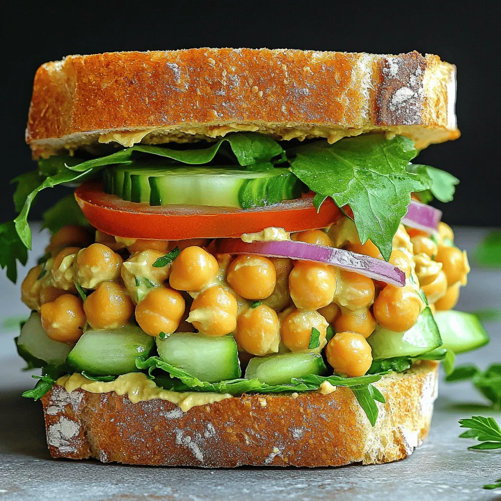 - 1 can chickpeas (15 oz), rinsed and drained - 2 tablespoons tahini - 1 tablespoon Dijon mustard - 1 tablespoon lemon juice - 1 small red onion, finely chopped - 1 celery stalk, finely chopped - 1 small cucumber, diced - 1/4 cup fresh parsley, chopped - 4 slices whole grain or gluten-free bread - Lettuce leaves for serving - Sliced tomato for serving When I make a Vegan Chickpea Salad Sandwich, I focus on fresh, simple ingredients. Chickpeas are the star here. They are packed with protein and fiber. You can use canned chickpeas for convenience. Just rinse and drain them well. Next, I add tahini, Dijon mustard, and lemon juice to give the salad a creamy texture. These ingredients mix well with the chickpeas for a rich flavor. For crunch, I chop a small red onion, a celery stalk, and a cucumber. The parsley adds a nice herbal note. I love the way these fresh veggies brighten the salad. Now, let’s talk about bread. I prefer whole grain or gluten-free bread for a hearty bite. Toasting the bread gives it extra crunch. You can also serve the sandwich with crisp lettuce and juicy tomato slices. This simple recipe is a great way to enjoy a filling meal. For the full recipe, see the details above. Start by mashing the chickpeas. You want to leave some chunks for texture. Use a fork or potato masher. Then, mix in tahini, Dijon mustard, and lemon juice. This blend adds a creamy, zesty flavor. Next, chop your vegetables. Finely chop the red onion and celery. Dice the cucumber and chop the parsley. Add these to the chickpea mixture. Stir it all together. Season with salt and pepper to taste. Taste it to ensure balanced flavors. If you like, toast the bread until golden brown. This step adds a nice crunch. Take two slices and spread a generous amount of the chickpea mixture on them. Now, add fresh lettuce leaves and sliced tomatoes on top. Cap each sandwich with the remaining slices. If you want, slice them in half for easier eating. You can serve the sandwich right away for the best taste. If you want to make them ahead, store the chickpea mixture in the fridge. This way, you can prepare your lunch or snack later. You’ll enjoy a tasty meal anytime! For the full recipe, check out the Chickpea Delight Sandwich 🥪. To get the right texture, use canned chickpeas. Rinse them well and drain. Mash them lightly with a fork or potato masher. Leave some chunks for a nice bite. If you prefer a creamier mix, mash more. I love the blend of creamy and chunky chickpeas in my salad. Balancing flavors is key to a tasty salad. Start with tahini, Dijon mustard, and lemon juice. Each gives a unique touch. Taste as you mix, adjusting salt and pepper until it feels right. You can add a pinch of garlic powder or smoked paprika for extra depth. Fresh herbs like parsley brighten up the dish too. The best tools make cooking easier. Use a medium bowl for mixing and a fork or masher for the chickpeas. A sharp knife helps chop the onion, celery, and cucumber. For spreading the chickpea mix, a spatula works well. Store leftovers in an airtight container. This keeps your salad fresh and tasty. If you want to save sandwiches, wrap them tightly in plastic wrap. This prevents the bread from getting soggy. Meal prep makes life simple. You can make the chickpea salad a day ahead. Just keep it in the fridge. This lets the flavors blend nicely. When you’re ready to eat, toast the bread for a warm crunch. Spread the salad on the bread just before serving. This keeps the bread fresh and avoids sogginess. Enjoy a delicious Vegan Chickpea Salad Sandwich anytime! For the full recipe, check out Chickpea Delight Sandwich. {{image_2}} You can easily change up your chickpea salad. Adding avocado gives it a creamy touch. Nuts, like walnuts or almonds, add crunch and flavor. You can also mix in herbs like dill or cilantro. Spices such as cumin or smoked paprika can make it more exciting. Just remember, a little goes a long way, so start with small amounts. Switching up the bread can change your sandwich game. You can use whole grain, sourdough, or gluten-free bread. Each type brings a different taste. If you want something lighter, try a wrap made with a tortilla. For a low-carb option, use lettuce cups. Both are fun ways to enjoy the salad. If you want to adjust the recipe for non-vegan tastes, it’s simple. You can add hard-boiled eggs or Greek yogurt for creaminess. This keeps the texture rich and satisfying. However, the original recipe is hearty and tasty on its own. You can stick with it for a fresh, vegan treat. Try the Full Recipe to see how easy it is! To keep your chickpea salad fresh, store it in an airtight container. Place it in the fridge right after you make it. This helps the flavors blend and keeps it tasty. I recommend using a glass container, as it seals better than plastic. For the bread, wrap it in a clean kitchen towel or place it in a bread bag. This keeps the bread soft and prevents it from getting stale. Avoid plastic wrap, as it can cause the bread to sweat and become soggy. The refrigerated chickpea salad lasts up to three days. After that, it may lose its flavor or texture. Check for signs that it has gone bad, such as a sour smell or discoloration. If you see any mold, toss it out right away. Yes, you can freeze the chickpea mixture! Just place it in a freezer-safe container. Make sure to leave some space at the top for expansion. It stays good for up to three months in the freezer. If you want to freeze the whole sandwich, it’s best to freeze only the chickpea mixture. Assemble your sandwich when you’re ready to eat. This keeps the bread from getting soggy and helps maintain that fresh taste. Chickpeas are packed with nutrients. They contain protein, fiber, and good fats. A one-cup serving has about 15 grams of protein and 12 grams of fiber. This helps keep you full and aids digestion. Chickpeas are also a great source of vitamins and minerals. They have iron, magnesium, and folate, which help support energy and brain health. Eating chickpeas can lower cholesterol and improve heart health. They are a smart choice for anyone, especially those who follow a vegan diet. Yes, you can use canned chickpeas. They save time and are easy to use. Canned chickpeas are already cooked, so you just rinse and go. This makes your meal prep quick. However, there are some downsides. Canned chickpeas can have added salt or preservatives. If you watch your sodium intake, choose low-sodium cans or rinse them well. Dried chickpeas need soaking and cooking, but they can have a better taste and texture. To make more servings, simply double or triple the ingredients. For example, if you want to serve four people, use two cans of chickpeas. When scaling up, mix well to ensure even flavor. You can also taste and adjust the seasoning as you go. If you make a lot, store leftovers in the fridge. Enjoy the chickpea delight sandwich anytime! For the complete recipe, check out the Full Recipe. This chickpea salad sandwich is simple to make and packed with flavor. We covered the main ingredients, step-by-step instructions, and helpful tips to perfect your dish. You can customize it to fit your taste and meal prep needs. Remember, chickpeas are nutritious and great for your health. Keep your sandwich fresh by following the storage tips we shared. Enjoy experimenting with different flavors. Happy cooking!