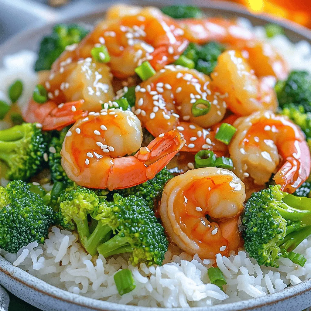 To make this dish, you need a few key items. The main ingredients are: - 1 pound large shrimp, peeled and deveined - 2 cups broccoli florets - 1/4 cup honey - 1/4 cup soy sauce (low sodium recommended) - 3 garlic cloves, minced - 1 tablespoon fresh ginger, minced - 1 tablespoon sesame oil - 2 tablespoons olive oil - 1 teaspoon cornstarch mixed with 1 tablespoon water (for thickening) - Salt and pepper to taste These ingredients combine to create a sweet and savory flavor. The shrimp adds protein, while the broccoli brings in important nutrients. The honey gives it a sweet touch, and the soy sauce adds a nice depth. Garnishes can make your dish look and taste better. For this recipe, I suggest: - Sesame seeds - Sliced green onions These garnishes add crunch and color. They also enhance the flavors in the dish. Choosing the right oil is important for cooking. I recommend using: - Sesame oil - Olive oil Sesame oil gives a nutty flavor. Olive oil is great for sautéing and adds healthy fats. Using both oils provides a balanced taste. For the complete cooking guide, check the Full Recipe. Enjoy making this dish! First, gather all your ingredients. You need: - 1 pound large shrimp, peeled and deveined - 2 cups broccoli florets - 1/4 cup honey - 1/4 cup soy sauce - 3 garlic cloves, minced - 1 tablespoon fresh ginger, minced - 1 tablespoon sesame oil - 2 tablespoons olive oil - 1 teaspoon cornstarch mixed with 1 tablespoon water - Salt and pepper to taste - Sesame seeds and green onions for garnish Next, mix the honey, soy sauce, garlic, and ginger in a bowl. This will be your sauce. Set it aside for later. Heat two tablespoons of olive oil in a large skillet over medium-high heat. Add the shrimp and season them with salt and pepper. Cook for 2 to 3 minutes. You want them to turn pink. Once they do, remove the shrimp and set them aside. In the same skillet, add the broccoli florets. Stir-fry them for about 4 to 5 minutes. You want them to be bright green and slightly crisp. After that, pour the honey-garlic sauce into the skillet. Let it simmer gently. Now, add the sesame oil and the cornstarch slurry. Stir well to combine everything. Let it simmer for another 2 minutes to thicken the sauce. Finally, return the cooked shrimp to the skillet. Toss everything together until the shrimp is coated in the sauce. Keep an eye on the shrimp while cooking. They cook fast and can become tough if overcooked. Aim for a medium-high heat for the best results. For the broccoli, you want to stir-fry until tender-crisp. This keeps them vibrant and tasty. For an extra touch, serve the dish over steamed rice or quinoa. Drizzle some extra honey on top before garnishing with sesame seeds and green onions. This adds a nice finish to your meal. For the full recipe, check the [Full Recipe]. To boost the flavor of honey garlic shrimp and broccoli, you can add a splash of lime juice. This small touch brightens the dish. You might also try adding red pepper flakes for heat. Adjust the amount based on your taste. Fresh herbs, like cilantro or basil, can also enhance the dish. Their aroma adds a fresh note. When cooking shrimp, ensure your skillet is hot before adding them. This helps them sear nicely. Cook the shrimp for only 2-3 minutes until they turn pink. Overcooking makes them tough. If you want more flavor, let the shrimp marinate in the honey sauce for 15 minutes before cooking. This adds depth and richness to every bite. To get broccoli just right, start with fresh florets. They should be bright green and firm. Stir-fry them for 4-5 minutes until tender-crisp. This keeps them vibrant and full of nutrients. If you like them softer, add a splash of water and cover the skillet for a minute. This steams the broccoli slightly while keeping it bright and tasty. For the full recipe, check the detailed instructions to make this delightful dish come to life! {{image_2}} You can easily switch the shrimp for chicken or tofu. Chicken thighs work great. Just make sure you cut them into small pieces. For tofu, use firm tofu and press it to remove excess moisture. Cook these proteins the same way as the shrimp. This keeps the dish quick and easy. Broccoli is amazing, but you can add or swap other veggies. Snap peas, bell peppers, or carrots add color and crunch. You can also try bok choy or zucchini. Just keep the cooking time in mind. You want the veggies to be bright and crisp. Want some zing? Try adding chili paste or red pepper flakes for heat. You can also give it a citrus twist with lime or lemon juice. Just mix it into the honey sauce for a fresh taste. Experiment with flavors to find your favorite. Each twist makes this dish exciting and fun to enjoy. For the full recipe, check out the details above. After enjoying your meal, let the shrimp and broccoli cool. Place them in an airtight container. You can store them in the fridge for later. Make sure to keep them sealed. This helps keep the flavors fresh. To reheat, you can use a skillet or microwave. If using a skillet, heat it over medium heat. Add a splash of water to prevent sticking. Stir until heated through. In the microwave, cover the dish with a lid. Heat for about 1-2 minutes. Check that it's hot all the way through before eating. Your Honey Garlic Shrimp and Broccoli will last in the fridge for about 3 days. If you want to keep it longer, consider freezing it. It can last up to 2 months in the freezer. Just remember to thaw it in the fridge overnight before reheating. Yes, you can use frozen shrimp. Just thaw them before cooking. To thaw, place them in cold water for about 15-20 minutes. Drain and pat them dry. This helps the shrimp cook evenly and absorb the sauce better. To make this recipe gluten-free, use gluten-free soy sauce or tamari. Both options taste great and will work well in the honey garlic sauce. Check your other ingredients, like sesame oil, to ensure they are gluten-free too. You can serve this dish with several sides. Here are some ideas: - Steamed rice - Quinoa - Noodles - Cauliflower rice - A fresh salad These sides complement the flavors of the shrimp and broccoli perfectly. You can find the full recipe for Honey Garlic Shrimp and Broccoli [here](#). This includes all the steps and tips you need to make this tasty meal. In this post, we covered how to make Honey Garlic Shrimp and Broccoli. We looked at the key ingredients, cooking steps, and useful tips to make your dish shine. Don't forget the variations, like trying different proteins or sauces to mix things up. Store your leftovers right for best flavor later. This dish is easy and fun to make. With practice, you can impress yourself and others. Enjoy your cooking journey!