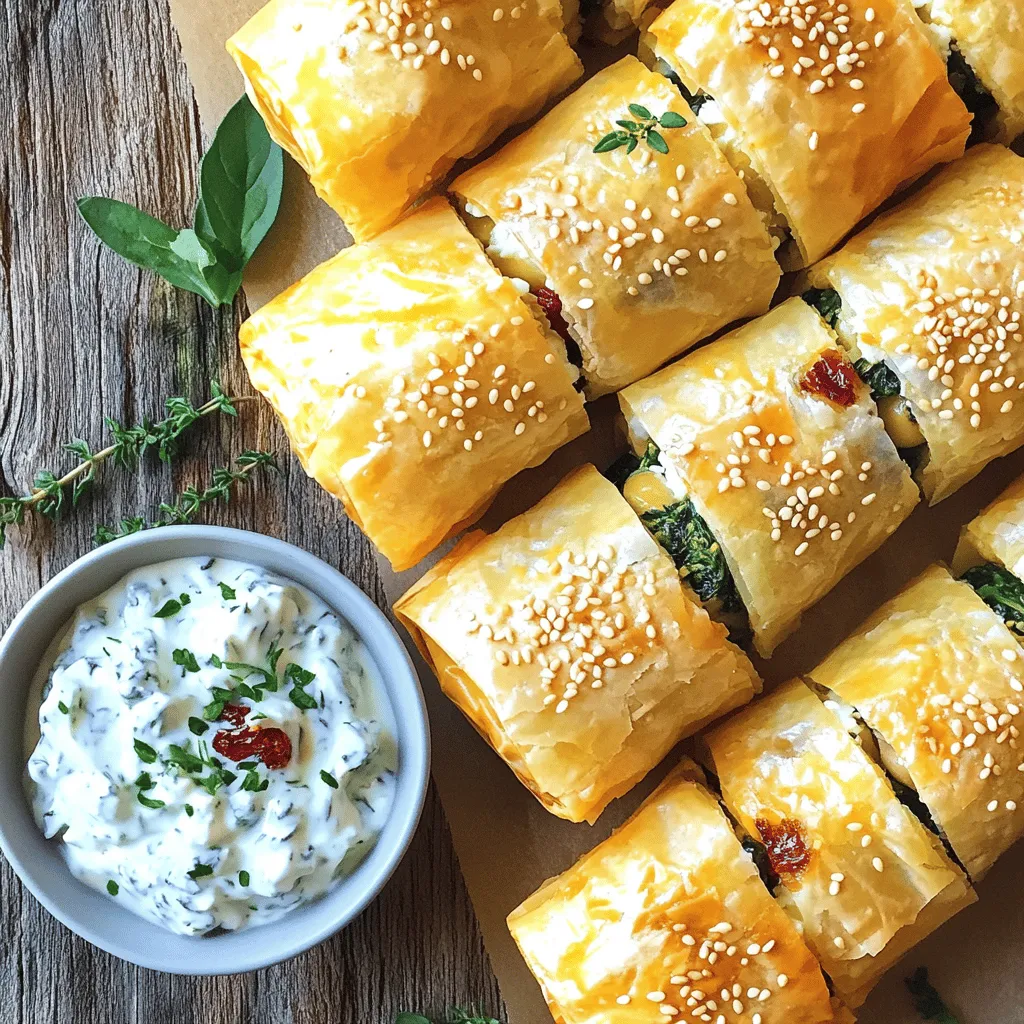 To make Oven Fried Feta Rolls, you need a few key ingredients that create a tasty dish full of flavor. Here’s what you will need: - 1 block of feta cheese (200g), drained and crumbled - 1 cup fresh spinach, chopped - 1/2 cup sun-dried tomatoes, chopped - 1/3 cup pitted olives, chopped - 1 teaspoon dried oregano - 1 teaspoon garlic powder - 1 package of phyllo pastry dough (about 20 sheets) - 1/2 cup melted butter (or olive oil for a lighter option) - Salt and black pepper to taste - Sesame seeds for garnish (optional) Each ingredient plays a part in making your rolls crispy and flavorful. Feta cheese gives a creamy texture, while spinach adds freshness. Sun-dried tomatoes bring sweetness, and olives give a salty kick. Phyllo pastry is the star here, creating a nice crunch. You can use butter for a rich taste or olive oil for a lighter option. Don't forget to season well with salt, pepper, and herbs to make these rolls pop. For a finishing touch, sesame seeds add crunch and look great! You can find the full recipe above to get started on this delicious dish. Start by preheating your oven to 375°F (190°C). This temperature helps the rolls become crispy. Line a baking sheet with parchment paper. This keeps the rolls from sticking and makes cleanup easy. Now, let’s combine the filling ingredients. In a mixing bowl, add: - 1 block of feta cheese (200g), drained and crumbled - 1 cup fresh spinach, chopped - 1/2 cup sun-dried tomatoes, chopped - 1/3 cup pitted olives, chopped - 1 teaspoon dried oregano - 1 teaspoon garlic powder - Salt and black pepper to taste Mix everything well until it’s combined. This filling will bring great flavor to your rolls. Next, let’s layer the phyllo dough. Take one sheet and lay it on a clean surface. Brush it lightly with melted butter or olive oil for a nice taste. Place another sheet on top and brush it again. Repeat this step for two sheets. Cut the layered phyllo into three equal strips lengthwise. This will help shape the rolls. At the end of each strip, place about 2 tablespoons of the feta filling. Fold in the sides over the filling. Then, roll the phyllo tightly to enclose the mixture. Place the roll seam-side down on the baking sheet. Keep repeating this process with the rest of the phyllo sheets and filling. Make sure to place each roll on the prepared baking sheet. To achieve golden, crispy results, brush the tops of the rolls with more melted butter or oil. You can also sprinkle sesame seeds on top for extra texture, if you like. Bake in the preheated oven for 20-25 minutes. Keep an eye on them until they turn golden brown and crispy. Timing is key to get that perfect texture. Once they are baked, remove them from the oven. Let them cool slightly before serving. Enjoy your Oven Fried Feta Rolls warm with a side of tzatziki sauce for dipping! Choosing the best feta and vegetables is key. Look for creamy, high-quality feta. It should crumble easily. Fresh spinach adds a nice green touch. Sun-dried tomatoes pack a punch with flavor. You can also use fresh herbs to brighten the filling. Adjust the seasoning to fit your taste. If you love garlic, add more garlic powder. A pinch of red pepper flakes gives a kick. Don't forget to taste the filling before you roll it up. This ensures the flavors blend well. Handling phyllo dough properly is crucial. Keep it covered with a damp cloth. This keeps it from drying out. If it dries, it will crack and not roll well. Work quickly, but don’t rush. Overfilling the rolls can lead to a mess. Use about 2 tablespoons of filling per strip. This amount keeps the rolls neat. Too much filling makes it hard to seal the edges. It can also cause the rolls to burst while baking. For the full recipe, check out the detailed instructions provided above. Enjoy your oven fried feta rolls! {{image_2}} You can easily change the cheese in these rolls. Try goat cheese or ricotta for a creamy twist. For a sharper taste, use aged feta or blue cheese. You can also mix in different vegetables. Roasted red peppers or artichokes add great flavor. Want more spice? Toss in some red pepper flakes or smoked paprika. These swaps keep the dish fresh and exciting. These rolls shine when served with tasty dips and sauces. Tzatziki, hummus, or a spicy harissa sauce complement them well. You can also pair them with a fresh salad. A simple cucumber and tomato salad adds a nice crunch. For a heartier meal, serve with grilled chicken or lamb. These choices enhance the flavor and make your meal complete. To keep your oven fried feta rolls fresh, follow these tips: - Refrigerate: Place leftover rolls in an airtight container. They stay good for up to three days. - Layering: If stacking rolls, use parchment paper between layers to prevent sticking. If you want to save them longer, consider freezing. - Wrap and Freeze: Wrap each roll tightly in plastic wrap. Then, place them in a freezer bag. This helps avoid freezer burn. - Storage Time: You can keep frozen rolls for up to three months. When ready, thaw them in the fridge overnight. To enjoy crispy oven fried feta rolls again, use these methods: - Oven Method: Preheat your oven to 350°F (175°C). Place rolls on a baking sheet. Heat for about 10-15 minutes. This brings back the crunch. - Air Fryer Method: For a quick fix, use an air fryer. Set it to 350°F (175°C) and heat for 5-7 minutes. These methods help restore crispiness while keeping the rolls tasty. You can keep Oven Fried Feta Rolls in the fridge for up to three days. Store them in an airtight container to maintain their crispy texture. If you find they lose some crunch, a quick reheat in the oven can help restore it. Yes, you can make these rolls ahead of time. Prepare them and store them in the fridge before baking. Just take them out when you're ready to bake. They will taste fresh and delicious. These rolls pair well with many sides. Consider serving them with tzatziki sauce for dipping. A fresh salad or roasted vegetables also works great. You can even add some olives or crusty bread on the side for a complete meal. Oven Fried Feta Rolls can be a healthy choice! They use fresh ingredients like spinach and tomatoes. Phyllo dough is lighter than traditional pastry. Just watch the amount of butter or oil you use. You can swap it for olive oil for a lighter option. - Full Recipe overview: The Oven Fried Feta Rolls recipe is simple and quick. It combines feta cheese, spinach, and sun-dried tomatoes, all wrapped in crispy phyllo dough. This dish is perfect for snacks or appetizers. Oven Fried Feta Rolls are tasty and fun to make. We covered the ingredients, steps, and tips to ensure success. Remember to choose quality feta and avoid overfilling. You can customize these rolls with different cheeses or spices for extra flavor. Proper storage and reheating keep them delicious. Enjoy making and sharing these rolls with friends and family. They are sure to impress!