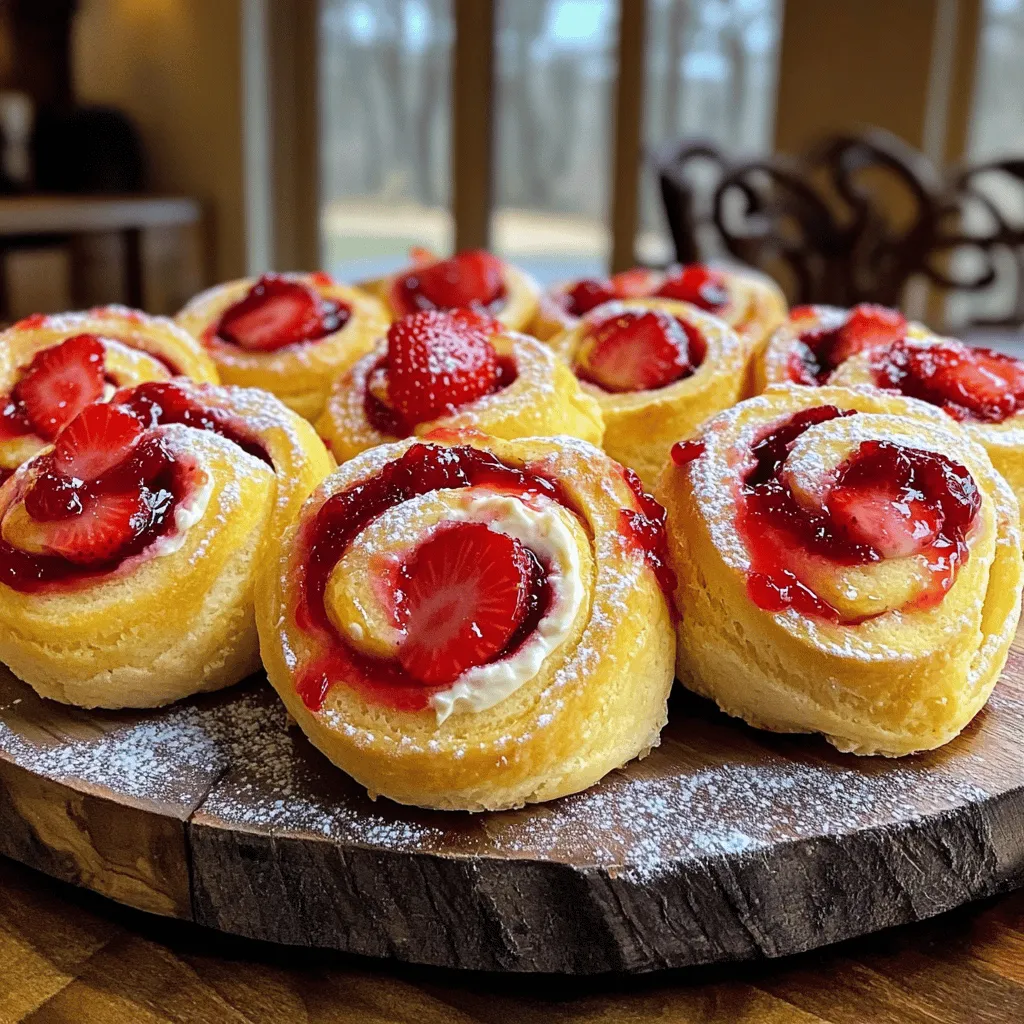 - 2 cups all-purpose flour - 1/4 cup granulated sugar - 1/2 teaspoon salt - 1 tablespoon instant yeast - 1/2 cup warm milk (110°F) - 1/4 cup unsalted butter, melted - 1 large egg - 1/2 cup cream cheese, softened - 1/4 cup powdered sugar - 1 teaspoon vanilla extract - 1 cup fresh strawberries, chopped - 1 tablespoon lemon juice - 1/4 cup strawberry preserve - Optional: powdered sugar for dusting When I make these strawberry cheesecake sweet rolls, I gather fresh ingredients. The flour gives the rolls their structure. The sugar adds sweetness, and salt balances the flavors. Yeast makes the dough rise and become fluffy. Warm milk and melted butter add richness and moisture. Next, I use a large egg for binding. Cream cheese gives that cheesecake flavor. The powdered sugar makes the filling sweet and smooth. Vanilla extract adds a nice aroma. Fresh strawberries bring a burst of flavor. Lemon juice brightens the filling and enhances the strawberries. I also include strawberry preserves for extra sweetness. Dusting with powdered sugar is optional but adds a lovely final touch. For the full recipe, I recommend checking the detailed steps. You will love how these rolls turn out! - In a large bowl, mix 2 cups of flour, 1/4 cup of sugar, 1/2 teaspoon salt, and 1 tablespoon of instant yeast. Make sure to blend them well. - In another bowl, combine 1/2 cup of warm milk, 1/4 cup of melted butter, and 1 large egg. Stir until all the wet ingredients mix together. - Gradually add the wet ingredients to the dry mixture. Stir until you see a soft dough forming. - Knead the dough on a floured surface for about 5 minutes. You want it to be smooth and elastic. - Place the kneaded dough in a greased bowl. Cover it with a clean cloth. Let it rise in a warm place for about 1 hour. It should double in size. - To make the filling, mix 1/2 cup of softened cream cheese, 1/4 cup of powdered sugar, 1 teaspoon of vanilla extract, and 1 tablespoon of lemon juice in a medium bowl. Stir until smooth. - Once the dough has risen, punch it down gently. Roll it out on a floured surface into a rectangle about 1/4 inch thick. - Spread the cream cheese mixture evenly over the rolled dough. Sprinkle 1 cup of chopped strawberries and add 1/4 cup of strawberry preserves on top. - Starting from one long edge, roll the dough tightly into a log. Cut the log into 12 equal rolls. Place them in a greased baking dish. - Cover the rolls again with a cloth. Let them rise for another 30 minutes. - Preheat your oven to 350°F (175°C). - Bake the rolls in the preheated oven for 25-30 minutes. They should be golden brown. For the full recipe, check out the details in the previous sections. Enjoy making these sweet rolls! To get soft and fluffy rolls, kneading is key. Knead the dough for about 5 minutes. Focus on folding and pressing it. This helps develop gluten, giving your rolls that perfect texture. For the best rise, make sure your yeast is fresh. Use warm milk, about 110°F, to activate it. After mixing, let the dough sit in a warm spot. Cover it with a cloth to keep it cozy. This way, the dough will double in size. Serve your strawberry cheesecake sweet rolls warm. A drizzle of extra strawberry preserves adds flavor. Dust some powdered sugar on top for a nice touch. You can also pair them with a scoop of vanilla ice cream. The cold ice cream balances the warm, sweet rolls perfectly. For drinks, consider serving coffee or a light tea. They complement the sweetness well. You might also enjoy a glass of milk with these rolls. One common mistake is over-kneading the dough. This can make your rolls tough. Knead just until smooth and elastic. Another mistake is not allowing enough rise time. If you rush this step, your rolls won’t puff up properly. Give them the time they need to rise, both after kneading and after cutting. This will help you achieve those fluffy rolls you crave. For detailed instructions, check the Full Recipe. {{image_2}} You can add chocolate chips or nuts to the filling for a twist. Try semi-sweet chocolate chips for a rich flavor. Chopped pecans or walnuts add a nice crunch. Experiment with different fruit fillings, too! Blueberries, raspberries, or peaches work well. Each fruit brings its own taste and color. For gluten-free options, use a gluten-free flour blend. It will give you a similar texture. You can also try almond flour or coconut flour. Both can add unique flavors. For vegan variations, swap butter with coconut oil and use flax eggs instead of regular eggs. This way, you keep the rich taste without using animal products. To keep your strawberry cheesecake sweet rolls fresh, store them properly. Place them in an airtight container. You can keep them in the refrigerator for up to five days. If you want to store them at room temperature, they will last for about two days. Just make sure they are covered to prevent drying out. Reheating is key to enjoying these rolls again. To maintain their softness, use the oven. Preheat it to 350°F (175°C). Place the rolls on a baking sheet and cover them with foil. Heat for about 10 minutes. This keeps them nice and soft. If you’re in a hurry, the microwave works too. Place one roll on a microwave-safe plate. Heat on high for about 15 seconds. Watch closely to avoid overheating, which can make them tough. For the best taste, I recommend the oven method. For the full recipe, check out the notes above! To keep your sweet rolls fresh, wrap them in plastic wrap. Store them at room temperature. If you want them to last longer, place them in the fridge. This keeps them moist and tasty. For added flavor, warm them slightly in the microwave before serving. Yes, you can make these rolls ahead of time. Prepare the dough and filling the night before. Then, let the rolls rise in the fridge. The next day, just let them sit at room temperature for about 30 minutes before baking. This saves time and makes them easy to enjoy. If you can’t find fresh strawberries, use frozen ones. Thaw and drain them before using. You can also try other fruits like raspberries or blueberries. They will give a nice twist to the flavor. For a different taste, use fruit preserves instead of fresh fruit. Look for a golden brown color on the rolls. They should feel light and springy when you touch them. If you insert a toothpick, it should come out clean. This shows that the rolls are baked through and ready to eat. Enjoy your delicious strawberry cheesecake sweet rolls! For the complete process, check the full recipe. You now have a complete guide to making delicious strawberry cheesecake sweet rolls. We covered key ingredients, step-by-step instructions, and useful tips for perfecting your rolls. Remember to knead properly and give the dough enough time to rise. Explore variations to suit your taste, and don’t forget storage tips to keep them fresh. With this knowledge, you're ready to impress family and friends with your baking skills. Enjoy the process, and savor every bite of your homemade treat!