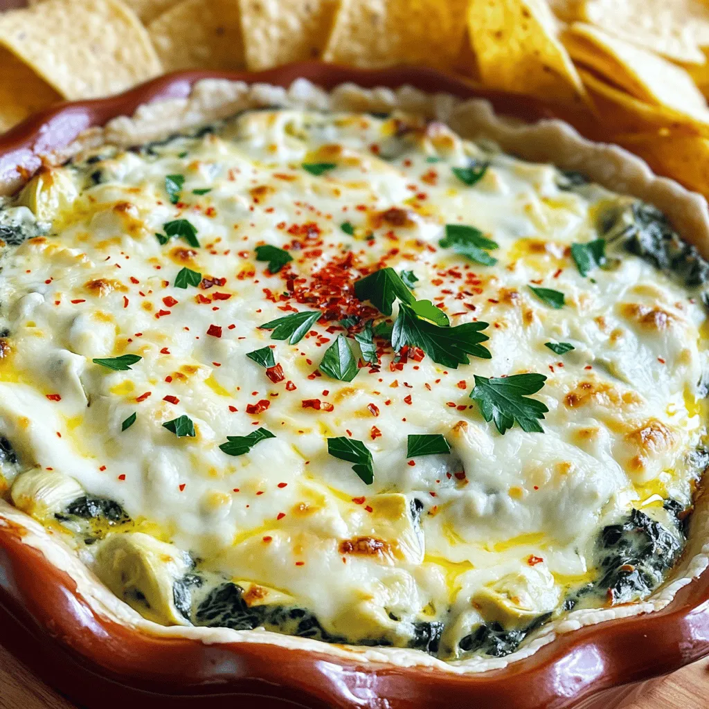 - 1 cup frozen spinach, thawed and drained - 1 cup canned artichoke hearts, roughly chopped - 1/2 cup cream cheese, softened - 1/2 cup sour cream - 1/2 cup mayonnaise Creamy spinach artichoke dip starts with three key elements: frozen spinach, canned artichoke hearts, and a blend of creamy bases. The spinach gives it a vibrant green color, while the artichokes add a subtle tang. Cream cheese brings richness, sour cream adds a bit of tang, and mayonnaise ties everything together. Make sure to drain the spinach well to avoid a watery dip. - 1 cup shredded mozzarella cheese - 1/2 cup grated Parmesan cheese Cheese makes this dip extra special. I like using mozzarella for its meltiness and stretch. Parmesan adds a sharp, nutty flavor. Together, they create a rich and savory base. You can mix in more cheese if you want an even cheesier dip! - 2 cloves garlic, minced - 1 teaspoon onion powder - 1/2 teaspoon red pepper flakes (optional) - Salt and pepper to taste Seasonings elevate the dip's flavor. Minced garlic brings aroma and taste, while onion powder adds depth. Red pepper flakes can add a bit of heat, depending on your taste. Always remember to season with salt and pepper. These simple spices make a big difference in the final product. For the full recipe, check out the details in the main article. First, preheat your oven to 350°F (175°C). This step is key for a perfect bake. Next, in a large bowl, mix the softened cream cheese, sour cream, and mayonnaise. Blend these until they are smooth and creamy. This mix forms the rich base of your dip. Now it's time to add flavor. Stir in the minced garlic, onion powder, and red pepper flakes. Season with salt and pepper to taste. Mix well to ensure every bite is full of flavor. Next, fold in the drained spinach and chopped artichoke hearts gently. Add the mozzarella cheese and half of the Parmesan cheese. Make sure it’s all combined but don’t overmix. Transfer your creamy mixture into a 9-inch pie dish or an oven-safe bowl. Sprinkle the remaining Parmesan cheese on top for a golden crust. Bake in the preheated oven for 25-30 minutes. Look for a bubbly, golden top. Remove the dip and let it cool slightly before serving. Enjoy this tasty treat with tortilla chips or sliced baguette as you savor every bite of the creamy spinach artichoke dip from the Full Recipe. To get the right consistency for your creamy spinach artichoke dip, follow these steps: - Use drained spinach: If you skip draining, your dip turns watery. Squeeze the spinach in a clean cloth until dry. This step keeps the dip thick and creamy. - Mix well: Blend your cream cheese, sour cream, and mayonnaise until smooth. This mix creates a solid base for your dip. The best accompaniments for this dip include: - Tortilla chips: They add a crunch that complements the dip's creaminess. - Sliced baguette: A warm slice works well for dipping. - Fresh vegetable sticks: Carrots, celery, and bell peppers add color and freshness. For presentation at gatherings, consider these tips: - Use a nice dish: An oven-safe bowl or pie dish adds charm. - Garnish: A sprinkle of red pepper flakes or chopped parsley brightens the look. - Serve warm: Warm dip tastes best and keeps everyone coming back for more. Check out the Full Recipe for more details on making this delicious dip! {{image_2}} You can easily change this dip to fit your taste. Try using different cheeses like cheddar or feta. These swaps add a new flavor twist. If you like heat, add hot sauce for a spicy kick. Herbs like basil or thyme can also boost the taste. These small changes keep the dip fresh and fun. You can make this dip lighter without losing flavor. Use low-fat cream cheese and sour cream. These swaps cut the calories but keep it creamy. If you want a dairy-free option, try using cashew cream or tofu. Both work great and still taste amazing. These healthier versions let everyone enjoy this dip without worry. To store leftovers, let the dip cool first. Place it in an airtight container. This keeps it fresh for up to three days. Use a glass or plastic container with a tight lid. Avoid metal containers as they can react with the dip. To reheat for the best texture, use your oven. Preheat it to 350°F (175°C). Transfer the dip back to an oven-safe dish. Bake for about 15-20 minutes, or until hot and bubbly. You can use a microwave, but it may not keep the dip creamy. If you choose the microwave, heat it in short bursts. Stir in between to ensure even heating. Can you make this dip ahead of time? Yes, you can make this dip ahead of time. Just prepare the dip and store it in the fridge. Cover it well to keep it fresh. When you're ready, bake it as directed in the Full Recipe. This saves time and lets you enjoy the dip warm. How do you freeze creamy spinach artichoke dip? You can freeze this dip for later use. Place the cooled dip in a freezer-safe container. Seal it tightly to prevent freezer burn. When you're ready to eat it, thaw it overnight in the fridge. Then, warm it in the oven until hot. How many servings does this recipe yield? This recipe yields about 6 to 8 servings. It’s perfect for a small gathering or a cozy night in. You can easily double the recipe for larger parties. What’s the best way to serve leftovers? Store leftovers in an airtight container in the fridge. Reheat in the oven for best results. You can also use a microwave, but the oven keeps it creamy and delicious. Serve with fresh chips or veggies to revive the flavor! This blog post shared an easy way to make creamy spinach artichoke dip. We covered the main ingredients, cheese choices, and great seasonings to use. I shared step-by-step instructions for prep, mixing, and baking. You learned tips for the perfect dip and creative variations to try. Lastly, we discussed how to store and reheat your dip. Enjoy making this dip for your next gathering or snack. Your taste buds will thank you!
