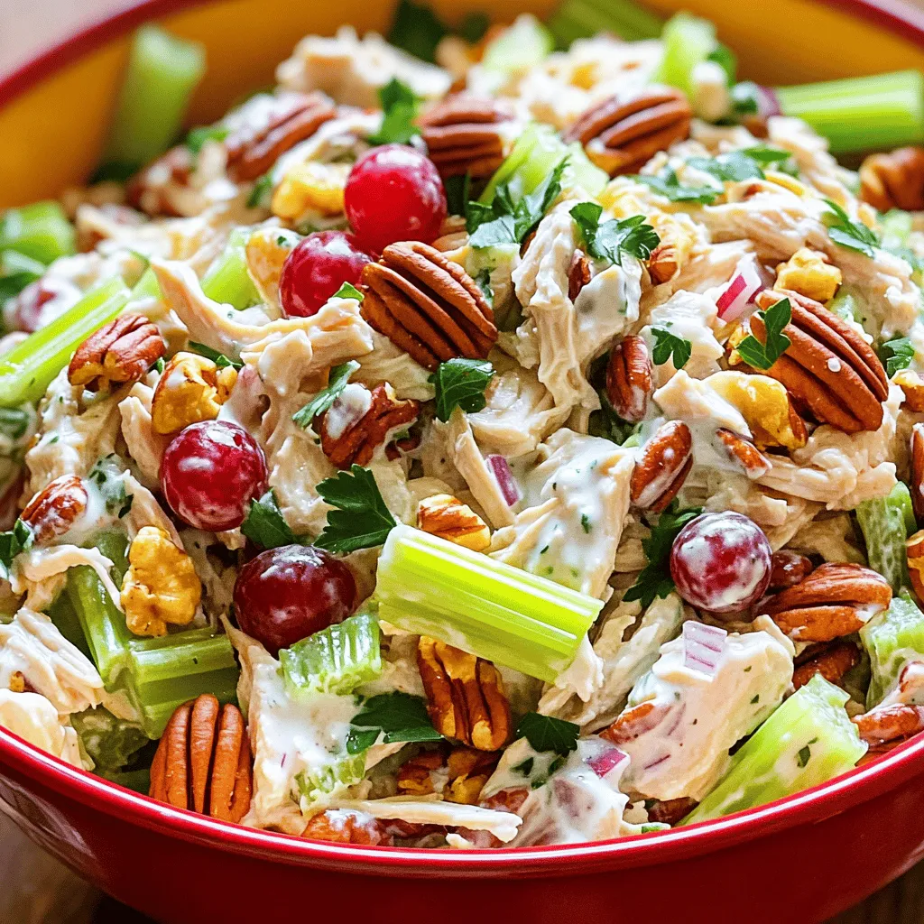 To make a tasty pecan chicken salad, you need these key ingredients: - 2 cups cooked chicken breast, shredded or diced - 1 cup celery, finely chopped - 1/2 cup red grapes, halved - 1/2 cup pecans, roughly chopped These ingredients create a great mix of textures and flavors. The chicken adds protein, while the celery gives crunch. The grapes bring sweetness, and pecans add a nutty bite. The dressing makes this salad special. Here’s what you need: - 1/2 cup Greek yogurt - 2 tablespoons mayonnaise - 1 tablespoon Dijon mustard - 1 tablespoon honey The Greek yogurt makes the dressing creamy and healthy. Mayonnaise adds richness. The mustard gives it a nice tang, and honey balances everything with a hint of sweetness. Finally, don’t forget these simple seasonings: - Salt and pepper - Fresh parsley Salt and pepper enhance the flavors. Fresh parsley adds a pop of color and freshness. If you want a bright finish, sprinkle some on top before serving. This pecan chicken salad is not only easy to make but also full of flavor. Check out the Full Recipe to get started! First, you need to shred or dice your cooked chicken. I often use leftover chicken for this. Next, chop the celery into small pieces. You want about one cup of celery for a nice crunch. Then, halve the red grapes. They add sweetness and color to the dish. You will also need to finely dice the red onion. This adds a sharp flavor that balances the sweetness of the grapes. Finally, roughly chop the pecans. They give the salad a great nutty taste. In a separate bowl, mix Greek yogurt, mayonnaise, Dijon mustard, and honey. This dressing is creamy yet light. Start by adding the yogurt and mayonnaise. Then, whisk in the mustard and honey until smooth. You want a nice blend of flavors. This dressing will coat your salad well. Now, it’s time to mix everything together. In a large bowl, add the shredded chicken, chopped celery, halved grapes, diced red onion, and chopped pecans. Pour the dressing over these ingredients. Stir gently so everything gets coated. After mixing, taste and adjust the seasoning. Add salt and pepper as needed. This step is key to make sure every bite is flavorful. Now you can cover the bowl and let it chill in the fridge for at least 30 minutes. This allows all the flavors to meld. When you're ready to serve, give it a gentle toss again. You can add fresh parsley on top for a pop of color if you like. For the complete recipe, check out the Full Recipe section. Enjoy your delicious pecan chicken salad! - Use fresh ingredients for the best flavor: Fresh chicken, crisp celery, and juicy grapes make a big difference. The taste of your salad hinges on the quality of your ingredients. - Allowing the salad to chill: Letting the salad sit in the fridge for at least 30 minutes helps the flavors blend together. This step is key for a tasty salad. - Overmixing ingredients: Mixing too hard can break the grapes and chicken. Gently fold the ingredients to keep them intact. - Skipping the chilling step: If you skip chilling, the flavors won’t meld. You’ll lose that great taste that makes this salad shine. - How to garnish the salad attractively: Use fresh parsley to add a pop of color. A sprinkle on top makes the salad look inviting. Serve in a nice bowl to enhance the overall appeal. {{image_2}} You can easily change the flavor and texture of your pecan chicken salad. Here are a few simple swaps: - Greek yogurt: Use sour cream instead of Greek yogurt for a creamier taste. - Nuts: Try walnuts or almonds if you want a different crunch. - Fruits: Change the red grapes to apples or dried cranberries for added sweetness. These swaps keep the salad fresh and fun. You can mix and match to suit your taste. Serving your pecan chicken salad can add a nice twist. Here are two fun ideas: - Lettuce wraps: Use large lettuce leaves to wrap the salad. It makes for a crunchy, low-carb option. - On toast: Spread the salad on whole-grain bread for a hearty meal. It’s tasty and filling. These serving ideas make the dish more exciting and versatile. You can change the salad with seasonal fruits or veggies. In spring, add fresh strawberries or peas for a light touch. In fall, consider diced apples or roasted butternut squash for warmth. Using seasonal ingredients keeps your salad vibrant and flavorful. To keep your pecan chicken salad fresh, store it in an airtight container. This helps prevent any odors from other foods in the fridge. The salad stays good for about three to four days. Always check for any changes in smell or color before serving. You can freeze pecan chicken salad, but it may change the texture. The pecans might become soft when thawed. If you choose to freeze it, place it in a freezer-safe container. Make sure to leave some space for expansion. To thaw, move it to the fridge overnight. This slow method helps maintain flavor and texture. It’s best not to heat pecan chicken salad. The creamy dressing and fresh ingredients taste best cold. If you do want to warm it, do so gently in a pan over low heat. However, I recommend serving it chilled for the best flavor experience. You can serve pecan chicken salad with many tasty sides. Here are some great ideas: - Mixed greens or a garden salad - Toasted bread or croissants - Pita chips for a crunchy bite - Fresh fruit like apple slices or berries - A light soup, like tomato or chicken broth These sides complement the creamy and crunchy elements of the salad well. Yes, you can make this salad ahead. It saves time for busy days. Here are some tips: - Prepare the salad up to a day in advance. - Store it in an airtight container in the fridge. - Wait to add the nuts until just before serving. This keeps them crunchy. - Stir the salad again before serving to mix the flavors. Using cooked chicken breast works best for this salad. Here are some options: - Shredded rotisserie chicken for ease and flavor - Grilled chicken for a smoky taste - Poached chicken for a tender texture Choose what you like best. Each option adds a nice touch to the salad. The Crunchy Pecan Chicken Salad combines flavors and textures. You need cooked chicken, celery, grapes, and pecans. The dressing uses Greek yogurt, mayonnaise, mustard, and honey. This mix creates a creamy and crunchy salad. The full recipe outlines each step to ensure success. Pecan chicken salad combines chicken, crunchy pecans, and fresh veggies for a tasty dish. We covered key ingredients, making the dressing, and mixing everything together. Remember to chill it for the best flavor. Try swaps like sour cream for Greek yogurt or serve it in lettuce wraps for a fun twist. Store leftovers well to enjoy later. Making this salad ahead of time helps with meal prep. Enjoy creating this easy and delicious meal that you can share with family and friends!