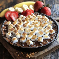 - 1 cup semi-sweet chocolate chips - 1 cup mini marshmallows - 1/2 cup graham cracker crumbs - 2 tablespoons unsalted butter The main ingredients for S'mores Dip are simple but essential. The semi-sweet chocolate chips create a rich, smooth base. Mini marshmallows add a fluffy, sweet topping. The graham cracker crumbs provide the perfect crunch. Unsalted butter helps melt the chocolate and gives a nice flavor. - 1 teaspoon vanilla extract - Pinch of salt - Fresh strawberries and banana slices for serving (optional) - Extra graham crackers for dipping Optional ingredients can enhance the dip. Vanilla extract adds a lovely aroma. A pinch of salt balances the sweetness. You can serve fresh strawberries or banana slices for a fruity twist. Extra graham crackers make great dippers, too. For the full recipe, check out the details above! - Preheat the oven to 400°F (200°C). - Melt 2 tablespoons of unsalted butter and 1 cup of semi-sweet chocolate chips in an oven-safe skillet. Use medium heat. Stir until smooth. - After melting, add 1 teaspoon of vanilla extract and a pinch of salt to the chocolate. Mix well. - Layer 1 cup of mini marshmallows evenly over the chocolate. Then, sprinkle 1/2 cup of graham cracker crumbs on top for that crunchy texture. - Bake the dip for about 10 minutes. Watch the marshmallows carefully. You want them golden brown, not burned. - When done, take it out of the oven. Let it cool for a minute before diving in. Serve it warm with extra graham crackers, fresh strawberries, or banana slices. Enjoy this gooey delight! To avoid burning the marshmallows, watch them closely as they bake. Set a timer for about 8 minutes. Check them at this point. If they are not golden brown yet, continue baking but keep your eyes on them. Oven temperatures can vary. If your oven runs hot, check the dip a bit sooner. If it's cooler, you may need a few extra minutes. Aim for a nice golden color. The best way to serve and enjoy the dip is hot and fresh from the oven. Use graham crackers, fresh strawberries, and banana slices for dipping. The warm chocolate and toasted marshmallows create a fantastic treat. For creative toppings, try adding crushed nuts or a drizzle of caramel sauce. You can also sprinkle sea salt on top for a sweet-salty twist. Serve the dip in a cast-iron skillet for a rustic look. You can also use a fun dish like a colorful pie plate. Add colorful garnishes like mint leaves or fresh berries. This makes your dip look festive and inviting. It’s all about making it look as good as it tastes! {{image_2}} You can make this dip even more fun. Adding peanut butter gives a creamy twist. Mix in half a cup of peanut butter with the chocolate for a rich taste. You can also use dark chocolate for a deeper flavor. Dark chocolate will change the taste, making it less sweet. If you need gluten-free options, try different crackers. Almond flour crackers work great! For vegans, use dairy-free chocolate. This way, everyone can enjoy the dip without worry. Just make sure the other ingredients are also vegan. Want to serve more people? Double the recipe! Just use a bigger skillet. You can also make individual servings in ramekins. This makes each serving look fancy and fun. Plus, it’s easy for guests to grab their own. For the full recipe, check out the detailed instructions above. After you enjoy your S'mores dip, store leftovers in an airtight container. This keeps it fresh. Place the dip in the fridge right away. You can also cover the skillet with plastic wrap if it fits. When reheating, use a microwave. Heat it in short bursts for 20 seconds. Stir in between to melt evenly. The dip stays fresh in the fridge for about 3 days. Look for signs that it has gone bad. If you see mold or an off smell, toss it out. The texture may also change if it sits too long. Yes, you can freeze S'mores dip! To freeze, let it cool completely. Place it in a freezer-safe container and seal it tightly. It can last up to 2 months in the freezer. When you want to eat it, thaw it in the fridge overnight. Reheat in the microwave, stirring often for the best texture. Can I use regular marshmallows instead of mini ones? Yes, you can use regular marshmallows. Cut them into smaller pieces. This helps them melt evenly. Mini marshmallows work better as they melt quickly. They also give a nice, even layer on top. What can I dip into S'mores Dip? You can dip many tasty items! Graham crackers are a classic choice. Fresh strawberries and banana slices add fun flavors. Pretzels give a salty crunch. You can also try cookies for a sweet twist. What can I use instead of graham crackers? If you need a substitute, try vanilla wafers or digestive biscuits. These work well for a similar taste. You can use crushed cookies for a different flavor too. Just remember to keep the crumb texture. Are there nut-free alternatives for this recipe? Yes, you can easily find nut-free options. Use nut-free chocolate chips, like semi-sweet or dark chocolate. Be sure to check labels for any hidden nuts. Enjoy this dip without worries! Can I make S'mores Dip in a microwave? Yes, you can! Layer the chocolate and marshmallows in a microwave-safe bowl. Heat in short bursts of 20-30 seconds. Stir in between until melted. Watch closely to prevent burning. What’s the best way to melt chocolate for this recipe? The best way is using a double boiler. Place a heat-safe bowl over simmering water. Stir the chocolate until it melts smoothly. You can also melt it in the microwave, just remember to stir often. S'mores dip is a fun treat made with chocolate, marshmallows, and graham crackers. We covered easy steps to make it, including baking tips and serving ideas. You can even try new flavors or adapt it for diets. Remember, leftovers can be stored and reheated with care. Experiment with this dessert to find your favorite twist. Enjoy every gooey bite!