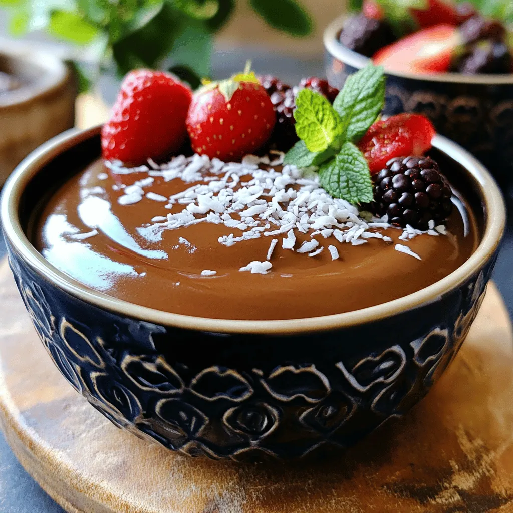 To make the best vegan chocolate avocado pudding, you need a few simple items. Here’s what you will need: - Ripe avocados - Unsweetened cocoa powder - Maple syrup - Almond milk (or any plant-based milk) - Vanilla extract - Sea salt - Optional toppings (shredded coconut, chopped nuts, fresh berries) Ripe avocados are key for a smooth texture. They add creaminess without dairy. Unsweetened cocoa powder gives that rich chocolate taste. Maple syrup adds sweetness and keeps it vegan. You can choose any plant-based milk, though almond milk works great. Vanilla extract adds warmth to the flavor. A pinch of sea salt brings all the tastes together. Feel free to get creative with toppings. Shredded coconut gives a nice crunch. Chopped nuts add a hearty bite. Fresh berries not only taste great but look beautiful too. For the full recipe, check out the steps in the next section! - Preparing the avocados Start by slicing the avocados in half. Remove the pit and scoop the green flesh into your food processor. Make sure to use ripe avocados. They should feel soft when you press them. This gives the pudding a smooth texture. - Combining ingredients in a food processor Next, add the unsweetened cocoa powder, maple syrup, almond milk, vanilla extract, and a pinch of sea salt to the processor. Each ingredient adds flavor and creaminess. The cocoa powder gives it that rich chocolate taste. - Blending the mixture Blend everything on high speed until the mix is smooth and creamy. You may need to stop and scrape down the sides. This step ensures all ingredients mix well. Keep blending until you see no lumps. - Adjusting sweetness and consistency Taste your pudding. If you want it sweeter, add more maple syrup. If the pudding is too thick, add a bit more almond milk. The goal is to have a velvety texture. Adjust to your liking. - Chilling the pudding Once blended, transfer the pudding into serving bowls. Chill in the fridge for at least 30 minutes. This helps the flavors blend together and makes it cool and refreshing when served. Enjoy your vegan chocolate avocado pudding with optional toppings like shredded coconut, chopped nuts, or fresh berries for a delightful finish. For the full recipe, see the section above. Using ripe avocados is key for a smooth pudding. They should be dark green and slightly soft. If they are too firm, your pudding will be chunky. Next, choose between a blender and a food processor. A blender gives a creamier texture, while a food processor can be easier for some. Both work well, but I prefer a blender for this. You can adjust the sweetness and thickness as you blend. Start with the amount of maple syrup in the recipe. Taste it before serving. Add more syrup if you like it sweeter. If your pudding is too thick, add a splash of almond milk. Blend it again for a smooth finish. When serving, use small bowls or cups. This makes it fun and fancy. You can layer the pudding with toppings for a pretty look. For toppings, think outside the box. Shredded coconut adds texture and a nice touch. Chopped nuts give a crunch. Fresh berries bring a burst of flavor and color. They also add a touch of freshness that balances the rich chocolate. Check out the Full Recipe for a delicious way to enjoy this vegan treat. {{image_2}} You can easily change the taste of your vegan chocolate avocado pudding. One great idea is to add nut butter. A spoonful of almond or peanut butter makes it richer. It adds a new layer of flavor that pairs well with chocolate. You can also try coconut cream. This will make your pudding even creamier and add a hint of coconut. Spices can also change the taste. Adding a dash of cinnamon gives a warm, sweet flavor. If you love coffee, consider adding espresso powder. It enhances the chocolate taste and gives it depth. You can play around with these flavors to find your favorite mix! If you have allergies or dietary needs, there are options. For a nut-free version, swap almond milk for oat or soy milk. Both work well and keep the pudding creamy. You can also skip the nut toppings and use seeds instead. For those who want a sugar-free option, use stevia or erythritol instead of maple syrup. These sweeteners make the pudding tasty without the sugar. Adjust the amount to your taste. This way, everyone can enjoy this rich dessert! If you want to try the full recipe with these variations, you can check out the Full Recipe. Keep your vegan chocolate avocado pudding in an airtight container. This helps keep it fresh and tasty. Chill it in the fridge for at least 30 minutes before serving. It allows the flavors to blend well. The pudding stays good for about 3 to 5 days. Just check for any changes in smell or texture before enjoying it again. Yes, you can freeze avocado pudding! It works well if you want to save some for later. Use a freezer-safe container to store it. When you are ready to eat it, take it out and let it thaw in the fridge overnight. If the texture changes a bit, just blend it again. This helps bring back its creamy goodness. Enjoy your rich and creamy treat anytime! For the full recipe, check the complete list of steps and ingredients. Is avocado pudding healthy? Yes, avocado pudding is very healthy. It has good fats from avocados. These fats help your heart. The cocoa powder adds antioxidants. Maple syrup gives you natural sweetness. Overall, it’s a tasty treat that’s good for you. How can I make this pudding sweeter? You can make the pudding sweeter by adding more maple syrup. Start with a little bit and taste it. If you want more sweetness, add a bit more at a time. You can also try using agave syrup or a bit of honey if you’re not strictly vegan. Can I use different types of milk? Yes, you can use different types of milk. Almond milk works great, but you can try coconut milk, soy milk, or oat milk. Each type gives a unique flavor. Just make sure it is unsweetened to keep the balance right. What can I substitute if I don’t have cocoa powder? If you don’t have cocoa powder, you can use carob powder. It gives a similar taste but is sweeter. You could also try melted dark chocolate, but adjust the sweetness. For a different flavor, you can use a mix of vanilla and a bit of nut butter. For the full recipe, check out the preparation steps above. This blog shows how to make creamy avocado pudding. You need ripe avocados and cocoa powder. Combine all the ingredients in a food processor and blend until smooth. Remember, the right blender can change the texture! Try custom flavors for fun. You can also chill it or freeze it for later. Store it well for freshness. In the end, this dessert is tasty, healthy, and easy to make. You can impress family and friends with this simple recipe. Enjoy your pudding!