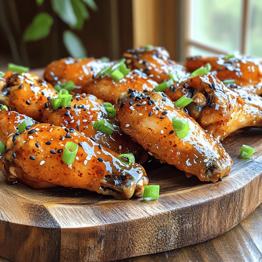 To make sweet and spicy chicken wings, gather these key items: - Chicken Wings: 2 lbs of fresh chicken wings. - Marinade Ingredients: - 1/4 cup honey - 1/4 cup soy sauce - 2 tablespoons sriracha (adjust to taste) - 2 tablespoons olive oil - 4 cloves garlic, minced - 1 teaspoon ginger, grated - 1 teaspoon sesame oil - Salt and pepper to taste - Garnish Options: - 1 teaspoon black sesame seeds - Green onions, chopped Gather these ingredients for a flavorful dish. The chicken wings are the star. The marinade blends sweetness and heat, creating a delightful taste. Honey adds a rich sweetness, while sriracha brings the spice. Garlic and ginger add depth to the flavor. Sesame oil gives a nice finish. For garnishing, black sesame seeds add a nice crunch. Chopped green onions bring freshness. This recipe is simple and fun. You can find the full recipe above if you need more details. Enjoy cooking! Preheat the Oven Start by preheating your oven to 425°F (220°C). This high heat helps the wings get crispy. Cleaning and Drying the Wings Rinse the chicken wings under cold water. Use paper towels to pat them dry. Dry wings help achieve a nice, crispy texture. Combining Ingredients In a large bowl, mix the marinade. Whisk together 1/4 cup honey, 1/4 cup soy sauce, 2 tablespoons sriracha, 2 tablespoons olive oil, 4 minced garlic cloves, 1 teaspoon grated ginger, and 1 teaspoon sesame oil. Add salt and pepper to taste. Adjusting Heat Levels Taste the marinade and adjust the sriracha if you want more heat. If it’s too spicy, add more honey to balance it. Marinating Time Add the wings to the bowl and toss until coated. Let them marinate for at least 30 minutes. For the best flavor, marinate overnight in the fridge. Preparing the Baking Sheet Line a baking sheet with aluminum foil. Place a wire rack on top. This allows air to circulate and helps the wings crisp up. Cooking Temperature and Time Arrange the marinated wings on the rack in a single layer. Bake in the preheated oven for 40-45 minutes. Turn the wings halfway through cooking for even crisping. If you want a sticky glaze, brush more honey on the wings in the last 5 minutes. For more details, check the Full Recipe. Importance of Drying To get crispy chicken wings, drying is key. After washing the wings, use paper towels. Pat them dry well. This removes moisture, helping them crisp up in the oven. If they are wet, they will steam instead of bake. Using a Wire Rack A wire rack is a must for baking. Place it on the baking sheet before adding the wings. This allows hot air to circulate around them. The result? Wings that are crispy all around. They won't sit in grease, which keeps them light and crunchy. Adjusting Sriracha Levels Sriracha adds heat and flavor. Start with two tablespoons, then taste. If you want more spice, add more Sriracha. If it’s too hot, you can balance it with extra honey. This mix creates the sweet and spicy vibe everyone loves. Using Fresh Ingredients Fresh ingredients make a big difference. Use fresh garlic and ginger for the best taste. Their flavors pop and enhance the dish. Fresh green onions as a garnish add crunch too. They also brighten up the wings visually. For the full recipe, check out the Sweet and Spicy Chicken Wings section. Enjoy your cooking! {{image_2}} You can switch up the flavors of your sweet and spicy chicken wings easily. Here are some ideas: - Different Sauce Combinations: Try using barbecue sauce mixed with honey for a smoky twist. You can also mix soy sauce with orange juice for a fruity flavor. Each sauce brings its unique taste to the wings. - Spicy Marinade Options: If you love heat, consider using chipotle sauce or jalapeño pepper sauce. You can even add cayenne pepper for an extra kick. Just adjust the amount to match your spice preference. Cooking methods can change the texture and taste of your wings. Here’s how to try two popular methods: - Air Fryer Instructions: Preheat your air fryer to 400°F (200°C). Place the marinated wings in the basket. Cook for about 25-30 minutes, shaking the basket halfway through. This method gives you crispy wings without much oil. - Grilling Tips: Preheat your grill to medium heat. Oil the grates to prevent sticking. Place the wings on the grill and cook for 20-25 minutes, turning them often. This adds a nice char and smoky flavor to the wings. Feel free to explore these variations and methods! They help you find the perfect taste for your sweet and spicy chicken wings. You can check the Full Recipe for more details on making these delicious wings. After enjoying your sweet and spicy chicken wings, you might have some left. Here’s how to keep them fresh. - Refrigeration Guidelines: Place the cooled wings in an airtight container. They last about three to four days in the fridge. Make sure to label the container with the date. - Freezing Instructions: For longer storage, freeze the wings. Wrap them tightly in plastic wrap, then place them in a freezer bag. They stay good for up to three months. Remember to label the bag with the date too. Warming up your wings can be tricky. You want to keep them crispy and tasty. - Best Practices for Keeping Wings Crispy: Preheat your oven to 375°F (190°C). Place the wings on a baking sheet. Bake for about 15-20 minutes. This makes the skin crispy again. You can also use an air fryer. Cook them at 350°F (175°C) for about 10 minutes for a quick crisp-up. Enjoy those wings just like when they were fresh! To make the wings less spicy, you can adjust the sriracha. Start with one tablespoon instead of two. You can also add more honey to balance the heat. Honey adds sweetness and helps tone down the spice. Another option is to use sweet chili sauce instead of sriracha. This sauce has a milder flavor and still adds sweetness. Serve the wings with a creamy dip, like ranch or blue cheese. This will also help cool down the heat. Yes, you can use frozen chicken wings. Just remember to thaw them before cooking. The best way to thaw wings is to place them in the fridge overnight. This keeps them at a safe temperature. If you need to thaw quickly, you can use cold water. Place the wings in a sealed bag and submerge them in cold water. Change the water every 30 minutes. This method takes about an hour. Once thawed, follow the full recipe as usual. Sweet and spicy wings pair well with many side dishes. Here are some great options: - Celery sticks with ranch dressing - Carrot sticks with hummus - Coleslaw for a crunchy contrast - French fries or sweet potato fries - A simple green salad with tangy vinaigrette These sides balance the flavors and add freshness to your meal. You can mix and match based on your taste. Enjoy your sweet and spicy chicken wings with these tasty sides! You learned about essential ingredients for making tasty chicken wings. We covered steps like prepping, marinating, and baking them just right. I shared tricks for achieving crispy skin and balancing flavors. You can explore different flavors and cooking methods too. Plus, I provided tips for storing and reheating your wings. With these insights, you can make delicious wings at home. Enjoy your cooking journey!