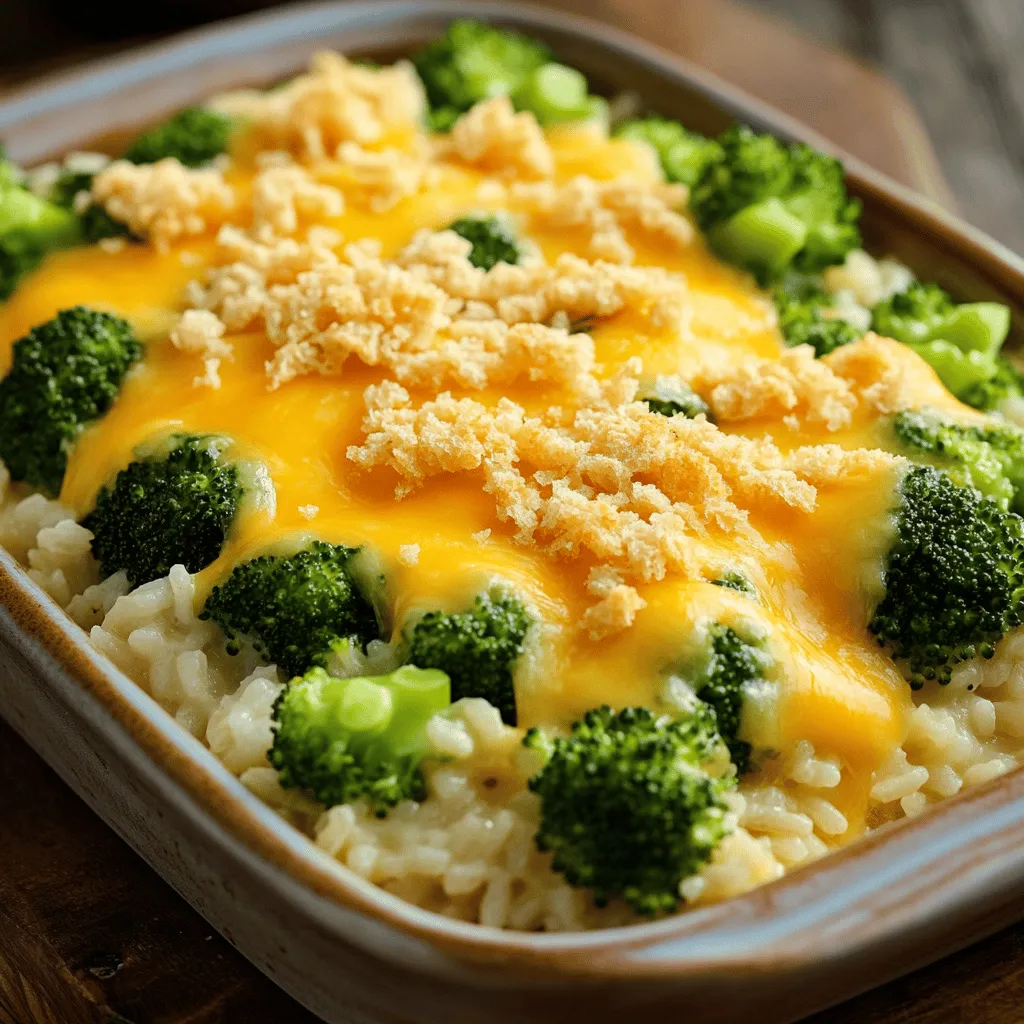 - 1 cup long-grain white rice - 2 cups vegetable broth - 2 cups fresh broccoli florets - 1 cup sharp cheddar cheese, grated - 1/2 cup cream cheese, softened - 1/2 cup milk - 1/2 cup onion, finely chopped - 2 cloves garlic, minced - 1 teaspoon garlic powder - 1 teaspoon onion powder - Salt and pepper to taste - 1/4 cup breadcrumbs (for topping) - 2 tablespoons olive oil - Different cheese varieties (e.g., mozzarella, gouda) - Extra vegetables (e.g., bell peppers, carrots) - Spices and herbs (e.g., paprika, thyme) The right ingredients make all the difference in Cheddar Broccoli Rice Casserole. I love using fresh, vibrant broccoli florets for color and taste. When selecting rice, I prefer long-grain white rice. It cooks well and stays fluffy. Cream cheese adds a rich creaminess. Mixing it with milk creates a smooth texture that coats the rice nicely. The sharp cheddar cheese melts beautifully, giving the dish its signature cheesy flavor. For added crunch, I sprinkle breadcrumbs on top before baking. This step creates a golden layer that contrasts with the creamy filling. Feel free to get creative! You can swap in different cheeses or add extra veggies to suit your taste. Spices like paprika or thyme can also enhance the flavor. Using these ingredients, you will create a comforting, delicious dish. For the complete list and details, check the Full Recipe. - Preheat oven to 350°F (175°C). - In a medium saucepan, combine 1 cup of long-grain white rice with 2 cups of vegetable broth. Bring it to a boil. Reduce heat to low. Cover and simmer for about 15 minutes until tender. - In a large skillet, heat 2 tablespoons of olive oil over medium heat. - Add 1/2 cup of finely chopped onion and 2 cloves of minced garlic. Sauté until soft, about 3-4 minutes. - Add 2 cups of fresh broccoli florets. Cook for another 2-3 minutes. The broccoli should be bright green and still crisp. - In a large mixing bowl, combine the cooked rice, the sautéed onion, and the broccoli. - Add 1/2 cup of softened cream cheese, 1/2 cup of milk, 1 teaspoon of garlic powder, 1 teaspoon of onion powder, salt, and pepper to taste. Mix until everything is well combined. - Transfer the mixture to a lightly greased 9x13-inch baking dish. Spread it out evenly. - Sprinkle 1 cup of grated sharp cheddar cheese over the top. - For added crunch, sprinkle 1/4 cup of breadcrumbs on top of the cheese layer. - Bake in the preheated oven for 25-30 minutes. The cheese should be melted and bubbly, and the breadcrumbs golden brown. You can find the full recipe in the article. Enjoy making this easy comfort dish! To boost flavor, consider using different cheeses. Mozzarella or gouda can add a new taste. You can also try adding spices like paprika or thyme for warmth. Garlic powder and onion powder are great for depth, but fresh herbs can brighten the dish. For a creamy consistency, make sure you mix the cream cheese well. If it is lumpy, it won’t blend smoothly with the rice. Also, avoid overcooking the broccoli. You want it to stay crisp and bright green. This adds a nice contrast to the creamy rice. Pair your casserole with a fresh salad or some crusty bread. These sides balance the richness of the dish. To garnish, sprinkle extra cheese or some chopped herbs on top. This not only looks pretty but also adds fresh flavor. For the complete recipe, check out the Full Recipe link. {{image_2}} You can change up the veggies in this dish. Try adding bell peppers, carrots, or peas. These will add color and taste. You can also use vegan cheese if you want a dairy-free meal. Brands like Daiya or Follow Your Heart melt well and taste great. If you need a gluten-free dish, swap out the breadcrumbs for gluten-free options. Crushed rice crackers or almond flour work well. You can also choose rice that fits your needs. Quinoa or brown rice can add more flavor and nutrients. Want to make this dish heartier? Add cooked chicken or turkey for protein. You can shred rotisserie chicken or use leftover turkey from the holidays. If you prefer a plant-based option, mix in beans like black beans or chickpeas. They will boost the protein and fiber in your meal. Check out the Full Recipe to see how to put these ideas into action! To keep your Cheddar Broccoli Rice Casserole fresh, store leftovers in the fridge. Place it in an airtight container. This helps prevent moisture loss and keeps the dish tasty. Make sure to cool it to room temperature before sealing. It's best to eat leftovers within three to four days for optimal flavor. If you want to save some for later, freezing is a great option. First, let the casserole cool completely. Then, cut it into serving sizes. Wrap each piece tightly in plastic wrap. After that, place them in a freezer-safe bag or container. This method keeps your casserole fresh for up to three months. When you're ready to eat, thaw it overnight in the fridge. Reheat it in the oven at 350°F for about 20 minutes or until hot throughout. For the best taste, eat your casserole fresh. If stored properly, it lasts about 3-4 days in the fridge. Look for signs of spoilage, like a strange smell or mold. If you notice these, it’s best to throw it away. Always trust your senses to ensure your food is safe to eat. You can prepare this dish ahead of time. Cook the rice and veggies as the recipe says. Mix them with the cheese and seasonings. Place the mixture in a baking dish. Cover and store it in the fridge for one day. You can also freeze it. Just make sure to use a freezer-safe dish. To bake, thaw it overnight in the fridge. Then, bake as directed. This way, you save time on busy days. Yes, you can use frozen broccoli. It saves time and is just as healthy. The flavor may be slightly different. Frozen broccoli can be softer after cooking. You should adjust the cooking time. Cook it for a shorter time to keep it crisp. Add it to the skillet after the onion and garlic. This method helps keep its bright green color. Many cheeses can work in this casserole. You can use mozzarella for a milder taste. Gouda adds a nice smokiness. Pepper jack gives a spicy kick. You can mix these with cheddar for depth. Always choose a cheese that melts well. This way, you'll get a creamy texture and rich flavor. To reheat, place the casserole in an oven-safe dish. Cover it with foil to keep it moist. Heat at 350°F (175°C) for about 20 minutes. You can also use the microwave. Place a portion in a microwave-safe bowl. Heat it for 1-2 minutes, stirring halfway. Add a splash of milk if it seems dry. This helps keep it creamy and delicious. This blog post shared a simple and tasty Cheddar Broccoli Rice Casserole recipe. You learned the key ingredients, preparation steps, and cooking tips. We also discussed variations to suit your taste and dietary needs. Remember, cooking is fun and creative! You can change flavors, textures, and ingredients as you like. Don't be afraid to try new things. Enjoy your casserole adventure and delight in sharing it with others!
