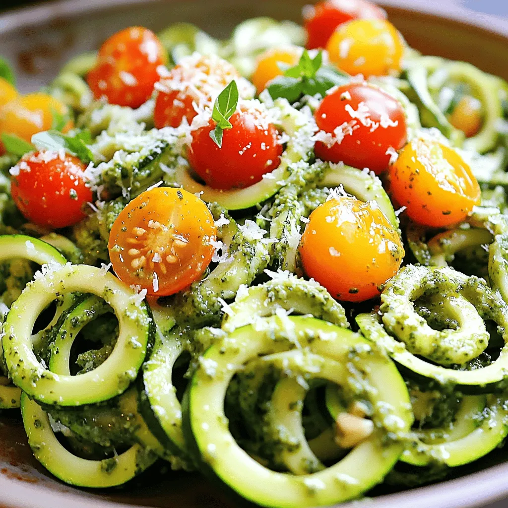 To make this dish shine, you need fresh ingredients. Here’s what you will need: - 4 medium zucchini, spiralized into noodles - 1 cup fresh basil leaves - 2 cloves garlic, minced - Cherry tomatoes, halved (for garnish) These fresh items bring bright flavors and appealing colors to your plate. Next, gather your pantry staples. These are essential for the creamy pesto: - 1/2 cup raw cashews (soaked for 2 hours) - 2 tablespoons nutritional yeast - 2 tablespoons lemon juice - 1/4 cup olive oil - Salt and pepper to taste These staples help create a rich and tasty sauce that coats the noodles. For extra flavor, consider these optional garnishes: - Grated Parmesan cheese (for serving) You can also add grilled chicken or shrimp for protein. These choices give your dish a personal touch and enhance the overall taste. First, take your medium zucchini and wash them well. Use a spiralizer or a vegetable peeler to turn them into noodles. If you don’t have a spiralizer, a peeler works great too. Once you spiralize the zucchini, set the noodles aside. They will soak up the flavors of the pesto nicely. Now, let’s make the creamy cashew pesto. Start by soaking the raw cashews in water for about two hours. This softens them and makes them blend better. In a food processor, add the soaked cashews, fresh basil leaves, minced garlic, nutritional yeast, lemon juice, and a small pinch of salt. Blend these ingredients together. While blending, slowly pour in the olive oil until the mix becomes smooth and creamy. If needed, stop to scrape down the sides of the bowl. Taste the pesto and add more salt or pepper if you like. Next, it’s time to toss the zucchini noodles with the creamy pesto. In a large bowl, add the zucchini noodles and pour in the pesto. Gently mix them together, making sure every noodle gets coated. If you want a warm dish, sauté the noodles in a pan over medium heat for 2-3 minutes. This will make them tender. If you prefer a cold dish, let the noodles sit with the pesto for 5-10 minutes. Finally, plate the zucchini noodles in bowls. Garnish with halved cherry tomatoes and sprinkle some grated Parmesan cheese on top if you wish. Enjoy this fresh and flavorful dish! For the full recipe, check out the details above. When picking zucchini, look for firm ones with smooth skins. Avoid ones with soft spots or blemishes. Smaller zucchini tend to be sweeter and have fewer seeds. Aim for zucchini that is about 6 to 7 inches long for the best flavor. To get the right pesto, blend the soaked cashews with basil, garlic, and lemon juice. Slowly add olive oil while blending. If it feels too thick, add a splash of water. This helps create a creamy texture. Taste your pesto and adjust the salt as needed. For a fresh touch, add halved cherry tomatoes on top. You can also sprinkle grated Parmesan cheese for extra richness. If you like more crunch, consider adding toasted pine nuts or walnuts. Serve the dish immediately for the best taste. For a warm dish, sauté the noodles lightly before mixing in the pesto. Enjoy this flavorful meal! {{image_2}} You can change the pesto in fun ways. Instead of cashews, try pine nuts or walnuts. You can also use sunflower seeds if you want a nut-free option. For a twist, add spinach or arugula to the basil. This gives your pesto a unique taste and color. If you want more flavor, try adding sun-dried tomatoes or roasted red peppers. These ingredients make your pesto stand out. Want to make your dish heartier? Adding protein is easy! Grilled chicken, shrimp, or tofu work well. Cook the protein separately and mix it in with the zucchini noodles. You can also add veggies like bell peppers, spinach, or broccoli. Sauté them lightly before mixing. This adds color and nutrients to your meal. Try different combinations to find what you love most. This dish can easily fit vegan and gluten-free diets. The creamy cashew pesto is already vegan. Just skip the Parmesan cheese or use a vegan substitute. Zucchini noodles are naturally gluten-free, so you don’t need to worry there. If you want a richer flavor, try adding nutritional yeast. It gives a cheesy taste without any dairy. You can enjoy this dish without any worries about dietary restrictions. To store leftover zucchini noodles, first, let them cool. Place them in an airtight container. They stay fresh for up to three days in the fridge. If you want to keep them longer, freeze them. Use a freezer-safe bag, and remove as much air as possible. Zucchini noodles can freeze for up to two months. When ready to use, thaw them in the fridge overnight. Store your pesto in a glass jar. Pour a thin layer of olive oil on top. This keeps the pesto fresh and bright green. Seal the jar tightly and refrigerate. Use it within one week. For longer storage, freeze the pesto in ice cube trays. Once frozen, pop out the cubes and store them in a freezer bag. They last for up to three months. When reheating zucchini noodles, do it gently. Heat a pan over low to medium heat. Add a splash of water or olive oil to keep them moist. Sauté for just a couple of minutes, until warm. Avoid cooking them too long to prevent sogginess. If reheating pesto, warm it on low heat too. This way, the flavors stay intact. Enjoy your fresh and flavorful dish! For the full recipe, check out my Zesty Zucchini Noodles with Creamy Cashew Pesto. Yes, you can use other nuts! Pine nuts, walnuts, or almonds will work well. Each nut brings a unique flavor to the pesto. I enjoy using walnuts for a richer taste. If you have nut allergies, try sunflower seeds. Just soak them like you would with cashews. You can make zucchini noodles with a vegetable peeler or a box grater. For the peeler, slice the zucchini into thin strips. With a box grater, use the side with large holes. Grate the zucchini lengthwise for long strands. Both methods create tasty noodles for your dish. Zucchini noodles are low in calories and high in nutrients. They are a great source of vitamins A and C. They also provide fiber, which helps digestion. Using zucchini noodles instead of pasta lowers carbs and calories. This makes them a great choice for a healthy meal. This blog post showed you how to make delicious zucchini noodles with creamy cashew pesto. We reviewed fresh and pantry staples and shared tips for choosing great zucchini. You learned to create the right pesto texture and discovered serving ideas. I also covered fun variations and how to store leftovers. Zucchini noodles are a tasty and healthy option. Try this recipe, and enjoy the flavors and benefits!
