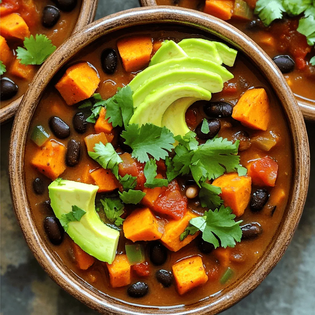 To make a delicious Sweet Potato Black Bean Chili, gather these fresh ingredients: - 2 medium sweet potatoes, peeled and diced - 1 can (15 oz) black beans, drained and rinsed - 1 can (14.5 oz) diced tomatoes with green chilies - 1 medium onion, diced - 2 cloves garlic, minced - 1 bell pepper (any color), diced - 2 cups vegetable broth - 2 teaspoons ground cumin - 1 teaspoon smoked paprika - 1 teaspoon chili powder - ½ teaspoon cayenne pepper (adjust to taste) - 1 tablespoon olive oil - Salt and pepper to taste - Fresh cilantro, chopped (for garnish) - Avocado slices (for serving) Each ingredient plays a key role in building flavor. Sweet potatoes add a creamy texture and natural sweetness. Black beans contribute protein and heartiness. Diced tomatoes bring acidity, while aromatics like onions and garlic provide a fragrant base. The spices elevate the dish, combining warmth from cumin and chili powder with a smoky note from paprika. Adjust the cayenne to fit your spice preference. Finally, topping your chili with fresh cilantro and avocado not only enhances the taste but also adds a vibrant look. For the full recipe, check out the details above! To start, gather your ingredients. You'll need: - 2 medium sweet potatoes, peeled and diced - 1 can (15 oz) black beans, drained and rinsed - 1 can (14.5 oz) diced tomatoes with green chilies - 1 medium onion, diced - 2 cloves garlic, minced - 1 bell pepper (any color), diced - 2 cups vegetable broth - 2 teaspoons ground cumin - 1 teaspoon smoked paprika - 1 teaspoon chili powder - ½ teaspoon cayenne pepper (adjust to taste) - 1 tablespoon olive oil - Salt and pepper to taste - Fresh cilantro, chopped (for garnish) - Avocado slices (for serving) Next, heat the olive oil in a large pot over medium heat. Add the diced onion and bell pepper. Sauté them until they soften, which takes about 5 minutes. Then, add the minced garlic and cook for one more minute. This step builds a great base for your chili. Now, it’s time to add the star of the show: the sweet potatoes. Stir them in along with the ground cumin, smoked paprika, chili powder, and cayenne pepper. Don't forget to add salt and pepper to taste. Mix well to coat the sweet potatoes with those spices. Then, pour in the vegetable broth and the can of diced tomatoes with their juices. Bring this mixture to a boil. After that, reduce the heat to low. Cover the pot and let it simmer for 20 to 25 minutes. You want the sweet potatoes to be fork-tender. After simmering, stir in the black beans. Keep simmering for an additional 10 minutes. This allows all the flavors to meld together nicely. Once done, taste your chili. If you want more heat, feel free to add more cayenne pepper. When you’re ready to serve, ladle the chili into bowls. Top it with fresh cilantro and avocado slices. This adds a nice creaminess and color to your dish. You can also enjoy it with crusty bread or tortilla chips. These sides give a great texture contrast to the chili. For the complete instructions, check the Full Recipe. To boost the flavor of your chili, I suggest adding fresh herbs like cilantro or parsley. These herbs brighten the dish. Fresh lime juice also adds a nice tang. You can also try spices, such as oregano or coriander, for extra depth. Adjust the spice levels by adding more cayenne pepper or chili powder. Start with a little, then taste as you go. This way, you can find the perfect heat for your taste. When cooking sweet potatoes, the best method is to dice them evenly. This helps them cook at the same rate. You can either boil or roast them. Roasting adds a nice caramel flavor. Simmering the chili is key for flavor development. Let it cook slowly to let the spices blend. This makes a big difference in taste. Simmer for at least 20 minutes, but longer is even better. For serving, think outside the bowl. You can serve chili in hollowed-out sweet potatoes or bread bowls. This adds fun to your meal. For garnishing, sprinkle fresh cilantro on top. Add avocado slices for a creamy texture. You can also drizzle some sour cream or yogurt for richness. These simple touches make your dish look appealing and gourmet. {{image_2}} You can mix and match ingredients in Sweet Potato Black Bean Chili to suit your taste. Instead of black beans, try kidney beans or pinto beans for a different flavor. If you want to add more veggies, toss in corn, zucchini, or carrots. These choices keep your chili fresh and fun. For those who are gluten-free, this recipe is perfect since it uses no wheat. It's also vegan, as all the ingredients come from plants. If you want to add some protein, consider adding lentils or quinoa. These will blend well with the other flavors. Serving styles can change the way you enjoy this chili. Top your bowl with cheese, sour cream, or even sliced jalapeños. Each topping adds a new layer of flavor. Fresh cilantro and avocado slices make it even better. You can also serve the chili in a wrap. Just scoop it into a tortilla and roll it up for a tasty handheld meal. Another fun idea is to use it as a dip. Grab some tortilla chips and scoop away. This makes for a great snack or party dish. Using seasonal vegetables can give your chili a unique twist. In the fall, add some butternut squash for sweetness. In the summer, try fresh corn or diced tomatoes. These changes can keep the dish exciting throughout the year. Just remember to adjust the cooking time based on the veggies you choose. For the full recipe, check out the Sweet Potato Black Bean Chili. Enjoy trying different variations! To keep your Sweet Potato Black Bean Chili fresh, use airtight containers. Glass or plastic containers work well. Make sure to cool the chili before sealing it. This step helps prevent moisture buildup. You can store leftovers in the fridge for up to five days. For longer storage, freeze the chili. Use freezer-safe bags or containers. This way, you can enjoy it later! When you’re ready to eat your chili, reheat it gently. You can use a pot on the stove or a microwave. If you use the stove, heat over low to medium heat. Stir often to avoid sticking. For the microwave, place it in a bowl and cover it. Heat in short intervals, stirring in between. This helps keep the flavor and texture intact. If it seems too thick, add a little water or broth. You can keep Sweet Potato Black Bean Chili in the fridge for about five days. If you freeze it, it can last for up to three months. Always check for signs of spoilage before eating. Look for off smells, changes in color, or mold. If you see any of these signs, it’s best to throw it away. Enjoy your chili while it’s fresh for the best taste! Is Sweet Potato Black Bean Chili vegan? Yes, Sweet Potato Black Bean Chili is 100% vegan. It uses plant-based ingredients only. You have sweet potatoes, black beans, and vegetables. This makes it a great choice for vegans and anyone wanting a healthy meal. Can I make this chili in a slow cooker or Instant Pot? Absolutely! You can use either method. For the slow cooker, add all ingredients and cook on low for 6-8 hours. For the Instant Pot, use the sauté function first, then cook under high pressure for about 10 minutes. Both methods yield a delicious result. What are the health benefits of this chili? Sweet Potato Black Bean Chili has many health benefits. Sweet potatoes are rich in fiber and vitamins. Black beans provide protein and iron. Together, they support digestion and heart health. Plus, this chili is low in calories, making it a smart choice. Is Sweet Potato Black Bean Chili high in protein? Yes, it is high in protein for a plant-based meal. One serving can have around 10-15 grams of protein. The black beans are the main source of protein here. This makes it filling and satisfying. How many servings does this recipe provide? This recipe serves 4 to 6 people. It’s perfect for a family meal or sharing with friends. You can easily double the recipe if you need more. What to serve with Sweet Potato Black Bean Chili? You can serve this chili with crusty bread or tortilla chips. They add great texture. I also love adding avocado slices and fresh cilantro on top for extra flavor. Enjoy it with a side salad for a complete meal. For the full recipe, check out the details above! In this post, we explored how to make Sweet Potato Black Bean Chili. We covered the vital ingredients, step-by-step cooking instructions, and tips for flavor and presentation. You learned about ingredient swaps and how to store leftovers safely. When you try this chili, remember that it’s flexible and tasty. Feel free to adjust flavors to suit your taste. This dish is a great way to enjoy nutritious ingredients while having fun in the kitchen. Dive in and enjoy each hearty spoonful!