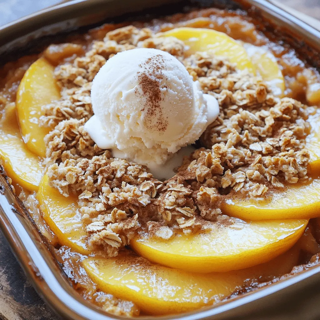 - 4 cups fresh peaches, peeled and sliced - 2 tablespoons lemon juice - 1/4 cup granulated sugar - 1 teaspoon cinnamon - 1 cup rolled oats - 1 cup all-purpose flour - 1/2 cup brown sugar, packed - 1/2 cup unsalted butter, melted - 1/4 teaspoon salt - 1/2 teaspoon vanilla extract - 1 cup = 8 fluid ounces - 1 tablespoon = 3 teaspoons - 1/4 cup = 4 tablespoons - 1/2 cup = 8 tablespoons - Use ripe peaches for the best flavor. They should be slightly soft to touch. - Choose organic peaches when possible to avoid pesticides. - Fresh lemons give the best juice; avoid bottled lemon juice for this recipe. - For the oats, old-fashioned rolled oats work best. Instant oats can become mushy. - Use unsalted butter to control the salt level in your dish. - When measuring flour, spoon it into the cup and level it off for accuracy. Using these tips will help you create a delicious peach crisp that shines. If you want to explore more, check out the Full Recipe for detailed steps! Start by washing your fresh peaches. You want them to be nice and clean. Next, peel the peaches carefully. The skin can be tough, so take your time. After peeling, slice the peaches into thin pieces. You need about four cups for this recipe. Put the sliced peaches in a big bowl. Add two tablespoons of lemon juice, a quarter cup of sugar, and one teaspoon of cinnamon. Mix it well so the peaches get coated. Now, pour this mixture into a greased 9x13 inch baking dish. In another bowl, combine one cup of rolled oats, one cup of all-purpose flour, and half a cup of packed brown sugar. Mix these dry ingredients together well. Next, melt half a cup of unsalted butter. Pour the melted butter into the bowl with the dry mix. Add a quarter teaspoon of salt and half a teaspoon of vanilla extract. Use your hands or a fork to mix it until it looks crumbly. You want a nice texture for the topping. Now it's time to bake! Preheat your oven to 350°F (175°C). Once preheated, sprinkle the oat topping evenly over the peaches in your baking dish. Place the dish in the oven and bake for 30 to 35 minutes. You'll know it's ready when the topping is golden brown and the peaches are bubbly. When it's done, take it out and let it cool for about 10 minutes before serving. Enjoy the sweet aroma and the warm, comforting flavors of your peach crisp! For the full recipe, refer back to the ingredients and instructions. Choosing ripe peaches is key for great flavor. Look for peaches that feel soft but not mushy. Their color should be a warm yellow or golden hue. Smell the peach; it should have a sweet scent. If it's hard, leave it out for a day or two to ripen. Peaches can vary in sweetness. If your peaches are very sweet, cut back on the sugar in the recipe. If they are tart, you can add more sugar for balance. A splash of lemon juice helps bring out the peach flavor while adding a little zing too. Serve your peach crisp warm for the best taste. A scoop of vanilla ice cream on top makes it special. You can also add a sprinkle of cinnamon for extra flavor. If you want to get fancy, drizzle some honey or caramel sauce on top. Enjoy your peach crisp with friends or family for a lovely treat! For the full recipe, check out the steps above. {{image_2}} You can easily make this peach crisp gluten-free. Just swap the all-purpose flour with a gluten-free blend. Look for a mix that includes starches and flours. Almond flour is also a great choice! When you use gluten-free oats, make sure they are labeled as such. This way, everyone can enjoy this tasty treat. You can add different fruits for a fun twist. Berries like blueberries or raspberries pair well with peaches. You can also try apples for a fall-like flavor. Just be sure to adjust the sugar if your fruit is sweeter or tarter. Mixing fruits can give your crisp a unique taste. To jazz up the oat topping, think about adding spices or nuts. Chopped pecans or walnuts add crunch. You can also sprinkle in some nutmeg or ginger for more flavor. For a sweet twist, try adding a bit of maple syrup instead of some brown sugar. Each change can make your peach crisp feel new and exciting. For the full recipe, check the recipe card above. After making your peach crisp, let it cool. Cover the dish with plastic wrap or foil. Store it in the fridge for up to three days. Keeping it covered helps keep the topping fresh. If you want, you can also transfer it to an airtight container. To reheat, preheat your oven to 350°F (175°C). Place the peach crisp in a baking dish. Cover it with foil to prevent burning. Heat for about 15-20 minutes until warm. You can also microwave individual portions for about one minute. Enjoy it warm for the best taste. You can freeze peach crisp for later. After it cools, wrap it tightly in plastic wrap. Then, place it in a freezer-safe bag or container. It can stay frozen for up to three months. To use, let it thaw in the fridge overnight. Then, reheat it in the oven for a fresh taste. This way, you can enjoy your peachy bliss any time! Check the full recipe for details. Yes, you can use canned peaches. Just drain them well. Fresh peaches give the best taste, but canned works in a pinch. Make sure you adjust the sugar since canned peaches often have added sugar. This way, your peach crisp stays sweet but not too sweet. To make the topping crispier, use cold butter. Cut it into small pieces before mixing. You can also bake it longer. Just watch it so it doesn’t burn. Adding more oats can also help. Try using old-fashioned rolled oats for a crunchier texture. If you need a substitute for brown sugar, use white sugar with a bit of molasses. About one tablespoon of molasses per cup of white sugar works well. You can also use coconut sugar or honey, but this may change the flavor. Maple syrup is another option, but reduce other liquids in your recipe. You can keep leftovers in the fridge for about 3 to 5 days. Store them in an airtight container to keep them fresh. For longer storage, freeze the peach crisp. It can last up to three months in the freezer. Just reheat it in the oven for best results. For the full recipe, check out the previous sections! This blog post shared everything about making a peach crisp. We covered the key ingredients, how to prepare them, and step-by-step baking instructions. You learned tips for choosing quality peaches and adjusting sweetness. We explored variations and different storage methods too. In the end, making peach crisp is simple and fun. Use this guide to enjoy a tasty treat anytime! Your kitchen will smell amazing, and every bite will remind you of summer.