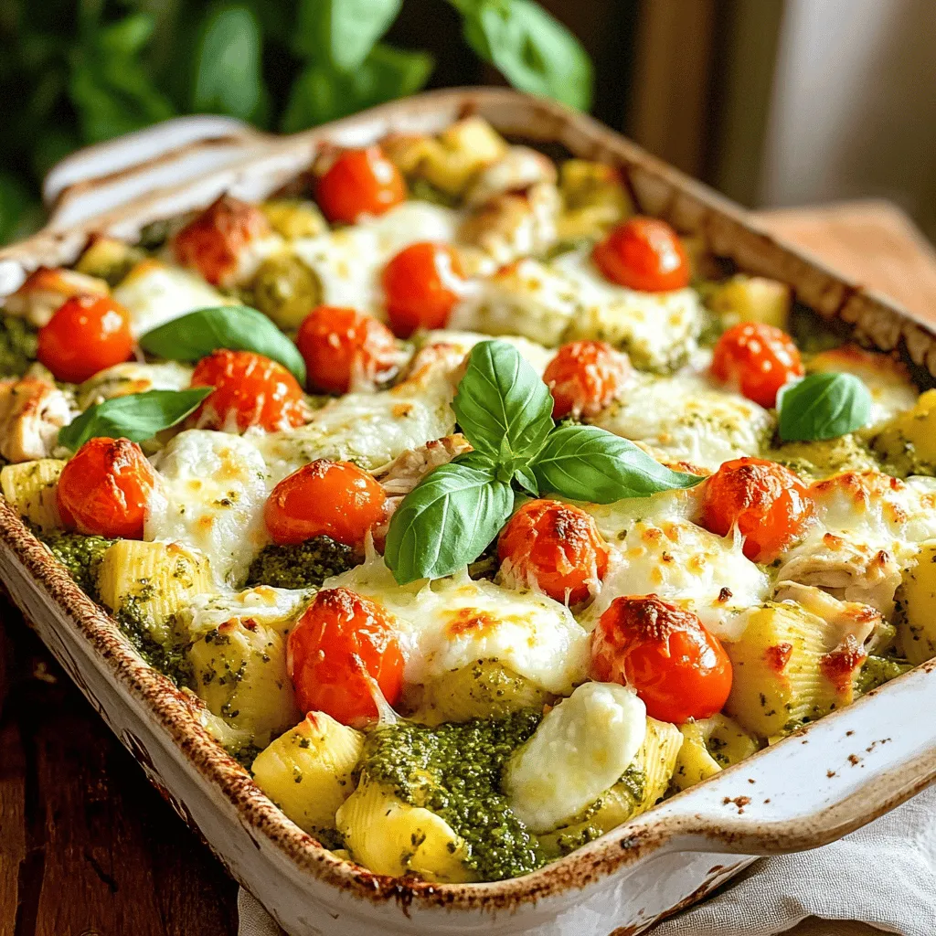 To make this tasty dish, you need a few key ingredients. Here’s your shopping list: - 2 cups cooked pasta (penne or fusilli work well) - 2 cups cooked chicken, shredded - 1 cup basil pesto (store-bought or homemade) - 1 cup cherry tomatoes, halved - 1 cup mozzarella cheese, shredded - 1/2 cup Parmesan cheese, grated - 1 teaspoon garlic powder - 1/2 teaspoon red pepper flakes (optional) - Salt and pepper to taste - Fresh basil for garnish Some ingredients are pantry staples. Make sure you have these on hand: - Garlic powder - Salt - Pepper - Red pepper flakes (if you like some heat) Using good ingredients makes a big difference. Here are some brands I trust: - For basil pesto, I love Barilla or Classico. - For cheeses, look for brands like Sargento or Kraft. - Choose any pasta brand you like, but Barilla pasta is always a safe choice. These ingredients will help you make a delicious Pesto Chicken Pasta Bake. For a complete guide, check out the Full Recipe for step-by-step instructions. First, preheat your oven to 375°F (190°C). This helps the dish cook evenly. In a large bowl, mix together the cooked pasta, shredded chicken, and basil pesto. The pesto gives a bright flavor. Add the halved cherry tomatoes, garlic powder, salt, and pepper. Stir well until everything is coated. This step ensures that every bite is tasty. Next, transfer the mixture to a greased 9x13 inch baking dish. Spread it out evenly. This helps with cooking. Once the mixture is in the dish, sprinkle the mozzarella and Parmesan cheese on top. If you like some heat, add red pepper flakes. Cover the dish with aluminum foil. Bake it in the oven for 20 minutes. This keeps the moisture in and helps the flavors blend. After 20 minutes, carefully take off the foil. Bake for another 10 to 15 minutes. You want the cheese to be bubbly and golden brown. This step is key for a nice texture. To get that perfect cheese top, watch the time. When you uncover the dish, keep an eye on it. If the cheese starts to brown too fast, lower the heat a bit. For a golden look, broil the cheese for 1 to 2 minutes at the end. Just be careful not to let it burn. Enjoy your Pesto Chicken Pasta Bake! For the full recipe, check out the details above. To make this dish creamy, add more cheese. Use cream cheese or ricotta for richness. Mix these into the pesto before adding to the pasta. Another great way is to stir in some heavy cream. This simple step can elevate your bake. Timing is key for this recipe. Start by cooking your pasta al dente. It should still have a bite when you mix it with the chicken and pesto. If you overcook it, the pasta will become mushy. For chicken, ensure it is fully cooked before shredding. This guarantees a safe and tasty meal. You can easily modify this recipe for diets. For gluten-free options, use gluten-free pasta. If you need a dairy-free dish, swap out the cheese for nutritional yeast. This adds a cheesy flavor without the dairy. You can also use grilled tofu or chickpeas in place of chicken for a plant-based version. {{image_2}} You can easily make this dish vegetarian. Simply swap the chicken for hearty vegetables. Try using roasted mushrooms, zucchini, or spinach. These options add great flavor and texture. You can also use chickpeas for added protein. This way, you still get a filling meal without meat. While penne and fusilli are great choices, feel free to get creative! You can use rotini, farfalle, or even elbow macaroni. Each shape holds the sauce differently. So, pick one that you love. This small change can make your dish feel new and exciting. Want to mix things up? Add other veggies or proteins to your bake. Bell peppers, broccoli, or asparagus work well. They add color and nutrition. You can also try shrimp or sausage for a different taste. Just remember to adjust cooking times as needed. Experimenting with flavors makes cooking fun and keeps meals interesting. For the full recipe, check the earlier section. After your dinner, let the Pesto Chicken Pasta Bake cool. Use an airtight container to store any leftovers. This helps keep the dish fresh. You can store it in the fridge for up to three days. Make sure to label your container with the date. This way, you won’t forget when you made it. If you have more leftovers, freezing is a great option. First, let the dish cool completely. Then, portion the pasta bake into freezer-safe containers or bags. Seal them tightly to prevent freezer burn. You can freeze it for up to three months. When you want to eat it, just thaw it overnight in the fridge. To reheat, use the oven for the best taste. Preheat it to 350°F (175°C). Place the pasta bake in a baking dish. Cover it with foil to keep it moist. Heat for about 20 minutes. If using the microwave, cover it with a damp paper towel. Heat in short bursts, stirring in between. This way, it heats evenly without drying out. Enjoy your meal again just like the first time! Yes, you can use homemade pesto. Fresh pesto adds a great flavor. If you want to make it, blend basil, garlic, nuts, Parmesan, and olive oil. This mix will make your dish shine. For a Pasta Bake, I recommend penne or fusilli. These shapes hold sauce well. They also provide a nice texture. You can use other shapes, but these work best for this dish. To add spice, mix in red pepper flakes. You can also add diced jalapeños or a dash of hot sauce. Start with a little, then taste and adjust. Pesto Chicken Pasta Bake can be healthy. It has protein from chicken and nutrients from tomatoes. You can make it healthier by using whole wheat pasta or adding more veggies. You can serve this dish with a fresh salad. Garlic bread pairs well too. For a light side, consider steamed veggies like broccoli or green beans. They balance the meal nicely. For the full recipe, check out the full recipe section. This article walked you through the tasty Pesto Chicken Pasta Bake. You learned about the key ingredients and tips for preparing and baking it. I shared ideas for making variations and storing leftovers too. In the end, this dish is easy to love. Try it out in your kitchen. You’ll enjoy a meal that's satisfying and fun to make!