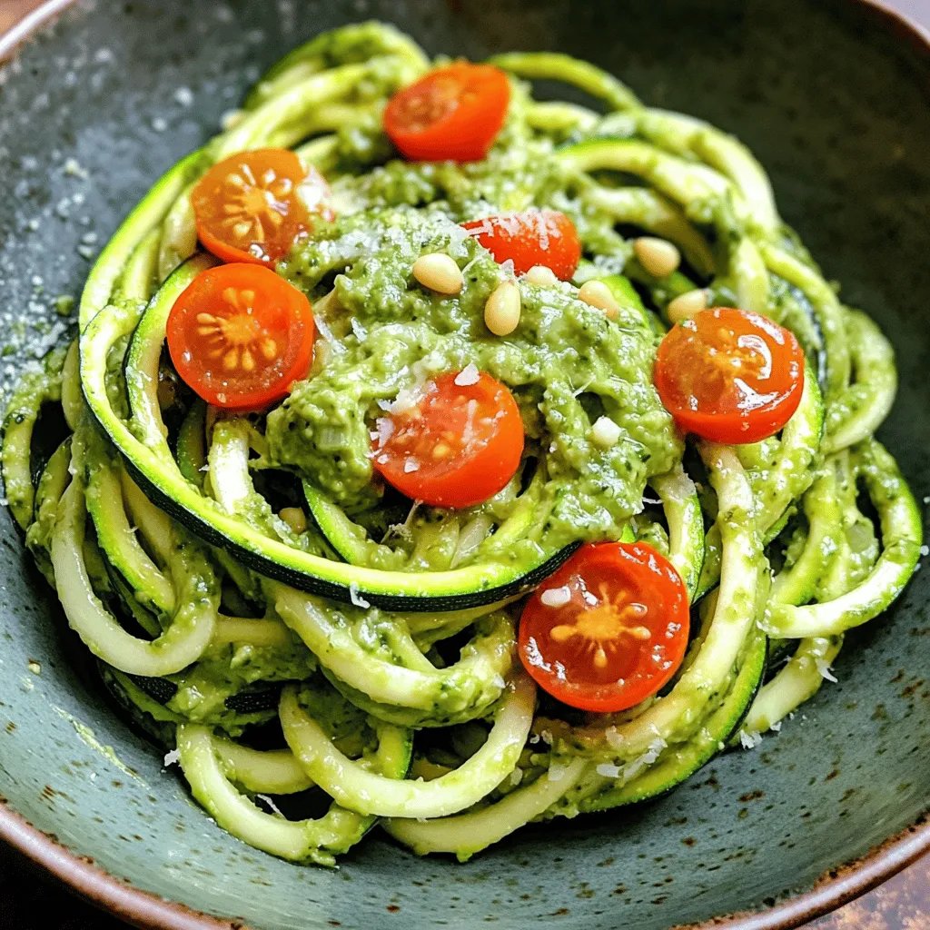 - 4 medium zucchinis, spiralized - 1 ripe avocado - 1 cup fresh basil leaves - 2 cloves garlic, minced - 1/4 cup pine nuts (or walnuts) - 2 tablespoons lemon juice - 3 tablespoons olive oil - Salt and pepper to taste - Cherry tomatoes, halved (for garnish) - Grated Parmesan cheese (optional, for serving) Fresh ingredients pack more flavor. I always prefer fresh basil for pesto. It gives a bright taste. Use ripe avocados, as they blend smooth and creamy. Garlic should be fresh for the best kick. If you use dried herbs, the taste changes. Dried basil may work, but fresh is best. If you want to make this dish vegan, skip the Parmesan cheese. You can add nutritional yeast for a cheesy flavor. For nut allergies, use sunflower seeds instead of pine nuts or walnuts. If you want a gluten-free meal, this recipe is perfect since zucchini noodles are naturally gluten-free. Check out the Full Recipe for more tips on swaps! To start, you need to make zucchini noodles. Use a spiralizer for the best results. Simply place the zucchini in the spiralizer and twist it to create long noodles. Each zucchini will give you a nice amount. If you don’t have a spiralizer, a vegetable peeler works too. Just peel long strips to mimic noodles. After spiralizing, set the noodles aside. They will be ready to toss with the pesto. Next, let’s make the avocado pesto. Grab a food processor and add the ripe avocado. Then, toss in the fresh basil leaves. You also need to add the minced garlic and pine nuts. Squeeze in the lemon juice for brightness, and pour in olive oil. Blend everything until it’s smooth and creamy. If the mixture is too thick, add a splash of water or extra oil. This will help it blend better. Taste it! Add salt and pepper to your liking. Now, it’s time to combine the noodles and pesto. In a large bowl, add your zucchini noodles and pour the avocado pesto on top. Toss them gently to coat all the noodles with the pesto. Make sure every strand gets a good amount of sauce. If you want warm noodles, lightly sauté them in a pan for a few minutes. This step adds a nice touch but is optional. Finally, serve the noodles with halved cherry tomatoes and, if you like, sprinkle some grated Parmesan on top for added flavor. For the full recipe, check out the details above. Enjoy your fresh and savory meal! To get the best texture for your zucchini noodles, start with firm zucchinis. Look for ones that are smooth and heavy. Spiralize them just before cooking to keep them fresh. If you want a firmer noodle, do not sauté them for long. Two to three minutes will keep them crisp. If you prefer softer noodles, you can sauté them a bit longer, but be careful not to overcook. Fresh ingredients make a big difference in flavor. Use ripe avocados for a creamy pesto. Fresh basil adds a bright taste. Garlic gives it a nice kick. For a nutty flavor, try using toasted pine nuts or walnuts. Adding lemon juice helps balance the richness of the avocado. If you want a bit more zest, include a pinch of red pepper flakes for heat. Presentation matters when serving your dish. Use a shallow bowl for your noodles. Arrange them into a nest shape for a fun look. Scatter halved cherry tomatoes on top for color. If you want to add a touch of luxury, sprinkle grated Parmesan cheese over the dish. Drizzle a little olive oil around the plate for a professional finish. This makes your meal not just tasty but also beautiful. For more details, check the Full Recipe. {{image_2}} You can enhance your zucchini noodles with more flavors. Try adding cooked chicken or shrimp for protein. You can also mix in sautéed bell peppers or spinach for color and nutrition. If you love heat, a pinch of red pepper flakes adds a nice kick. For a touch of sweetness, consider sun-dried tomatoes or roasted red peppers. These additions will make your dish even more exciting. While pine nuts are classic for pesto, you can switch it up with other nuts. Walnuts bring a richer taste, while almonds add a nice crunch. Pecans can give a buttery flavor, and cashews create a creamy texture. Each nut option brings its own twist, making your pesto unique and delicious. Feel free to explore what you like best. This recipe is easy to adapt for different diets. To make it vegan, skip the Parmesan cheese or use a plant-based alternative. You can also add nutritional yeast for a cheesy flavor without dairy. For gluten-free needs, rest assured that zucchini noodles are naturally gluten-free. Make sure all your added ingredients, like sauces or condiments, are also gluten-free. This way, everyone can enjoy this fresh meal. For the complete recipe, check out the Full Recipe. To store leftover zucchini noodles, place them in an airtight container. This keeps them fresh for up to two days. You can also layer paper towels between the noodles to absorb excess moisture. This helps prevent sogginess. Avocado pesto can brown quickly. To store it, press plastic wrap directly onto the surface. This minimizes air contact. You can also add a thin layer of olive oil on top. Store it in an airtight container in the fridge for up to three days. When reheating zucchini noodles, do it gently to avoid mushiness. Use a pan over low heat. Add a splash of water or olive oil to keep them moist. Stir frequently for about two to three minutes. This method warms them without losing texture. Yes, you can make zucchini noodles without a spiralizer. Use a vegetable peeler to create long, thin strips. This method works great and gives you a similar texture. You can also use a box grater, but it will make shorter pieces. Both methods are quick and easy. To keep zucchini noodles from getting soggy, you should salt them first. Sprinkle salt on the noodles and let them sit for about 10 minutes. This step helps draw out excess water. After that, pat them dry with a paper towel. Cooking them briefly, just until they are tender, can also help. Avoid overcooking. Zucchini noodles are low in calories and high in nutrients. They are rich in vitamins A and C. They also provide fiber, which is good for digestion. One cup of zucchini noodles has about 20 calories and 4 grams of carbs. They are a great alternative to traditional pasta. Yes, you can make this dish ahead of time, but store the components separately. Keep the zucchini noodles and pesto in different containers in the fridge. This way, they stay fresh. Combine them just before serving to maintain the best texture and flavor. Zucchini noodles with pesto offer a fresh, tasty dish you can customize. We discussed ingredients, preparation steps, and helpful tips for perfect texture and flavor. Remember, you can swap ingredients based on your diet. Store leftovers well to maintain freshness. In summary, this dish is versatile and easy to make. Try it today for a healthy meal that impresses!