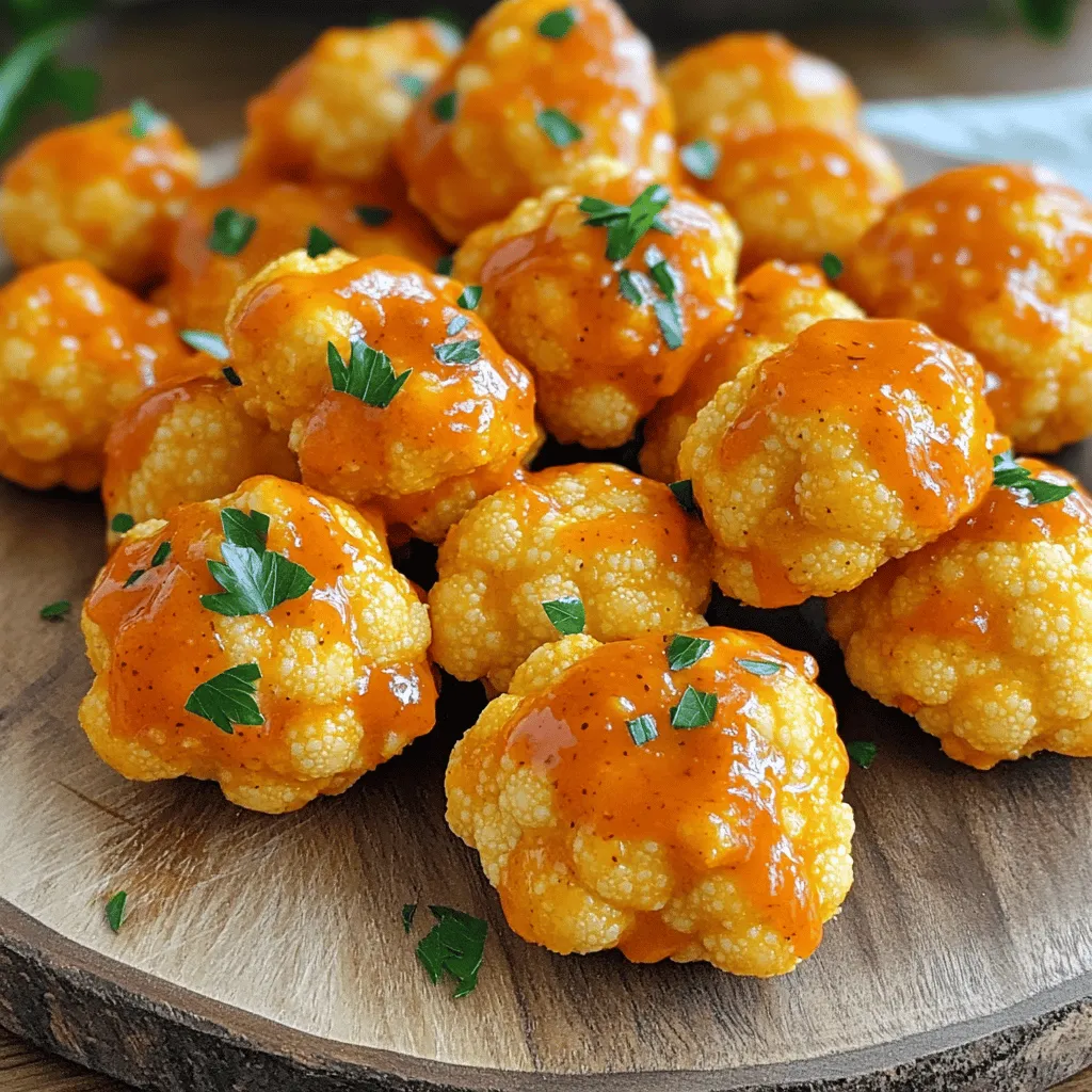 - 1 medium head of cauliflower - 1 cup all-purpose flour - 1 cup water - 1 cup buffalo sauce - 1 teaspoon garlic powder - 1 teaspoon onion powder - 1/2 teaspoon smoked paprika - 1/2 teaspoon black pepper - 1/2 teaspoon salt - 2 tablespoons olive oil - Fresh parsley, chopped Buffalo cauliflower bites are a tasty twist on a classic. To make them, start with a medium head of cauliflower. Cut it into bite-sized florets. This ensures even cooking and crispy bites. Next, I prepare the batter. I mix 1 cup of all-purpose flour with 1 cup of water in a large bowl. I add garlic powder, onion powder, smoked paprika, black pepper, and salt for flavor. The batter should be smooth. I love using buffalo sauce for that spicy kick. You can use store-bought or make your own. This sauce brings the heat and flavor to the dish. For added richness, I drizzle olive oil on the baked bites. Fresh parsley adds a nice pop of color and freshness. These ingredients blend perfectly to create a snack that is crunchy and flavorful. If you want to dive deeper into this recipe, check out the Full Recipe for Buffalo Cauliflower Bites 🧄 for detailed steps and tips. - Preheat the oven to 450°F (232°C). - Line a baking sheet with parchment paper. - In a large bowl, whisk together the flour, garlic powder, onion powder, smoked paprika, black pepper, and salt. - Gradually add water until you have a smooth batter. - Dip the cauliflower florets into the batter, making sure they are fully coated. - Let any excess batter drip off. Place the florets on the prepared baking sheet. - Bake for 20 minutes or until the florets are golden brown. - In a small bowl, mix the buffalo sauce with olive oil. - After 20 minutes, remove the cauliflower from the oven. Toss the baked florets in the buffalo sauce mixture. - Return the coated cauliflower to the oven and bake for an additional 10-15 minutes, or until crispy and caramelized. For details on the full recipe, refer to Full Recipe. To get that crispy texture, use cold water for the batter. Cold water helps create a light coating. It keeps the batter from getting too thick and soggy. Also, don’t overcrowd the baking sheet. Space the cauliflower bites apart. This allows hot air to reach all sides, making them crispy. You can choose between store-bought or homemade buffalo sauce. Store-bought is quick and easy, while homemade lets you control the flavors. If you like heat, adjust the spice levels to taste. You can add more hot sauce or use milder options if needed. These bites taste great with ranch or blue cheese dressing. They add a creamy contrast to the spicy cauliflower. Serve them with celery and carrot sticks for a crunchy side. This adds freshness and a nice balance to the meal. {{image_2}} You can easily make buffalo cauliflower bites gluten-free. Just substitute all-purpose flour with a gluten-free flour blend. This swap keeps the crunch while making it safe for those with gluten sensitivities. To change the taste, try adding different spices or hot sauces. For a spicy kick, mix in cayenne pepper or chili powder. You can also experiment with sweet sauces like honey or maple syrup for a twist. Use different types of oil, like avocado or grapeseed oil, for unique flavor profiles. Each oil brings its own aroma and taste, making your bites extra special. You can cook buffalo cauliflower bites in an air fryer for a quicker option. Set your air fryer to 400°F (204°C) and cook for about 15 minutes, shaking halfway through. This method gives you a crispy exterior with less oil. Grilling is another fun way to prepare these bites. Preheat your grill to medium heat. Place the cauliflower in a grill basket and cook for about 10-12 minutes, turning often. Grilling adds a smoky flavor that pairs well with the buffalo sauce. To store your leftover buffalo cauliflower bites, let them cool first. Place them in an airtight container. Keep them in the fridge for up to 3 days. When you want to eat them again, reheating is key. Preheat your oven to 375°F (190°C). Spread the bites on a baking sheet. Heat for about 10-15 minutes or until warm and crispy. If you want to freeze buffalo cauliflower bites, you can do so before or after cooking. For uncooked bites, coat the florets in batter and freeze them on a baking sheet. Once frozen, transfer them to a freezer bag. They will keep for up to 3 months. If you freeze cooked bites, let them cool and then store them in an airtight container. To thaw, simply move them to the fridge overnight. For reheating, use the oven at 375°F (190°C). Bake for 15-20 minutes until they are hot and crispy again. Enjoy your tasty snack anytime! Yes, you can make buffalo cauliflower bites ahead of time. Prepare the cauliflower and coat it in the batter. Bake it for the first 20 minutes and let it cool. Store it in an airtight container in the fridge. When you're ready to eat, toss it in buffalo sauce and bake it again for 10-15 minutes. This way, you still get that crispy texture. Buffalo cauliflower bites pair well with many sides. Consider serving them with ranch or blue cheese dressing for dipping. Fresh celery and carrot sticks also make a great addition. You can even serve them on a platter with other snacks for a fun party spread. Making buffalo sauce from scratch is easy. You need just a few simple ingredients. Mix 1 cup of hot sauce with 1/2 cup of melted butter. Add a splash of vinegar and a pinch of garlic powder for extra flavor. Adjust the heat by adding more or less hot sauce. Yes, buffalo cauliflower bites can be vegan. The main ingredients are cauliflower, flour, and buffalo sauce. Just ensure your buffalo sauce is free from dairy. Many brands offer vegan versions, or you can make your own with simple ingredients. You can use frozen cauliflower, but it may not be as crispy. If you choose frozen, thaw it first and pat it dry to remove excess moisture. This helps prevent sogginess. Follow the same steps to coat and bake it as you would with fresh cauliflower. - Full Recipe for Buffalo Cauliflower Bites 🧄 You now have a clear guide to making buffalo cauliflower bites. Start with fresh ingredients like cauliflower and all-purpose flour. Follow the steps to coat and bake, ensuring crispiness with some helpful tips. You can even customize flavors or serve them with tasty dips. Remember, these bites can be stored and reheated, making them perfect for any occasion. Enjoy experimenting with variations that suit your taste! This recipe not only satisfies cravings but also brings a fun twist to your meals.