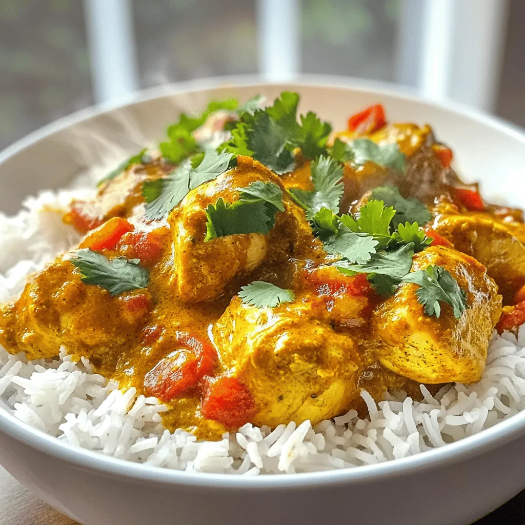 - 1.5 lbs boneless, skinless chicken thighs, cut into bite-sized pieces - 1 can (14 oz) diced tomatoes - 1 cup coconut milk - 1 tablespoon garam masala - 1 tablespoon ground cumin - 1 tablespoon ground coriander - 1 teaspoon turmeric - 1 teaspoon chili powder (adjust for spice preference) - 1 medium onion, finely chopped - 4 cloves garlic, minced - 1 tablespoon ginger, grated - Cooked basmati rice or warm naan - Fresh cilantro for garnish These ingredients create a rich and creamy Chicken Tikka Masala. The chicken thighs are juicy and tender, soaking up all the flavors. The diced tomatoes and coconut milk blend perfectly, giving the sauce a luscious feel. The spices play a key role. Garam masala, cumin, and coriander add warmth and aroma. Turmeric gives a nice color, while chili powder can adjust the heat to your taste. The onion, garlic, and ginger bring depth and a fragrant kick. When serving, basmati rice or naan make great companions. The rice absorbs the sauce well, while naan is perfect for scooping. Don't forget to sprinkle fresh cilantro on top for a burst of color and freshness. For the full recipe, check out the detailed instructions. - Set to 'Sauté' mode: Start by turning on your Instant Pot. Select the 'Sauté' setting. - Sauté onions until caramelized: Add two tablespoons of vegetable oil. Once hot, toss in one finely chopped onion. Stir often until the onion turns golden brown, about 5-7 minutes. This step adds great flavor. - Add garlic, ginger, and spices: Mix in four minced garlic cloves and one tablespoon of grated ginger. Cook for 1-2 minutes until it smells amazing. Then, add one tablespoon each of garam masala, ground cumin, ground coriander, and one teaspoon each of turmeric and chili powder. Stir for one minute to toast the spices. - Incorporate chicken and browning: Now, add 1.5 lbs of diced chicken thighs. Stir well to coat the chicken with the spiced onion mix. Cook for 4-5 minutes until the chicken is lightly browned. - Add tomatoes and coconut milk: Pour in a can of diced tomatoes and one cup of coconut milk. Stir to combine everything. Make sure to scrape the bottom of the pot to avoid burning. - Close the lid and set to 'Manual' for 10 minutes: Secure the lid on the Instant Pot. Set it to 'Manual' and cook for 10 minutes. Ensure the valve is set to sealing. After cooking, let the pressure release naturally for 5 minutes before doing a quick release. You can find the Full Recipe for detailed instructions and measurements. Enjoy your cooking! To enhance the aroma, toast your spices. Heat the spices in the pot after sautéing the onions. This step adds depth and richness. Adjust your spice levels to suit your taste. If you love heat, add more chili powder. For milder flavor, reduce the chili. One common mistake is not scraping the bottom of the pot. This can lead to burning and sticking. Always scrape it before pressure cooking. Another mistake is overcooking or undercooking the chicken. To ensure perfect chicken, follow the cooking time closely. You can adjust the sauce thickness to your liking. If it’s too thick, add a splash of water or coconut milk. For a creamier texture, incorporate yogurt or cream. This addition gives the dish a rich taste and smooth texture. For the full recipe, check the complete guide. {{image_2}} You can make chicken tikka masala plant-based! Replace chicken with chickpeas or tofu. Chickpeas add a nice texture and protein. Tofu soaks up flavors well, making it a great choice. Use coconut yogurt instead of cream for a rich, creamy taste. This keeps it vegan and delicious. The flavors will delight everyone, even non-vegans! Want to give your dish a twist? Use different spice blends that reflect your taste. For example, try a curry blend from your local market. You can also add local vegetables for extra flavor. Spinach or bell peppers work well. They add color and nutrition, making your dish more exciting and unique. How you serve chicken tikka masala can change the whole meal. Pair it with different types of bread like naan or pita. Each bread type brings a new texture. You can also serve it in a bowl and add toppings. Try avocado or fresh greens for a fresh crunch. These small changes can make your meal feel special and fresh. For the full recipe, check out the detailed instructions for making this delightful dish. After making Chicken Tikka Masala, let it cool first. Store leftovers in an airtight container. This keeps the dish fresh and tasty. You can keep it in the fridge for up to three days. Always check for any signs of spoilage before eating. To freeze Chicken Tikka Masala, allow it to cool completely. Use a freezer-safe container to avoid freezer burn. It can last for up to three months in the freezer. When you want to eat it, thaw it in the fridge overnight. To reheat, you can use the microwave or stovetop. If using the stovetop, add a splash of water to make sure it stays moist. You can get creative with leftovers. Try making tacos by using naan as the base. You can also serve it over pasta for a fun twist. For meal prep, pack it in lunch containers with rice or quinoa. This way, you have quick lunches ready for the week. You can even make a hearty soup by adding some broth. Chicken Tikka Masala is a versatile dish that keeps giving! For the full recipe, check out the [Full Recipe]. Yes, you can use frozen chicken. Cooking from frozen is easy in the Instant Pot. Just follow these tips: - Increase the cooking time by 5 to 10 minutes. - Ensure the chicken pieces are not stuck together. - Add a splash of water to help with steam. This way, you’ll still get tender chicken without defrosting. If you want a milder dish, there are simple ways to adjust the heat: - Reduce the chili powder to half or omit it. - Add more coconut milk to tone down the spice. - Serve with yogurt or sour cream on the side. These options will help you enjoy the flavor without too much heat. Burning can happen, but there are ways to fix it: - Always scrape the bottom of the pot after sautéing. - If you smell burning, immediately turn off the pot. - Add a little water and stir to release any stuck bits. This will help you save your dish and keep the flavors intact. You learned how to make Chicken Tikka Masala in the Instant Pot. We covered the key ingredients and their flavors. I shared step-by-step cooking tips for great results. Avoid common mistakes for the best taste and texture. Explore variations to suit your diet. Proper storage helps you enjoy leftovers. Remember, this dish can be made your own. Enjoy experimenting with flavors and serving styles. You now have the tools to make a delicious meal at home!