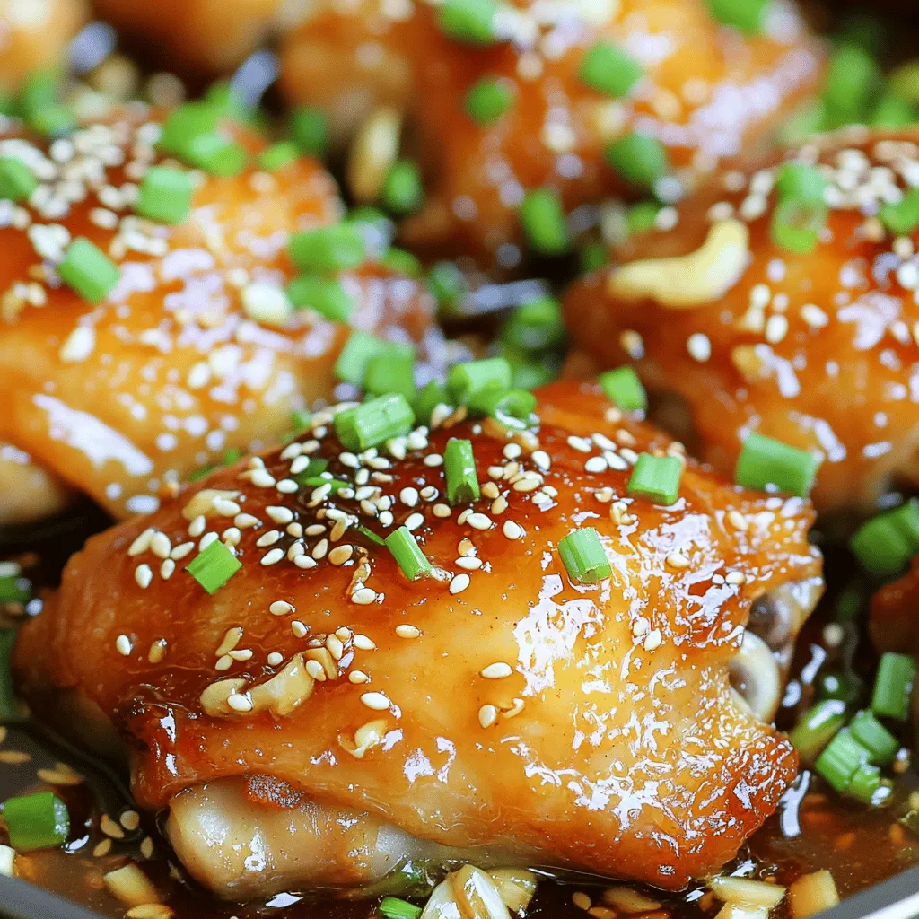 - 4 bone-in, skin-on chicken thighs - 1/4 cup honey - 1/4 cup soy sauce - 4 cloves garlic, minced - 1 tablespoon grated fresh ginger - 1 tablespoon rice vinegar - 1 teaspoon sesame oil - Salt and pepper, to taste - 1 tablespoon olive oil - Chopped green onions and sesame seeds for garnish Gather these ingredients before you start. The chicken thighs provide a rich flavor and juicy texture. Honey and soy sauce blend well, creating a sweet and salty taste. Garlic and ginger add depth and warmth. Rice vinegar and sesame oil enhance the flavors and add a slight tang. Don’t forget salt and pepper to season your chicken. Olive oil helps in searing and gives it a nice crisp. Finally, green onions and sesame seeds make for a lovely garnish. For the complete cooking instructions, check the Full Recipe. - Preheat oven to 400°F (200°C). - In a bowl, whisk together the marinade ingredients: honey, soy sauce, garlic, ginger, rice vinegar, and sesame oil. This mix is what gives the chicken its sweet and savory flavor. - Take the chicken thighs and dry them well with paper towels. Season both sides with salt and pepper. This step helps the skin get crispy. - Heat olive oil in a large oven-safe skillet over medium-high heat. Add the chicken thighs skin-side down. Sear them for 5-7 minutes until they turn golden brown. This will lock in the juices and create a nice crust. - Carefully flip the chicken thighs over. Now pour the honey garlic marinade over them in the skillet. - Move the skillet to your preheated oven. Bake for 20-25 minutes or until the chicken reaches an internal temperature of 165°F (75°C). This ensures the chicken is fully cooked and safe to eat. For the full recipe, follow the complete instructions to enjoy this dish! To get that perfect crispy skin, start by patting the chicken dry. Wet skin doesn't crisp well. Use paper towels to remove excess moisture. Next, sear the chicken in a hot skillet. Heat your skillet before adding the chicken. This locks in flavors and gives a nice golden crust. Cook skin-side down for 5-7 minutes, and you'll see the magic happen. Want to spice things up? Add some chili flakes for a bit of heat. Just a pinch can elevate the dish. You can also use fresh herbs like thyme or rosemary. These herbs add a nice aroma and depth. Chop them finely and sprinkle them over the chicken before cooking. Pair your honey garlic chicken thighs with fluffy rice or steamed veggies. A crisp salad works well too. For an extra touch, drizzle some of the honey garlic sauce over the dish before serving. This adds flavor and makes it look even better. If you want to impress, garnish with chopped green onions and sesame seeds. They add color and crunch! For the complete cooking experience, check out the Full Recipe. {{image_2}} You can switch up the protein in this recipe. If you prefer chicken breasts, they work well. They cook faster, so check them early. Drumsticks are another option. They stay juicy and have great flavor. For a vegetarian choice, try tofu. Use firm tofu, cut into thick blocks. Marinate it just like the chicken, and bake until golden. Feel free to play with sweeteners. Maple syrup adds a nice twist; it brings a deep flavor. Agave nectar is a great substitute too. It’s lighter but still sweet. If you want a richer taste, brown sugar is perfect. It adds a hint of caramel that pairs nicely with garlic. You can brighten the dish by adding citrus. A splash of lime or orange juice lifts the flavors. It gives a fresh zing that contrasts with the sweetness. For a fun twist, try BBQ sauce. It adds tang and smokiness to the dish. Mix it into the marinade for a new flavor experience. After enjoying your honey garlic chicken thighs, you can store any leftovers. Place them in an airtight container. This will keep them fresh for up to 3 days in the fridge. Make sure to let them cool down before sealing. This helps avoid moisture buildup, which can make the chicken soggy. If you want to enjoy this dish later, freezing is a great option. You can freeze the cooked chicken for up to 2 months. To do this, wrap each piece tightly in plastic wrap. Then, place them in a freezer-safe bag. This prevents freezer burn and keeps the flavor intact. When you're ready to eat, take the chicken out of the freezer. Let it thaw in the fridge overnight for the best texture. For the best taste, reheat your chicken in the oven or a skillet. Preheat the oven to 350°F (175°C). Place the chicken on a baking sheet and cover it with foil. This keeps it moist. Heat for about 15-20 minutes. If using a skillet, add a splash of water or broth. Cover it with a lid and heat on medium-low. This helps keep the chicken juicy while warming it through. Enjoy your meal just like fresh! You can find the full recipe for honey garlic chicken thighs above. Yes, you can use boneless chicken thighs. They will cook faster than bone-in thighs. Reduce the cooking time to about 15-20 minutes in the oven. Always check for doneness before serving. If you need a soy sauce substitute, try tamari or coconut aminos. Both options provide a similar umami flavor. Tamari is gluten-free, while coconut aminos offers a slightly sweeter taste. To check if your chicken is cooked, use a meat thermometer. The internal temperature should reach 165°F (75°C). You can also look for clear juices running from the chicken. If the juices run clear, it's ready to eat. This post covered the key ingredients, cooking steps, and tips for a flavorful chicken dish. You learned how to create a tasty marinade, achieve crispy skin, and explore variations based on your taste. Remember, cooking is about experimenting and enjoying the process. Try new flavors, tweak the recipe, and share your delicious results. With these steps, you can easily impress anyone at your table. Happy cooking!