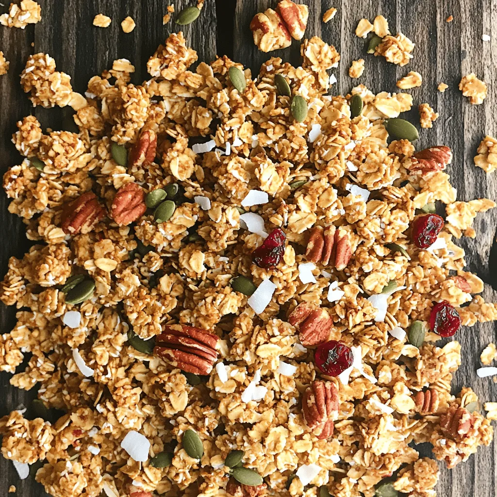To make Maple Pecan Granola, gather these key ingredients: - 2 cups rolled oats - 1 cup pecans, chopped - 1/2 cup pumpkin seeds - 1/2 cup unsweetened coconut flakes - 1/2 cup pure maple syrup - 1/4 cup coconut oil, melted - 1 teaspoon vanilla extract - 1 teaspoon cinnamon - 1/2 teaspoon salt These ingredients create a great base for your granola. Oats add fiber, while pecans give healthy fats. Pumpkin seeds bring protein, and coconut adds a touch of sweetness. You can customize your granola with these optional add-ins: - Dried cranberries - Raisins - Chopped dried apricots - Sunflower seeds Adding dried fruits or seeds boosts flavor and nutrition. They bring extra vitamins and minerals, making your breakfast even better. Maple syrup and nuts offer many health benefits. - Maple Syrup: It contains antioxidants and is less processed than white sugar. It has minerals like zinc and manganese, which help boost your immune system. - Nuts: Pecans are rich in healthy fats, fiber, and protein. They can help lower cholesterol and support heart health. This granola is not just tasty; it's also a healthy choice for breakfast. With the right ingredients, you can enjoy a meal that fuels your day. For the complete recipe, check out the Full Recipe. To start, preheat your oven to 350°F (175°C). This step is key to getting that perfect crunch. While the oven warms up, line a large baking sheet with parchment paper. This prevents the granola from sticking and makes clean-up easy. In a big mixing bowl, combine the rolled oats, chopped pecans, pumpkin seeds, coconut flakes, cinnamon, and salt. Use a wooden spoon or spatula to mix them well. Make sure every ingredient gets a good share of the flavors. This helps each bite taste great. In a separate bowl, whisk together the maple syrup, melted coconut oil, and vanilla extract. It’s important to mix these well to ensure even distribution. Pour this mixture over the dry ingredients and stir thoroughly. You want every piece of oat and nut to be coated. This will give your granola that sweet, nutty flavor that you’ll love. To get those nice clumps in your granola, you need to press it down. After mixing the wet and dry ingredients, spread the mixture on the baking sheet. Use a spatula to press it firmly. This helps the oats and nuts stick together. Bake it at 350°F for about 25 to 30 minutes. Stir halfway through to ensure even cooking, but don’t break the clumps apart. Let it cool completely before you touch it. This cooling time is key for crunchy clumps. To boost the flavor of your granola, think about adding spices. Cinnamon is great, but you can also try nutmeg or ginger. A pinch of cardamom can bring a warm touch to your mix. You can also add a splash of vanilla extract. It makes a big difference. For a more complex flavor, mix in some cocoa powder or a little sea salt. These small changes can elevate your granola to a new level. Sometimes, you might face issues with your granola. If it turns out soft, it may not have baked long enough. Ensure you bake it until golden brown. If your granola burns, check your oven temperature. It may run hotter than you think. You can cover it with foil halfway through baking to prevent burning. Always watch your granola closely as it cooks. These tips can help you make perfect granola every time. {{image_2}} You can mix things up with maple pecan granola by adding different flavors. Try adding chocolate chips for a sweet twist. Dark chocolate pairs well with the nuts. You can also drizzle honey on top before baking. It adds a nice touch of sweetness. Other nuts like almonds or walnuts can work too. They provide different textures and tastes. Feel free to experiment with spices like ginger or nutmeg for extra warmth. If you need gluten-free or vegan options, you’re in luck! Use certified gluten-free oats for a safe choice. Swap coconut oil for a vegan butter if you prefer. Maple syrup is already a vegan option. For a nut-free version, replace pecans with sunflower seeds. These swaps keep the granola tasty and healthy without losing flavor. Maple pecan granola is great with yogurt or milk. Pour it over your favorite yogurt for a crunchy breakfast. You can also add fresh fruit like berries or banana slices. This adds color and more nutrients. For a quick snack, enjoy it plain or with a handful of nuts. You can even sprinkle it on oatmeal to enhance the texture. The options are endless! To keep your maple pecan granola fresh, use an airtight container. This will help keep moisture out and keep it crunchy. Store it at room temperature. It can last up to two weeks. For best taste, eat it within the first week after making it. If you want to store granola for a longer time, freezing is a great option. Place the granola in a freezer-safe bag. Make sure to remove as much air as you can. This helps prevent freezer burn. Your granola can last up to three months in the freezer. When you want some, just take out what you need. Let it thaw at room temperature for about 30 minutes. Check your granola before eating it. If you spot any mold or see strange clumps, it’s time to toss it. Also, if it smells off or has a stale taste, do not eat it. Fresh granola should smell sweet and nutty. Always trust your senses! To make Maple Pecan Granola, gather your ingredients. You will need rolled oats, chopped pecans, pumpkin seeds, coconut flakes, maple syrup, coconut oil, vanilla extract, cinnamon, salt, and optional dried cranberries. Start by preheating your oven to 350°F (175°C) and lining a baking sheet with parchment paper. In a large bowl, mix the oats, pecans, pumpkin seeds, coconut flakes, cinnamon, and salt. In another bowl, whisk the maple syrup, melted coconut oil, and vanilla. Combine both mixtures and spread them on the baking sheet. Bake for 25-30 minutes, stirring halfway through. Let it cool, and if you want, add dried cranberries. You can find the Full Recipe for detailed steps. Yes! You can easily swap some ingredients. If you’re allergic to nuts, try sunflower seeds or hemp seeds instead of pecans. For gluten-free options, use certified gluten-free oats. If you want to avoid coconut, you can replace coconut flakes with more oats. You can also use agave syrup in place of maple syrup for a different flavor. Granola offers many health perks. First, it provides a great source of fiber, which helps with digestion. The nuts and seeds add protein and healthy fats. Using pure maple syrup gives natural sweetness along with antioxidants. Making granola at home means you control the sugar and can avoid preservatives. This way, you get a tasty and healthy breakfast without any guilt. In this blog post, we explored key ingredients for delicious granola, from oats to nuts. I shared step-by-step instructions for mixing and baking, plus tips for achieving the perfect clumps. We also discussed various flavor profiles to try and how to store your granola properly. Making homemade granola can be easy and fun. Use your favorite add-ins to make it uniquely yours. Enjoy your tasty creation with yogurt or as a snack!