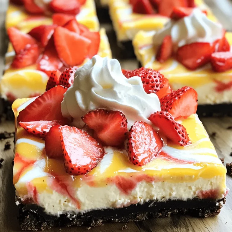 Here’s what you need to make these Golden Oreo strawberry cheesecake bars. - 18 Golden Oreo cookies, crushed - 4 tablespoons unsalted butter, melted - 16 oz cream cheese, softened - 1 cup granulated sugar - 1 teaspoon vanilla extract - 2 large eggs - 1 cup fresh strawberries, chopped - 1 tablespoon lemon juice - 1 tablespoon cornstarch - Whipped cream (for topping) - Extra strawberries (for garnish) Each ingredient plays an important role. The Golden Oreos give a sweet, crunchy crust. The unsalted butter helps bind it together. Cream cheese creates that rich, smooth filling you love. Granulated sugar adds sweetness, while vanilla brings out all the flavors. Fresh strawberries add a burst of fruity flavor. Lemon juice brightens the taste, making it fresh and zesty. Cornstarch helps the filling set just right. Whipped cream adds a light touch on top, and extra strawberries make it look pretty. Using this detailed ingredient list, you can create a dessert that impresses everyone. For the full recipe, check out the instructions in the next section. First, crush 18 Golden Oreos into fine crumbs. You can use a food processor or a zip-top bag with a rolling pin. Next, melt 4 tablespoons of unsalted butter in a small bowl. Mix the butter with the crushed Oreos until they look like wet sand. Press this mixture into the bottom of an 8x8-inch baking pan. Make sure it is flat and even. Bake the crust at 325°F (160°C) for 10 minutes. Let it cool slightly before adding the filling. In a large bowl, beat 16 ounces of softened cream cheese with an electric mixer. Mix until it is smooth and creamy. Gradually add 1 cup of granulated sugar and 1 teaspoon of vanilla extract. Blend well until mixed. Now, add 2 large eggs, one at a time. Mix gently until just combined. Be careful not to overmix; this keeps the filling light and fluffy. In another bowl, chop 1 cup of fresh strawberries. Add 1 tablespoon of lemon juice and 1 tablespoon of cornstarch to the strawberries. This helps keep the fruit fresh and thickens the juices. Gently fold the strawberry mixture into the cheesecake batter. Make sure to mix carefully so the strawberries stay whole. Pour this batter over the cooled Oreo crust, spreading it evenly. Bake the cheesecake bars in the oven for 40-45 minutes. Check if the edges are set, and the center should have a slight jiggle. Once done, remove the pan from the oven and let it cool on a wire rack. After cooling, refrigerate the bars for at least 4 hours, or overnight for the best texture. When they are chilled, lift the cheesecake bars out of the pan using the parchment paper. Cut them into squares. Enjoy these tasty treats! For the full recipe, click [Full Recipe]. To get the best texture, use room temperature ingredients. This helps them mix well. Cold cream cheese can lead to lumps. Always beat the cream cheese until smooth before adding other items. You should avoid overmixing the batter. Mix just until combined for a light cheesecake. The chilling time is also key. Chill the bars for at least four hours or overnight. This allows the flavors to meld and the bars to set. Slicing cheesecake bars can be tricky. Use a sharp knife dipped in hot water for clean cuts. Wipe the knife between slices to keep the edges neat. For garnishes, top each bar with whipped cream and fresh strawberries. This adds color and flavor, making the dish even more appealing. If your cheesecake cracks, it may be overbaked. Bake until just set, with a slight jiggle in the center. For a crust that is too crumbly, try adding a bit more melted butter. This will help bind the crumbs together better. Following these tips will ensure your Golden Oreo Strawberry Cheesecake Bars turn out perfect every time. For the full recipe, refer to the detailed section above. {{image_2}} You can change the fruit on top to mix things up. Try blueberries, raspberries, or peaches. Each fruit brings a new taste. You can also swap out the Golden Oreos for other cookies. For example, use chocolate sandwich cookies for a rich flavor. Or, try vanilla wafers for a lighter touch. Each choice gives a unique twist to the bars. For a vegan option, replace the cream cheese with a plant-based cream cheese. Use flax eggs instead of regular eggs. And for the crust, you can use vegan cookies with plant-based butter. If you need a gluten-free version, look for gluten-free cookies. You can find many tasty options in stores today. Just ensure all other ingredients are also gluten-free. These bars pair well with fresh fruit or a drizzle of chocolate sauce. You can also serve them with a scoop of vanilla ice cream for a fun dessert. For a creative touch, cut the bars into fun shapes using cookie cutters. This makes a great treat for kids at parties. Each way adds to the joy of eating these delicious cheesecake bars. To keep your Golden Oreo Strawberry Cheesecake Bars fresh, follow these tips: - Refrigeration tips: Store the cheesecake bars in an airtight container. This helps prevent them from absorbing other odors in the fridge. They taste best when chilled. Always let them cool completely before covering them. - Freezing the cheesecake bars: You can freeze these bars for later enjoyment. Cut them into squares and wrap each piece in plastic wrap. Place the wrapped bars in a freezer-safe bag or container. This way, they stay fresh for up to three months. - How long they last in the fridge: These cheesecake bars last about 5 to 7 days in the fridge. Always check for freshness before serving. - Signs of spoilage: Look for changes in color or texture. If they smell off or have a watery layer on top, it's time to toss them. Always trust your senses! To make Golden Oreo Strawberry Cheesecake Bars, start by preheating your oven to 325°F (160°C). You will need to crush 18 Golden Oreo cookies and mix them with 4 tablespoons of melted butter. Press this mixture into an 8x8-inch baking pan to form the crust. Bake it for 10 minutes and let it cool. Next, beat 16 oz of softened cream cheese until smooth. Gradually mix in 1 cup of granulated sugar and 1 teaspoon of vanilla extract. Add 2 large eggs, mixing until smooth. In another bowl, mix 1 cup of chopped strawberries, 1 tablespoon of lemon juice, and 1 tablespoon of cornstarch, then fold this into the cream cheese mix. Pour the filling over the crust and bake for 40-45 minutes. Cool and chill before serving. For the full recipe, refer to the detailed instructions above. Yes, you can use different types of Oreos. Each type will change the flavor and texture. For instance, using chocolate Oreos will add a rich, chocolatey taste. It can also change the color of the crust. You might find a mint Oreo adds a fresh twist. Keep in mind, the filling may taste different. Adjust sugar if you choose a sweeter cookie. If you do not have fresh strawberries, you can use frozen or canned strawberries. Drain canned strawberries well before using. You can also use other fruits like raspberries or blueberries. Each fruit will bring a unique flavor. Alternatively, consider using fruit preserves to swirl into the cheesecake for added sweetness. Yes, you can make these cheesecake bars ahead of time. Prepare them a day before serving for the best flavor. After baking, let them cool and then refrigerate for at least 4 hours, or overnight if you can wait. This will enhance the texture and taste. Just remember to cover them well to keep them fresh. To check if the cheesecake bars are done, look for set edges with a slight jiggle in the center. Insert a toothpick into the bars; it should come out mostly clean. If it has wet batter, they need more time. Remember, they will firm up as they cool. In this blog post, we explored how to make Golden Oreo Strawberry Cheesecake Bars. We covered every step, from preparing the crust to chilling the bars. I shared tips on texture, presentation, and common issues. You can even try different flavors or dietary options. Keep your bars in the fridge for the best taste. Enjoy creating this delicious dessert!