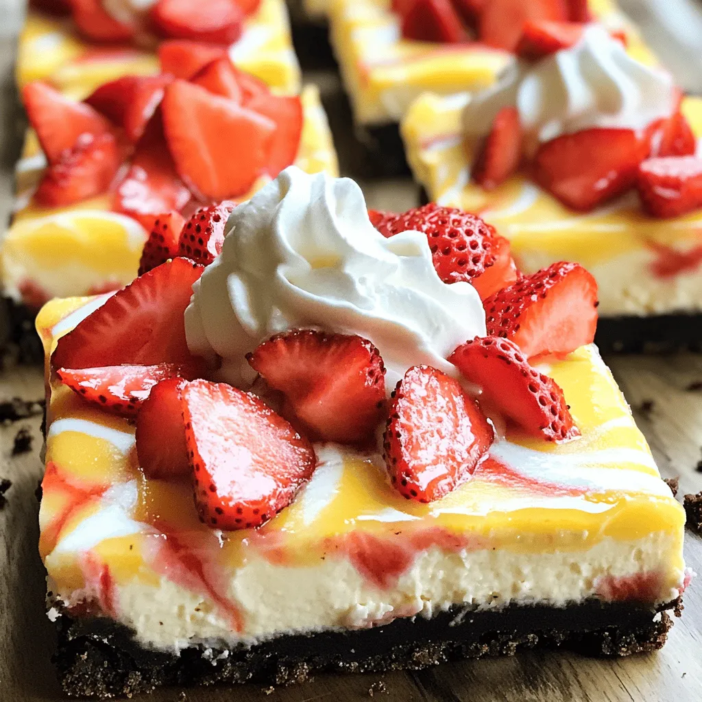 Here’s what you need to make these Golden Oreo strawberry cheesecake bars. - 18 Golden Oreo cookies, crushed - 4 tablespoons unsalted butter, melted - 16 oz cream cheese, softened - 1 cup granulated sugar - 1 teaspoon vanilla extract - 2 large eggs - 1 cup fresh strawberries, chopped - 1 tablespoon lemon juice - 1 tablespoon cornstarch - Whipped cream (for topping) - Extra strawberries (for garnish) Each ingredient plays an important role. The Golden Oreos give a sweet, crunchy crust. The unsalted butter helps bind it together. Cream cheese creates that rich, smooth filling you love. Granulated sugar adds sweetness, while vanilla brings out all the flavors. Fresh strawberries add a burst of fruity flavor. Lemon juice brightens the taste, making it fresh and zesty. Cornstarch helps the filling set just right. Whipped cream adds a light touch on top, and extra strawberries make it look pretty. Using this detailed ingredient list, you can create a dessert that impresses everyone. For the full recipe, check out the instructions in the next section. First, crush 18 Golden Oreos into fine crumbs. You can use a food processor or a zip-top bag with a rolling pin. Next, melt 4 tablespoons of unsalted butter in a small bowl. Mix the butter with the crushed Oreos until they look like wet sand. Press this mixture into the bottom of an 8x8-inch baking pan. Make sure it is flat and even. Bake the crust at 325°F (160°C) for 10 minutes. Let it cool slightly before adding the filling. In a large bowl, beat 16 ounces of softened cream cheese with an electric mixer. Mix until it is smooth and creamy. Gradually add 1 cup of granulated sugar and 1 teaspoon of vanilla extract. Blend well until mixed. Now, add 2 large eggs, one at a time. Mix gently until just combined. Be careful not to overmix; this keeps the filling light and fluffy. In another bowl, chop 1 cup of fresh strawberries. Add 1 tablespoon of lemon juice and 1 tablespoon of cornstarch to the strawberries. This helps keep the fruit fresh and thickens the juices. Gently fold the strawberry mixture into the cheesecake batter. Make sure to mix carefully so the strawberries stay whole. Pour this batter over the cooled Oreo crust, spreading it evenly. Bake the cheesecake bars in the oven for 40-45 minutes. Check if the edges are set, and the center should have a slight jiggle. Once done, remove the pan from the oven and let it cool on a wire rack. After cooling, refrigerate the bars for at least 4 hours, or overnight for the best texture. When they are chilled, lift the cheesecake bars out of the pan using the parchment paper. Cut them into squares. Enjoy these tasty treats! For the full recipe, click [Full Recipe]. To get the best texture, use room temperature ingredients. This helps them mix well. Cold cream cheese can lead to lumps. Always beat the cream cheese until smooth before adding other items. You should avoid overmixing the batter. Mix just until combined for a light cheesecake. The chilling time is also key. Chill the bars for at least four hours or overnight. This allows the flavors to meld and the bars to set. Slicing cheesecake bars can be tricky. Use a sharp knife dipped in hot water for clean cuts. Wipe the knife between slices to keep the edges neat. For garnishes, top each bar with whipped cream and fresh strawberries. This adds color and flavor, making the dish even more appealing. If your cheesecake cracks, it may be overbaked. Bake until just set, with a slight jiggle in the center. For a crust that is too crumbly, try adding a bit more melted butter. This will help bind the crumbs together better. Following these tips will ensure your Golden Oreo Strawberry Cheesecake Bars turn out perfect every time. For the full recipe, refer to the detailed section above. {{image_2}} You can change the fruit on top to mix things up. Try blueberries, raspberries, or peaches. Each fruit brings a new taste. You can also swap out the Golden Oreos for other cookies. For example, use chocolate sandwich cookies for a rich flavor. Or, try vanilla wafers for a lighter touch. Each choice gives a unique twist to the bars. For a vegan option, replace the cream cheese with a plant-based cream cheese. Use flax eggs instead of regular eggs. And for the crust, you can use vegan cookies with plant-based butter. If you need a gluten-free version, look for gluten-free cookies. You can find many tasty options in stores today. Just ensure all other ingredients are also gluten-free. These bars pair well with fresh fruit or a drizzle of chocolate sauce. You can also serve them with a scoop of vanilla ice cream for a fun dessert. For a creative touch, cut the bars into fun shapes using cookie cutters. This makes a great treat for kids at parties. Each way adds to the joy of eating these delicious cheesecake bars. To keep your Golden Oreo Strawberry Cheesecake Bars fresh, follow these tips: - Refrigeration tips: Store the cheesecake bars in an airtight container. This helps prevent them from absorbing other odors in the fridge. They taste best when chilled. Always let them cool completely before covering them. - Freezing the cheesecake bars: You can freeze these bars for later enjoyment. Cut them into squares and wrap each piece in plastic wrap. Place the wrapped bars in a freezer-safe bag or container. This way, they stay fresh for up to three months. - How long they last in the fridge: These cheesecake bars last about 5 to 7 days in the fridge. Always check for freshness before serving. - Signs of spoilage: Look for changes in color or texture. If they smell off or have a watery layer on top, it's time to toss them. Always trust your senses! To make Golden Oreo Strawberry Cheesecake Bars, start by preheating your oven to 325°F (160°C). You will need to crush 18 Golden Oreo cookies and mix them with 4 tablespoons of melted butter. Press this mixture into an 8x8-inch baking pan to form the crust. Bake it for 10 minutes and let it cool. Next, beat 16 oz of softened cream cheese until smooth. Gradually mix in 1 cup of granulated sugar and 1 teaspoon of vanilla extract. Add 2 large eggs, mixing until smooth. In another bowl, mix 1 cup of chopped strawberries, 1 tablespoon of lemon juice, and 1 tablespoon of cornstarch, then fold this into the cream cheese mix. Pour the filling over the crust and bake for 40-45 minutes. Cool and chill before serving. For the full recipe, refer to the detailed instructions above. Yes, you can use different types of Oreos. Each type will change the flavor and texture. For instance, using chocolate Oreos will add a rich, chocolatey taste. It can also change the color of the crust. You might find a mint Oreo adds a fresh twist. Keep in mind, the filling may taste different. Adjust sugar if you choose a sweeter cookie. If you do not have fresh strawberries, you can use frozen or canned strawberries. Drain canned strawberries well before using. You can also use other fruits like raspberries or blueberries. Each fruit will bring a unique flavor. Alternatively, consider using fruit preserves to swirl into the cheesecake for added sweetness. Yes, you can make these cheesecake bars ahead of time. Prepare them a day before serving for the best flavor. After baking, let them cool and then refrigerate for at least 4 hours, or overnight if you can wait. This will enhance the texture and taste. Just remember to cover them well to keep them fresh. To check if the cheesecake bars are done, look for set edges with a slight jiggle in the center. Insert a toothpick into the bars; it should come out mostly clean. If it has wet batter, they need more time. Remember, they will firm up as they cool. In this blog post, we explored how to make Golden Oreo Strawberry Cheesecake Bars. We covered every step, from preparing the crust to chilling the bars. I shared tips on texture, presentation, and common issues. You can even try different flavors or dietary options. Keep your bars in the fridge for the best taste. Enjoy creating this delicious dessert!