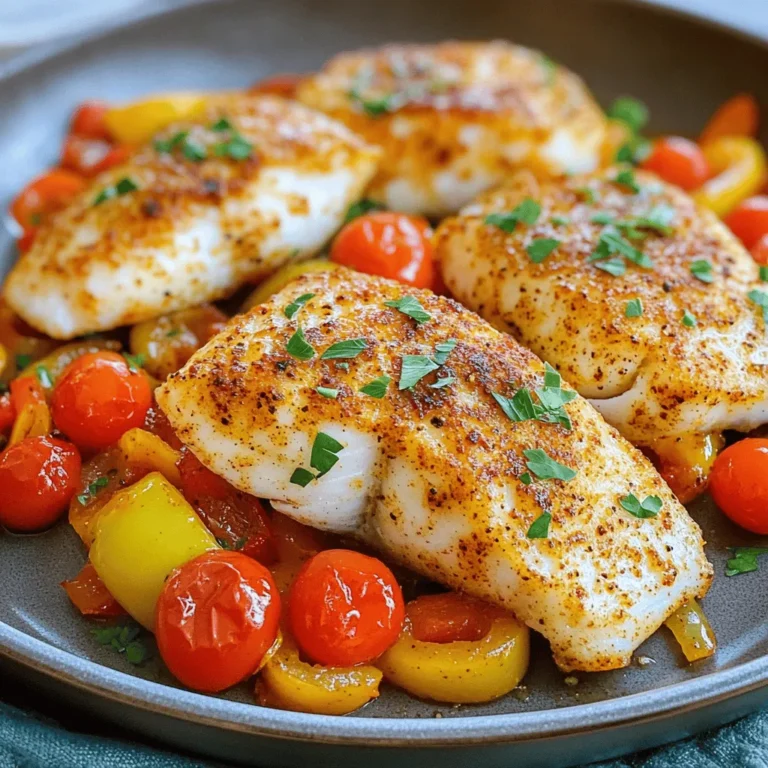 To make Skillet Cajun Spiced Flounder, gather these ingredients: - 4 flounder fillets (about 6 ounces each) - 2 tablespoons Cajun seasoning - 2 tablespoons olive oil - 1 tablespoon butter - 2 cloves garlic, minced - 1 red bell pepper, thinly sliced - 1 cup cherry tomatoes, halved - 1/4 cup fresh parsley, chopped - Juice of 1 lemon - Salt and pepper to taste This dish is not only tasty but also healthy. Each serving provides: - Calories: 280 - Protein: 25g - Carbohydrates: 10g - Fat: 15g - Fiber: 2g These numbers can vary based on ingredient brands and preparation methods. When buying flounder, look for fillets that are moist and shiny. They should smell like the sea, not fishy. For the bell pepper, choose one that is firm and bright. The skin should be smooth with no blemishes. For cherry tomatoes, pick ones that are plump and vibrant. Fresh parsley adds a burst of flavor, so select bright green leaves without brown spots. Using fresh ingredients makes your meal better and more delicious! For the full recipe, check out the instructions above. First, gather all your ingredients. You need four flounder fillets, Cajun seasoning, olive oil, butter, garlic, a red bell pepper, cherry tomatoes, fresh parsley, lemon juice, salt, and pepper. Make sure to pat the flounder fillets dry. This helps the seasoning stick. Next, season both sides of each fillet with Cajun seasoning, salt, and pepper. This adds great flavor. Now, heat a large skillet over medium-high heat. Add two tablespoons of olive oil and one tablespoon of butter. Let the butter melt and bubble. Once ready, add the seasoned flounder fillets. Cook them for about three to four minutes on each side. You want them golden brown and cooked through. After cooking, remove the fillets and set them aside on a plate. In the same skillet, lower the heat to medium. Add two cloves of minced garlic. Stir it for about thirty seconds to release the smell. Then, add the sliced red bell pepper. Sauté it for about three minutes until it softens a bit. Now, toss in one cup of halved cherry tomatoes. Cook them for an additional two to three minutes until they burst and release their juices. Finally, return the flounder to the skillet. Gently spoon the sautéed veggies over the fillets. Drizzle with the juice of one lemon and sprinkle with fresh parsley. This will make the dish pop with flavor and color. To serve, place the flounder on a warm plate. Top each fillet with some of the sautéed vegetables. For an extra touch, garnish with more parsley and lemon wedges. This dish looks beautiful and is sure to impress. You can find the full recipe in the main article. To cook flounder just right, start with fresh fillets. Dry them well using a paper towel. This helps the seasoning stick better. Heat your skillet to medium-high heat. Add olive oil and butter until it bubbles. Place the fillets in the skillet, careful not to overcrowd. Cook for about 3-4 minutes on each side. You'll know they're done when they turn golden and flake easily with a fork. This simple method keeps the fish moist and flavorful. If you don’t have Cajun seasoning at home, don’t worry! You can make your own mix. Combine paprika, garlic powder, onion powder, cayenne pepper, and oregano. This mix packs a similar punch. You can also use Creole seasoning for a different flavor. For a milder taste, try a blend of smoked paprika and black pepper. These alternatives still capture the bold flavors of Cajun cuisine. For this recipe, you'll need a few key tools. A large skillet is a must for even cooking. A spatula helps you flip the flounder without breaking it. Use a sharp knife for slicing the vegetables. A cutting board will keep your workspace clean. Lastly, having a lemon juicer makes it easy to add that fresh zing. With these tools, you will make cooking effortless and enjoyable. {{image_2}} You can easily swap flounder for other fish. Try tilapia, sole, or catfish. Each fish brings its own flavor, but they all pair well with Cajun spice. Just adjust cooking times based on thickness. For thicker fish, cook a bit longer. For thinner fillets, watch them closely to avoid overcooking. If you prefer a meat-free meal, try using firm tofu or tempeh. Cut them into fillet shapes and season them with Cajun spice. Sauté them just like you would the flounder. You could also use portobello mushrooms for a hearty option. They soak up flavors well and add a nice texture. You can control the heat in this dish. For less spice, use less Cajun seasoning. Alternatively, add a touch of cayenne pepper for more heat. You can also balance the spiciness with a splash of cream or yogurt. This makes the dish rich and smooth. Enjoy experimenting with flavors to find your perfect balance. To keep your skillet Cajun spiced flounder fresh, store it in an airtight container. Make sure to place it in your fridge within two hours of cooking. The flounder can stay fresh for up to three days. If you have leftovers, it’s best to separate the fish from the vegetables. This way, the flounder won’t get soggy. When you’re ready to enjoy your leftovers, reheat the flounder gently. Preheat your skillet over medium heat. Add a splash of olive oil to prevent sticking. Place the flounder in the skillet for about 2-3 minutes on each side. You can also microwave it. Use a microwave-safe dish and cover it with a damp paper towel. Heat in short bursts, checking often to avoid overcooking. If you want to keep your flounder longer, you can freeze it. Wrap the cooked flounder tightly in plastic wrap and then place it in a freezer bag. Remove as much air as possible. It will last up to three months in the freezer. When you’re ready to eat it, thaw it in the fridge overnight before reheating. This keeps the texture nice and tasty. For the full recipe, check the details above. Cooking flounder is quick and easy. It takes about 6 to 8 minutes in total. Each side needs about 3 to 4 minutes. You want the fish to be golden brown and flake easily with a fork. Yes, you can use frozen flounder. Just make sure to thaw it first. Thawing helps the fish cook evenly. You can place it in the fridge overnight or put it in cold water for quick thawing. Cajun-spiced flounder pairs well with many sides. Some great options are: - Rice or quinoa for a filling base - Steamed vegetables for a healthy touch - A fresh salad for some crunch - Corn on the cob for a sweet side These sides can enhance your meal and make it a complete feast. Check the Full Recipe for more ideas! This post covered key areas for cooking flounder, from ingredients to storage. I shared tips on selecting fresh items, cooking methods, and serving ideas. Remember, perfecting flounder is easy once you follow these steps. Consider your seasonings and variations to fit your taste. Proper storage ensures you maximize flavor and freshness. Use this guide to enjoy delicious meals with flounder or any fish. Cooking can be fun and rewarding!