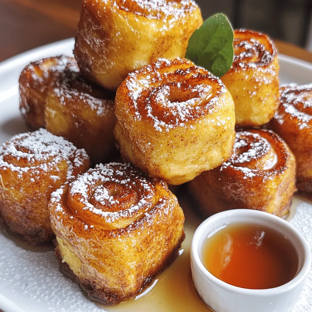 To make these tasty bites, gather the following ingredients: - 1 can refrigerated cinnamon roll dough - 3 large eggs - 1/2 cup milk - 1 teaspoon vanilla extract - 1/2 teaspoon ground cinnamon - 1/4 cup brown sugar - 2 tablespoons butter, melted - Optional toppings like powdered sugar and maple syrup Each ingredient plays a key role. The cinnamon roll dough brings that classic flavor. Eggs and milk create a rich coating. Vanilla adds depth, while cinnamon and brown sugar enhance the sweetness. Butter gives a nice crisp when baked. Feel free to play with the optional toppings. Dusting with powdered sugar makes a pretty finish. Maple syrup adds a sweet touch. You can find the full recipe above to guide you through the steps. First, we need to preheat the oven to 375°F (190°C). This step is key to getting those bites nice and golden. While the oven heats, open the can of refrigerated cinnamon roll dough. It will be fun to watch it pop! Then, separate the rolls and cut each roll into quarters. Place all the pieces in a large mixing bowl. This will make coating them much easier. Now, let’s make the egg mixture. In a separate bowl, whisk together three large eggs, half a cup of milk, one teaspoon of vanilla extract, half a teaspoon of ground cinnamon, and a quarter cup of brown sugar. Mix it well until it's smooth and creamy. This mix adds rich flavor to our bites. Next, pour the egg mixture over the quartered cinnamon rolls. Toss gently to coat all the pieces. We want every bite to soak up that yummy flavor. After coating, drizzle two tablespoons of melted butter over the dough pieces. Toss again to ensure even coverage. Spread the cinnamon roll bites evenly on a parchment-lined baking sheet. Make sure they are not too crowded. This helps them cook evenly. Bake in the preheated oven for about 15 to 20 minutes. You’ll know they are done when they turn golden brown. Once you remove them from the oven, let them cool for a few minutes. Dust with powdered sugar before serving. You can serve them warm with maple syrup for dipping. For the full recipe, check out the details provided earlier. Enjoy your tasty sweet treats! To get the best results, spread out the bites on the baking sheet. This helps them cook evenly. If they are too close, they may stick together. They won’t get that nice golden brown finish you want. For a perfect color, keep an eye on them while they bake. Bake them for 15 to 20 minutes. When they look golden, they are ready. You can check with a fork to see if they are firm. These bites shine when paired with syrup and powdered sugar. Drizzle warm maple syrup over them for extra flavor. A light dusting of powdered sugar makes them look fancy and sweet. You can also serve them with fresh fruit. Sliced strawberries or bananas add a nice touch. They complement the flavors well and make your plate colorful. Consider a side of yogurt for creaminess, too. Enjoy your tasty sweet treats! {{image_2}} You can change the flavor of your cinnamon roll French toast bites for each season. For fall, add pumpkin spice. Just mix in one teaspoon of pumpkin spice into your egg mixture. This will give the bites a warm, cozy taste. In summer, try adding fresh berries. Blueberries, strawberries, or raspberries work well. Toss a handful of berries into the cinnamon roll pieces before coating them in the egg mixture. The fruit adds a nice pop of color and flavor. You can also explore different cooking methods for your cinnamon roll bites. Frying them gives a crispy outside. Heat oil in a pan and cook the bites for a few minutes on each side. This method creates a crunchy texture that many enjoy. If you want a healthier option, use an air fryer. Set it to 350°F (175°C) and cook the bites for about 10–12 minutes. This method uses less oil and still makes the bites crispy. For the best results, try these variations and methods. They make your cinnamon roll French toast bites even more fun and tasty. For complete instructions, check the Full Recipe. To keep your Cinnamon Roll French Toast Bites fresh, store them in the fridge. Place them in an airtight container. This helps maintain their taste and texture. They can stay good for about three days. When you're ready to eat, you can reheat them in the oven. Preheat your oven to 350°F (175°C). Place the bites on a baking sheet for about 10 minutes. This method keeps them warm and crispy. You can also freeze these bites if you have extras. First, let them cool completely. Then, place them in a single layer on a baking sheet. This prevents them from sticking together. Freeze them for about an hour. After that, transfer them to a freezer bag. Squeeze out as much air as possible to prevent freezer burn. They can last in the freezer for up to three months. To thaw, move them to the fridge overnight. Reheat them in the oven, just like before. Enjoy your sweet treats any time! Yes, you can use homemade cinnamon roll dough. This option can add a special touch. Just make sure your dough is soft and easy to work with. If it’s too stiff, let it rest for a bit. You can even flavor it with extra spices or nuts. This will make your bites even more tasty. Look for a golden brown color on your bites. They should feel firm to the touch but not hard. A toothpick inserted in the center should come out clean. This means they are cooked all the way through. The smell will also be sweet and warm, filling your kitchen with joy. Yes, you can prepare these bites ahead. Just assemble them and keep them in the fridge. Bake them just before serving. This way, you can enjoy warm bites fresh from the oven. You can also freeze them after baking. Just remember to let them cool completely before storing. This will keep them tasty for later. For the full recipe, check the earlier section. Cinnamon Roll French Toast Bites are easy and fun to make. You need simple ingredients like cinnamon roll dough, eggs, and milk. Follow the steps to prepare, bake, and serve these tasty treats. Remember to play with flavors for seasons or try different cooking methods. Store leftovers safely or freeze them for later. Enjoy every bite, and don't forget your favorite toppings! These bites bring joy to any meal.