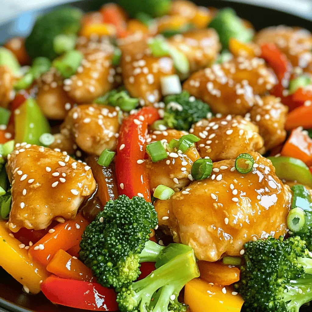 - 1 lb (450g) boneless, skinless chicken thighs, cut into bite-sized pieces - 2 tablespoons honey - 3 tablespoons soy sauce - 1 tablespoon rice vinegar - 4 cloves garlic, minced - 1 tablespoon fresh ginger, grated - 2 cups mixed vegetables (bell peppers, broccoli, carrots) - 2 tablespoons sesame oil - 1 tablespoon cornstarch (mixed with 2 tablespoons water) - Salt and pepper to taste - 2 green onions, chopped, for garnish - Sesame seeds, for garnish - Skillet or wok - Mixing bowl When I make Honey Garlic Chicken Stir Fry, I love how simple the ingredients are. Chicken thighs give the dish a rich taste. Honey adds sweetness, while soy sauce and rice vinegar give it a nice kick. The garlic and ginger bring a fresh flavor that makes it even better. I like to use mixed vegetables for color and nutrition. You can use bell peppers, broccoli, and carrots, but feel free to mix it up! Just pick what you enjoy. For seasoning, a bit of salt and pepper goes a long way. I finish the dish with chopped green onions and sesame seeds. They add a nice crunch and look great on the plate. You only need a skillet or wok and a mixing bowl to whip this meal together. The equipment is basic, but it makes a big difference in how your stir fry turns out. For the complete details, check out the Full Recipe. To start, you need to make the sauce. In a bowl, mix these ingredients: - 2 tablespoons honey - 3 tablespoons soy sauce - 1 tablespoon rice vinegar - 4 cloves garlic, minced - 1 tablespoon fresh ginger, grated Stir until everything blends well. This sauce gives the chicken a sweet and savory flavor. Next, prepare the chicken. Use 1 pound of boneless, skinless chicken thighs, cut into bite-sized pieces. Season the chicken with salt and pepper. This step adds taste right from the start. Now, heat 2 tablespoons of sesame oil in a large skillet or wok over medium-high heat. Once the oil is hot, add the chicken pieces. Cook for about 5-7 minutes. You want the chicken to turn golden brown and cook through. Cooking time is important. If you undercook it, the chicken can be unsafe to eat. If you overcook it, it can become dry. So, keep an eye on it while it cooks! After the chicken is cooked, it’s time to add the vegetables. Use 2 cups of mixed vegetables like bell peppers, broccoli, and carrots. Stir-fry everything together for about 3-4 minutes. The goal is to keep the veggies tender-crisp. Now, pour the sauce over the chicken and vegetables. Stir well to coat everything in the sauce. To thicken the sauce, add 1 tablespoon of cornstarch mixed with 2 tablespoons of water. Pour this slowly while stirring. Cook for another 1-2 minutes until the sauce is glossy and thickened. This method gives you a delicious honey garlic chicken stir-fry. For the full recipe, check the details above. Enjoy your meal! To stir-fry well, keep these tips in mind: - Heat is key: Use high heat to cook fast. This seals in flavor. - Prep first: Cut all ingredients before cooking. This saves time. - Don’t crowd the pan: Cook in batches if needed. Overcrowding makes food steam instead of fry. For the sauce, aim for a balance of sweet and savory. Stir well to mix everything. You want it thick enough to coat the chicken and veggies but not too thick. If it’s too runny, cook it a bit longer. If you want to switch up the chicken, here are some great options: - Fish or shrimp: These cook quickly. Adjust cooking time to avoid overcooking. - Tofu: A great vegetarian choice. Use firm tofu for best results. For veggies, you can use: - Snap peas or zucchini: These add crunch and color. - Frozen vegetables: They work too! Just thaw and add them in. If you’re watching salt intake, go for low-sodium soy sauce. It will keep the flavor without the extra salt. A good plate makes your dish pop! Here are some ideas: - Use a white plate: It highlights the colorful stir-fry. - Layer it: Start with rice or noodles, then top with chicken and veggies. For garnishes, add: - Chopped green onions: They add a nice crunch. - Sesame seeds: Sprinkle these on for a nutty flavor. These small touches make your Honey Garlic Chicken Stir Fry look as good as it tastes. Enjoy your meal! {{image_2}} You can swap chicken for beef or tofu in this stir fry. Each protein gives a unique taste. If you use beef, choose thin strips for quick cooking. Cook it for about 3-5 minutes until brown. For tofu, press it to remove water. Cut it into cubes and sauté for 5-7 minutes. Tofu absorbs flavors well, so it's great for this dish. Want to add some heat? You can stir in chili flakes or sriracha. Start with a small amount and taste as you go. If you prefer other flavors, try adding a splash of lime juice or a dash of sesame oil. These add a fresh twist to your honey garlic sauce. This dish pairs perfectly with rice or noodles. For a quick meal, serve it over steamed white rice. You can also use brown rice for a healthier option. If you like noodles, try egg noodles or rice noodles. They soak up the sauce beautifully. Adding a side salad or some pickled veggies can give a nice crunch and balance to your meal. For the full recipe, check the main article. Enjoy making this delicious Honey Garlic Chicken Stir Fry! To store Honey Garlic Chicken Stir Fry safely, let it cool first. Place it in an airtight container. This keeps the flavors fresh. You can store it in the fridge for up to three days. To freeze the stir-fry, pack it in a freezer-safe bag. Remove as much air as you can. This keeps the dish from getting freezer burn. It will last for about three months. When ready to eat, thaw it in the fridge overnight. When reheating, use a skillet over medium heat. Stir it often to warm it evenly. This helps keep the chicken juicy and the veggies crisp. Avoid using the microwave, as it can make the stir-fry soggy. Enjoy your meal again with the same great taste! Cooking Honey Garlic Chicken Stir Fry takes about 25 minutes. - Prep Time: 15 minutes - Cook Time: 10 minutes You chop the chicken and veggies quickly. Mix the sauce while the oil heats. Then, cook the chicken until it’s golden. Add the veggies and stir-fry for a few minutes. Finally, add the sauce and thicken it. Yes, you can make this dish ahead of time. I suggest cooking the chicken and veggies. You can store them in the fridge for up to three days. To save time, make the sauce too. Just mix the honey, soy sauce, vinegar, garlic, and ginger. Keep it in a jar until you are ready to cook. When it’s time to eat, reheat everything in a pan. Then, add the sauce and thicken it up. You can use many veggies in this stir fry. Here are some great choices: - Bell peppers - Broccoli - Carrots - Snow peas - Zucchini Feel free to mix and match. Use whatever you have on hand. This recipe is about being flexible and creative. Yes, this recipe is healthy! It has lean protein from the chicken. The veggies add fiber, vitamins, and minerals. Honey gives a touch of sweetness without added refined sugars. Using fresh ingredients makes this dish nutritious. You also control the salt with low-sodium soy sauce. Overall, it’s a wholesome meal that tastes great! For the [Full Recipe], check the previous sections. This blog post covers how to make a tasty Honey Garlic Chicken Stir Fry. We explored the key ingredients like chicken thighs, honey, and fresh vegetables. I shared techniques for preparation, cooking, and adding great flavor. You now have tips for perfecting your dish and ideas for variations. In closing, this stir fry is easy to customize and fun to share. Enjoy cooking, and let your creativity shine!