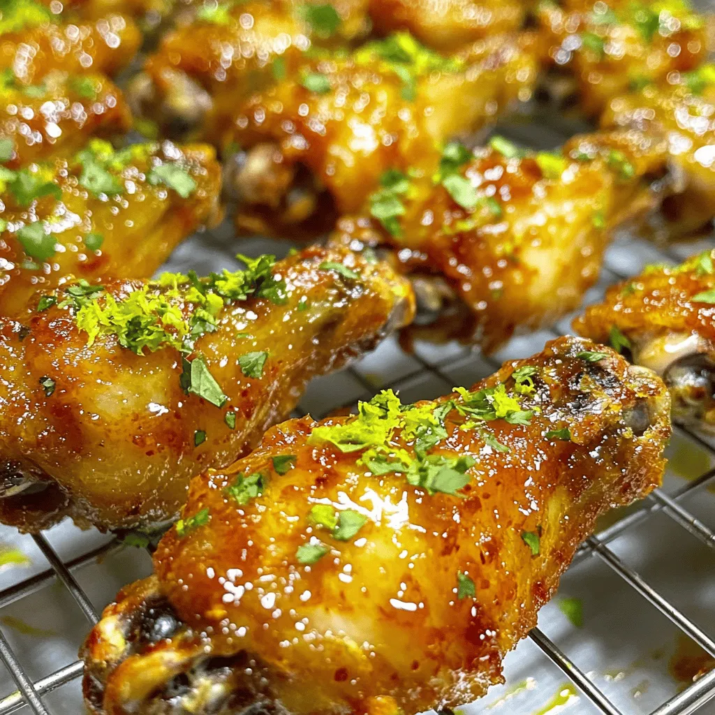 To make the best crispy baked chicken wings, gather these key items: - 2 lbs chicken wings - 2 tablespoons baking powder - 1 teaspoon garlic powder - 1 teaspoon onion powder - 1 teaspoon smoked paprika - 1 teaspoon salt - 1/2 teaspoon black pepper These main ingredients create a great base for your wings. The chicken wings give you that meaty bite, while the baking powder helps them crisp up nicely. Next, we have the spices that add flavor: - 1/4 teaspoon cayenne pepper (optional for extra heat) This seasoning blend makes your wings tasty. The smoked paprika adds a nice depth, and the cayenne gives a kick if you want it spicy. You can take your wings to the next level with these extras: - 1/3 cup sweet chili sauce - Zest of 1 lime - 1 tablespoon fresh lime juice - Chopped fresh cilantro for garnish These optional ingredients bring brightness and sweetness to your wings. The lime zest and juice add freshness, while the sweet chili sauce creates a sticky, sweet glaze. The cilantro on top makes it look pretty and adds a fresh taste. For the full recipe, check out [Full Recipe]. First, set your oven to 425°F (220°C). This high heat helps the wings get crispy. Next, line a baking sheet with aluminum foil. This makes cleanup easy. Place a wire rack on top of the sheet. The rack allows hot air to flow around the wings. This is key for crispiness. Take 2 lbs of chicken wings and dry them well with paper towels. This step is very important. Moisture makes the wings soggy, not crispy. In a large bowl, mix together 2 tablespoons of baking powder, 1 teaspoon of garlic powder, 1 teaspoon of onion powder, 1 teaspoon of smoked paprika, 1 teaspoon of salt, 1/2 teaspoon of black pepper, and optional 1/4 teaspoon of cayenne pepper for heat. Add the wings to the bowl and toss until they are fully coated in the mix. Now, lay the wings on the wire rack. Make sure they are in a single layer. Space them out so air can flow. Place the baking sheet in the oven and bake for 30-35 minutes. Flip the wings halfway through for even cooking. After baking, if you want extra crispiness, turn the oven to broil. Broil the wings for 3-5 minutes, but watch them closely. They can burn quickly! Once done, you can toss them in the sweet chili sauce mixture from the Full Recipe for added flavor. To get crispy baked chicken wings, start with dry wings. Pat them with paper towels to remove extra moisture. This step is key for crunch. Use baking powder in your seasoning mix. It helps create a crispy texture without frying. When you arrange the wings, space them out on the rack. This allows hot air to circulate freely, making them crispier. You can grill or air fry wings if you want a different taste. For grilling, preheat your grill and cook the wings for 20-25 minutes. Turn them often to avoid burning. An air fryer cooks them faster. Set it to 400°F (200°C) and cook for about 25 minutes. The wings will still be crispy and delicious. Serve your wings with fresh lime wedges. The lime juice brightens the flavors. You can also pair them with creamy dips like ranch or blue cheese. Try adding sliced veggies like carrots and celery for crunch. For a sweet twist, serve with honey or extra sweet chili sauce. These options will make your wings even more enjoyable. {{image_2}} To make spicy baked chicken wings, you can add heat. Start by mixing in extra cayenne pepper or use hot sauce. You could also toss the wings with a spicy marinade before baking. A simple blend of chili powder, garlic, and a splash of vinegar works great. The spicy flavor pairs well with the crispy texture. For a sweet twist, try honey garlic baked wings. After baking, mix honey and minced garlic in a bowl. Drizzle this mixture over the crispy wings. Toss until they are well coated. This sweet and savory combo is always a crowd-pleaser. Remember to use fresh garlic for the best taste. If you need gluten-free wings, you can easily adapt this recipe. Substitute regular baking powder with a gluten-free brand. Also, check the sweet chili sauce for gluten. Many brands offer gluten-free options. This way, everyone can enjoy these tasty wings without worry. Explore these variations to find your perfect flavor! For the full recipe, check out the Crispy Baked Chicken Wings with Sweet Chili & Lime Zest. After enjoying your crispy baked chicken wings, you may have some left. Store them in an airtight container. This keeps them fresh and tasty. Make sure they cool down to room temperature first. Then, place them in the fridge. They will last for up to three days. If you want to keep them longer, consider freezing them. To reheat your wings and keep them crispy, use the oven. Preheat it to 350°F (175°C). Place the wings on a baking sheet. Heat them for about 10-15 minutes. This method helps to restore their crunch. You can also use an air fryer. Set it to 360°F (182°C) for about 8-10 minutes. Both methods work well to keep your wings delicious. If you want to save your wings for later, freezing is a great choice. First, let them cool completely. Then, place them in a freezer bag. Try to remove as much air as you can before sealing. Label the bag with the date. They can stay in the freezer for up to three months. When you're ready to eat, thaw them in the fridge overnight before reheating. For a full recipe, check out the Crispy Baked Chicken Wings with Sweet Chili & Lime Zest. To make chicken wings extra crispy, start by drying them well. Use paper towels to remove moisture. Next, coat them in baking powder and seasoning. Baking powder helps create a crunchy texture. Spread the wings on a wire rack for better air flow. Bake them at 425°F (220°C) for 30-35 minutes. Flip them halfway through for even cooking. For a final touch, broil them for 3-5 minutes. This step will give you wings that are golden and crispy. Yes, you can use frozen chicken wings. Thaw them in the fridge overnight for best results. If you are short on time, you can run them under cold water. Once thawed, dry them well before coating. Follow the recipe as usual after that. Baking from frozen may take a bit longer, so check for doneness. Your wings will still turn out tasty and crispy. To warm crispy baked wings, the oven is your best choice. Preheat it to 350°F (175°C). Place the wings on a baking sheet lined with foil. Warm them for about 10-15 minutes. This method keeps them crispy without drying them out. Avoid using a microwave, as it can make them soggy. Serve them hot and enjoy! In this blog post, we covered how to make crispy baked chicken wings. I shared key ingredients, step-by-step directions, and helpful tips. You can make spicy or honey garlic wings, or even gluten-free ones. Proper storage and reheating keep your leftover wings tasty. Remember, achieving crispy wings at home is easy when you follow these methods. With practice, you’ll impress your friends and family with delicious wings every time.