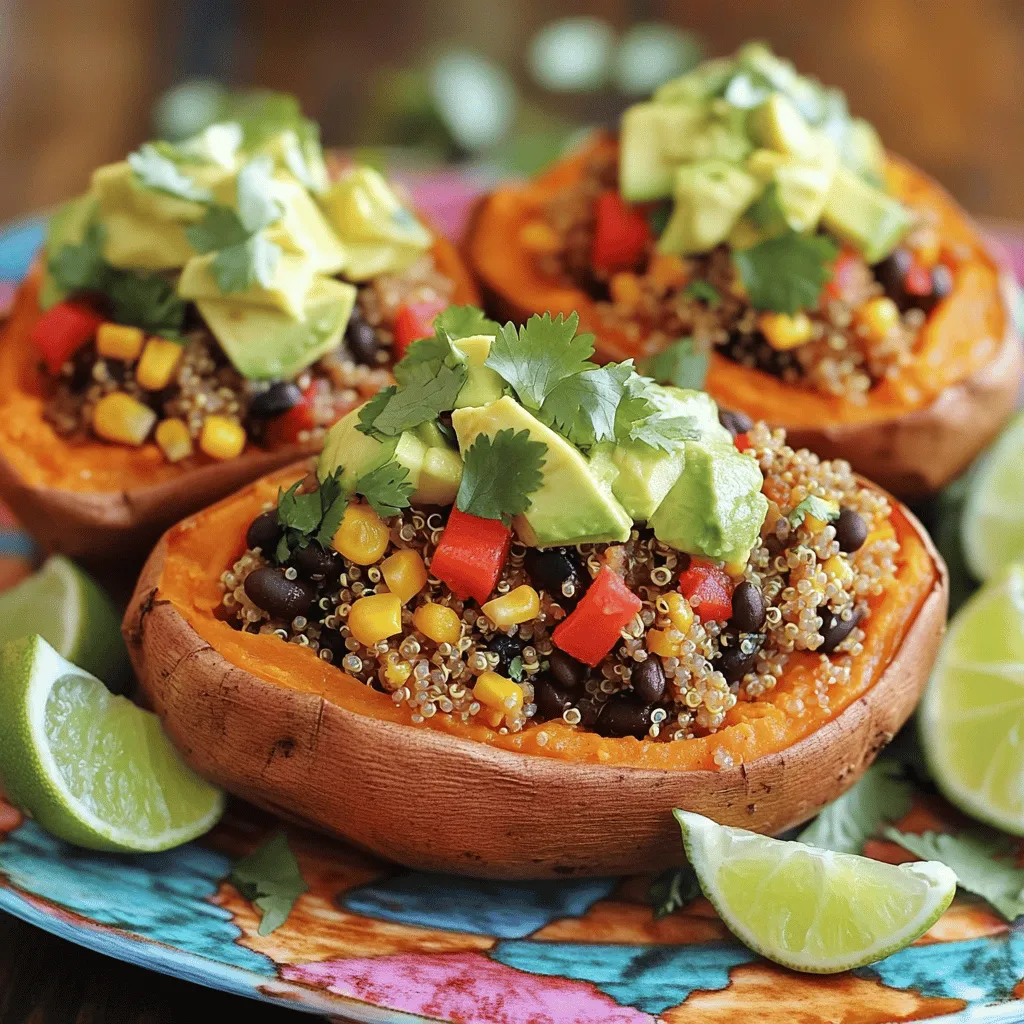 Sweet potatoes are the star of this dish. They are sweet, creamy, and full of nutrients. By roasting them, you enhance their natural flavor. The filling combines quinoa, black beans, and corn, making it hearty and healthy. - Sweet Potatoes: They are rich in vitamins and fiber. - Quinoa: This grain adds protein and a nutty taste. - Black Beans: They give extra protein and fiber. - Corn: This adds sweetness and a nice crunch. - Red Bell Pepper: It provides color and vitamins. Using these ingredients together gives a balanced meal. Quinoa and black beans are great for energy, while sweet potatoes offer antioxidants. You can easily change this recipe to match your taste. Here are extra protein options: - Chicken: Cooked and shredded for a meaty option. - Tofu: A plant-based choice for a hearty bite. You can also add more veggies or spices: - Spinach: Adds color and nutrients. - Chili Powder: For a spicy kick. - Garlic: For extra flavor. Feel free to mix and match based on what you have at home. One serving of savory stuffed sweet potatoes has about 400 calories. This meal is filling and full of good stuff. - Sweet Potatoes: High in fiber and vitamin A. - Quinoa: A complete protein source. - Black Beans: Good for the heart and digestion. Each ingredient offers health benefits, making this dish not just tasty but good for you, too. For the full recipe, check the detailed instructions provided! To prep your sweet potatoes, wash them under cold water. Scrub each potato well to remove dirt. Pat them dry with a towel. Next, poke a few holes in each potato with a fork. This step helps steam escape while roasting. For perfect roasting, preheat your oven to 400°F (200°C). Place the sweet potatoes on a baking sheet lined with parchment paper. Roast for 45-50 minutes. They are done when a fork easily pierces them. While the sweet potatoes roast, you can prepare the filling. Start by combining 1 cup of cooked quinoa, 1 can of rinsed black beans, and 1 cup of corn. Add 1 diced red bell pepper, 1 teaspoon cumin, 1 teaspoon smoked paprika, ½ teaspoon garlic powder, and ½ teaspoon onion powder. Mix everything together in a large bowl. Taste it and adjust the salt and pepper to your liking. If you want more flavor, add a squeeze of lime juice. This step brings freshness to your filling. Once the sweet potatoes are tender, take them out of the oven and let them cool for a few minutes. Carefully slice each potato down the middle, but don’t cut all the way through. Gently push the ends to open them up. Spoon the quinoa mixture into each sweet potato, filling them well. For a tasty finish, top them with diced avocado and sprinkle fresh cilantro on top. If you like, serve with lime wedges on the side for an extra burst of flavor. Enjoy your meal! For the complete details, check the Full Recipe. Roasting sweet potatoes gives them a great flavor. It also makes them tender. To roast, preheat your oven to 400°F (200°C). Wash and poke holes in the sweet potatoes. Place them on a baking sheet and roast for 45-50 minutes. This method works better than baking because it enhances their natural sweetness. For even cooking, make sure the sweet potatoes are similar in size. You can also rotate them halfway through cooking. This helps them cook evenly. To make your stuffed sweet potatoes extra tasty, add herbs and spices. I love using cumin and smoked paprika in my filling. These spices bring warmth and depth. You can also try chili powder or coriander for a different twist. For toppings, consider diced avocado and fresh cilantro. They add creaminess and freshness. You can also drizzle lime juice for a zesty kick. If you like cheese, sprinkle some feta or shredded cheddar on top! Stuffed sweet potatoes pair well with many side dishes. A simple green salad or steamed broccoli complements them nicely. For drinks, try serving iced tea or a light white wine. To make your dish eye-catching, use a colorful platter. Place the stuffed sweet potatoes on it, and decorate with extra cilantro and lime wedges. This presentation will impress your guests! For the complete recipe, check out the Full Recipe. {{image_2}} You can change the flavors of stuffed sweet potatoes easily. For a Mexican twist, add cheese, jalapeños, and salsa. This mix brings heat and a creamy texture. It pairs well with the sweet potato’s natural flavor. Try using cotija cheese for a nice touch. For a Mediterranean flavor, use feta, olives, and fresh herbs. This combination gives a salty, tangy taste. You can also add sun-dried tomatoes for extra flavor. Both options make the dish fun and exciting. You can make this dish vegan and gluten-free. Use quinoa as your main protein source, which is plant-based and safe for gluten-free diets. You can also add lentils or chickpeas for more protein. These options keep the meal hearty and satisfying. For those needing different protein sources, try adding shredded chicken or tofu. These will blend well with the flavors. Adjusting the recipe for various diets is simple and keeps everyone happy. If you love stuffed sweet potatoes, explore other recipes too. You can fill them with spinach and feta or even barbecue chicken. Each variation brings its own unique taste. Check out links to related recipes for more ideas. Enjoy experimenting with flavors! To keep your stuffed sweet potatoes fresh, let them cool first. Then, place them in an airtight container. You can store them in the fridge for up to four days. Make sure to seal them well to avoid drying out. When you want to eat them, just reheat in the oven or microwave. Freezing stuffed sweet potatoes is easy. Start by letting them cool completely. Wrap each one in plastic wrap or foil. Then, place them in a freezer bag. They can stay in the freezer for up to three months. When you're ready to eat, thaw them in the fridge overnight. Reheat in the oven at 350°F (175°C) until warm. You can adjust this recipe for batch cooking. Make a large batch of the filling and store it separately. This way, you can fill sweet potatoes fresh throughout the week. You can also mix and match fillings based on what you have. This keeps the flavors exciting while maintaining freshness. Bake stuffed sweet potatoes for 45-50 minutes at 400°F (200°C). This time works well for medium sweet potatoes. The heat gently cooks them until soft and sweet. Always check them with a fork for tenderness. Yes, you can use other potatoes like russets or Yukon golds. These will change the texture and flavor. Sweet potatoes are creamy and sweet, while others are more starchy and savory. Pair stuffed sweet potatoes with a fresh salad or grilled veggies. You could also serve them with a dollop of yogurt or a light sauce. These sides add color and flavor, making your meal complete. To test if sweet potatoes are done, poke them with a fork. If the fork goes in easily, they are ready. They should feel soft, and their skin may slightly puff up. For the complete instructions on making Savory Stuffed Sweet Potatoes, please view the Full Recipe. Savory stuffed sweet potatoes offer nutrition, flavor, and fun. We explored key ingredients, how to prepare them, and cooking tips. With options to customize, these dishes can fit your tastes and diet needs. Remember to store leftovers properly for later enjoyment. Try different flavor mixes to keep things exciting. This dish is not just tasty; it’s also a smart choice for meals. Enjoy creating your perfect stuffed sweet potatoes and share your favorites!