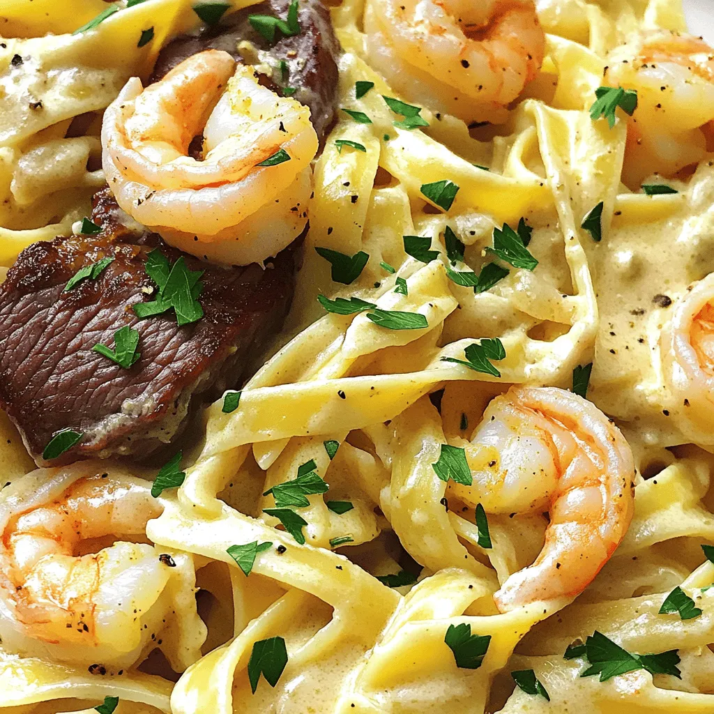 To make Cajun Shrimp and Steak Alfredo, gather the following items: - 8 oz fettuccine pasta - 1 lb shrimp, peeled and deveined - 1 lb flank steak, sliced into thin strips - 2 tablespoons Cajun seasoning - 3 tablespoons olive oil, divided - 4 cloves garlic, minced - 1 cup heavy cream - 1 cup grated Parmesan cheese - Salt and pepper to taste - Fresh parsley, chopped (for garnish) These ingredients work together to create a rich and flavorful dish. The fettuccine pasta serves as a perfect base, while the shrimp and steak add protein and texture. Cajun seasoning gives it a spicy kick, and the creamy sauce ties it all together. Using fresh ingredients will enhance the dish's flavor, making it a delightful meal for any occasion. For the full recipe, check out the details above. To start, you need to boil the fettuccine. Fill a large pot with water and add a pinch of salt. Bring it to a rolling boil. Once the water is boiling, add the fettuccine. Follow the package directions and cook until it is al dente, which usually takes about 8 to 10 minutes. Why is it important to reserve pasta water? Reserving pasta water is key because it helps bind the sauce to the pasta. The starchy water makes the sauce smoother and creamier. So, save about 1 cup of that water before you drain the pasta. For great flavor, you need to season both the shrimp and steak. Take your shrimp and put them in a bowl. Add 1 tablespoon of Cajun seasoning and toss well. Make sure all the shrimp get a good coat. Next, do the same with the flank steak. In another bowl, add the remaining Cajun seasoning. Toss the steak strips until they are evenly coated. This helps to ensure each bite is full of flavor. Cooking flank steak just right is important. Heat 1 tablespoon of olive oil in a large skillet over medium-high heat. Add the seasoned flank steak, cooking for about 3 to 4 minutes on each side. You want it to be browned and cooked through. How do you know when it's done? The steak should be firm but not hard. A meat thermometer can help too. Aim for around 130°F for medium-rare. Once done, take the steak out of the skillet and set it aside. Now it’s time for the shrimp. Use the same skillet to keep those flavors. Add another tablespoon of olive oil and the minced garlic. Cook the garlic for about 30 seconds until it smells great. Then, add the shrimp to the skillet. Cook for 2 to 3 minutes until they turn pink and opaque. How can you tell when shrimp is cooked properly? When shrimp curl into a C shape and turn pink, they are done. Once cooked, take them out and set them aside with the steak. In the same skillet, lower the heat and add the heavy cream. Stir it well and let it warm. Then, gradually sprinkle in the Parmesan cheese while stirring. Keep stirring until the cheese melts and the sauce is creamy. If the sauce gets too thick, add some of that reserved pasta water. This keeps the sauce silky and smooth. Now it is time to bring everything together. In the skillet with the Alfredo sauce, add the drained fettuccine. Toss it well to coat the pasta in the sauce. Then, gently fold in the cooked shrimp and steak. Mix everything together until combined. This ensures every bite is packed with flavor. For the full recipe, check out the detailed steps above. For this dish, I recommend using large shrimp. They hold up well in the sauce and have great bite. Look for shrimp labeled "peeled and deveined" for ease. Flank steak is the best choice for its tenderness and flavor. Slice it thin so it cooks quickly and evenly. Cooking shrimp and steak to perfection is key. For shrimp, cook them until they turn pink and opaque, about 2-3 minutes. Do not overcook, or they will become rubbery. For steak, aim for a nice brown crust. Cook it for about 3-4 minutes on each side for medium-rare. Use a high heat to sear and keep the juices locked in. Want to elevate your dish? Try adding a pinch of smoked paprika for depth. A splash of lemon juice brightens the flavors. You can also toss in some fresh herbs like thyme or basil. If you're feeling adventurous, a dash of hot sauce can add a nice kick. {{image_2}} If you need gluten-free options, you can use gluten-free pasta. Many brands offer great taste and texture. Look for options made from rice or chickpeas. They cook similarly to regular pasta. For a dairy-free Alfredo sauce, try using coconut cream instead of heavy cream. You can also use nutritional yeast for a cheesy flavor without dairy. Almond or cashew milk can work too, but use a thickening agent like cornstarch for creaminess. If you want to switch up the flavor, try using different seasonings. Old Bay seasoning adds a nice kick, while lemon pepper gives a fresh taste. For a milder dish, use Italian herbs like basil or oregano. Each choice offers a unique twist to your meal. To boost this dish, consider adding vegetables. Spinach and bell peppers add color and nutrition. You can also serve it with a side salad or garlic bread. These sides make your meal more filling and enjoyable. For the full recipe, check out the Full Recipe section. To store leftovers of Cajun Shrimp and Steak Alfredo, let the dish cool to room temperature. Then, transfer it to an airtight container. Make sure to seal it well to keep out air. Place it in the fridge. Properly stored, it can last for up to three days. When you want to eat it, reheat in a skillet over medium heat. You can add a splash of cream or water to keep it creamy. If you want to freeze Cajun Shrimp and Steak Alfredo, it's best to do so before adding the shrimp and steak. Cook the pasta and make the sauce, then cool both items. Place them in freezer-safe bags or containers. You can freeze the shrimp and steak separately too. When ready to eat, thaw everything overnight in the fridge. Reheat in a pan over low heat, stirring often, until warmed through. In the fridge, Cajun Shrimp and Steak Alfredo lasts about three days. If frozen, it can stay good for up to three months. However, for the best taste, try to eat it within one month. Make sure to check for any signs of freezer burn before cooking. For the best quality, always store it in airtight containers. Yes, you can prep this dish in advance. Cook the pasta and set it aside. Season the shrimp and steak, then store them in the fridge. You can also make the Alfredo sauce ahead. Simply reheat it on the stove and add a bit of reserved pasta water to restore creaminess. This dish pairs well with simple sides. Consider serving it with: - Garlic bread - Steamed broccoli - A fresh garden salad - Roasted vegetables These sides complement the rich flavors of the Alfredo sauce. To increase the heat level, you can: - Add extra Cajun seasoning. - Mix in some red pepper flakes. - Include diced jalapeños or serrano peppers in the sauté. These options will give your dish a nice kick. The total cooking time is about 30 minutes. Here's the breakdown: - Prep time: 15 minutes - Cook time: 15 minutes This quick cooking time makes it a perfect weeknight meal. Absolutely! This dish is great for events like: - Date nights - Dinner parties - Celebrations Its rich flavors and beautiful presentation make it a standout choice. For the full recipe, check out [Full Recipe]. Cajun Shrimp and Steak Alfredo combines bold flavors with creamy goodness. You learned how to prepare the pasta, season the shrimp and steak, and create a rich Alfredo sauce. With these steps, you can impress anyone with this dish. Don’t forget the storage tips for leftovers. Feel free to experiment with variations to suit your taste or dietary needs. This meal is perfect for both casual dinners and special occasions. Enjoy creating this flavorful dish and share it with friends and family!